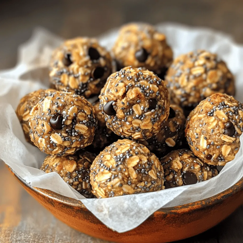 - 2 ripe bananas - 1 cup rolled oats - 1/4 cup chia seeds - 1/4 cup almond butter (or peanut butter) - 1/4 cup honey or maple syrup - 1 teaspoon pure vanilla extract - 1/2 teaspoon baking powder - 1/2 teaspoon ground cinnamon - A pinch of salt - 1/2 cup chopped walnuts or pecans (optional) - 1/2 cup dark chocolate chips (optional) To make Chia Banana Bread Energy Bites, you need simple ingredients. Ripe bananas give our bites natural sweetness and moisture. Rolled oats add texture and fiber. Chia seeds bring protein and healthy fats. Almond butter is creamy and rich but feel free to use peanut butter. For sweetening, honey or maple syrup works well. Both add flavor and stickiness. The vanilla extract enhances the taste, while cinnamon brings warmth. A pinch of salt balances the sweetness. You can add walnuts for crunch or dark chocolate chips for a sweet twist. These optional ingredients boost the flavor and texture. You can mix and match to fit your taste. For the full recipe, you can check out [Full Recipe]. 1. Preheat your oven to 350°F (175°C). This step is key for even baking. 2. Line a baking sheet with parchment paper. This helps to avoid sticking later. 3. In a large bowl, mash the ripe bananas well. Then, mix in almond butter and honey. 4. Add one teaspoon of pure vanilla extract for a nice flavor boost. 1. In a separate bowl, combine rolled oats, chia seeds, baking powder, ground cinnamon, and a pinch of salt. This mix brings the energy bites together. 2. Gradually add the dry mix to the wet mix. Stir gently until everything is just combined. Be careful not to over-mix. 3. If you want extra crunch, fold in chopped walnuts or dark chocolate chips. These are optional but add great flavor. 4. Using your hands or a cookie scoop, shape the mixture into small balls, about one inch in diameter. Space them evenly on the baking sheet. 1. Bake the bites in your preheated oven for 12-15 minutes. Look for golden brown edges to know they’re done. 2. Once baked, let them cool on the baking sheet for about 5 minutes. This helps them firm up. 3. Carefully transfer the bites to a wire rack to cool completely. This keeps them from getting soggy. For the full recipe, refer to the section above. To create the best chia banana bread energy bites, focus on texture. Use ripe bananas. They should be soft and sweet. This will help your bites be moist and tasty. When mixing, combine wet and dry ingredients gently. Over-mixing can lead to tough bites. Keep the mixture thick but not dry. Common mistakes include not using enough ripe bananas. This can make your bites dry. Also, be careful with your baking time. If you bake too long, you lose that soft texture. Check your bites at 12 minutes. They should be golden, not brown. For serving, arrange your energy bites in a fun way. Use a rustic bowl and line it with parchment paper. This adds charm and keeps them fresh. You can also sprinkle chia seeds on top for a decorative touch. Want to showcase your energy bites? Create a tiered display. This draws attention and makes them look fancy. You can also pair them with fresh fruit or yogurt. This adds color and flavor to your snack spread. For storage, keep any extras in an airtight container in the fridge. They stay fresh for up to a week. Enjoy your healthy snack! Try the Full Recipe to get started. {{image_4}} You can easily make this recipe fit your needs. For gluten-free options, choose certified gluten-free rolled oats. This keeps your energy bites safe for those with gluten issues. If you want a vegan version, swap honey for maple syrup. This keeps the sweetness but fits a plant-based diet. You can also use almond butter or peanut butter as your base. To change up the taste, try different nut butters. Cashew butter or sunflower seed butter will add new flavors. Each nut butter brings its unique twist. Adding spices can also make a big difference. Try a pinch of nutmeg or ginger for warmth. You can also add extracts like almond or coconut for a fun twist. Want to pack in more nutrition? Add superfoods like hemp seeds or flaxseeds. They boost the protein and omega-3 content. You can customize your bites for specific diets. If you need more protein, add a scoop of protein powder. This makes your energy bites a great post-workout snack. For the full recipe, check out the earlier section. To keep your Chia Banana Bread Energy Bites fresh, use an airtight container. Glass or plastic containers work well. Make sure the lid seals tightly to keep air out. Store them in the fridge for best results. This cool environment helps maintain flavor and texture. Chia Banana Bread Energy Bites last for about one week in the fridge. If you freeze them, they can last up to three months. To check for spoilage, look for changes in color or smell. If they seem dry or hard, it's time to toss them. For best taste, enjoy them fresh! Can I freeze these energy bites? Yes, you can freeze these energy bites. Place them in a single layer on a baking sheet. Once frozen, transfer them to a zip-top bag. They will stay fresh for up to three months. This makes them a great on-the-go snack! How many energy bites should I eat per serving? A good serving size is about three energy bites. This gives you a nice boost of energy without overdoing it. Adjust based on your hunger or activity level. Listen to your body! What are the health benefits of chia seeds and bananas? Chia seeds are rich in fiber, protein, and omega-3 fatty acids. They help with digestion and keep you full. Bananas provide potassium and natural sugars for quick energy. Together, they make a nutritious snack. Can I replace oats with another grain? Yes, you can use other grains like quinoa or buckwheat. Just make sure they are cooked and cooled. This gives you a different texture and taste. What other sweeteners can I use instead of honey or maple syrup? You can use agave nectar, coconut sugar, or stevia. Each sweetener has its unique flavor. Choose one that fits your taste and dietary needs. Can I make these energy bites without an oven? Absolutely! You can make these without an oven. Simply roll the mixture into balls and chill them in the fridge. This helps them firm up nicely. What’s the best method for mashing bananas? To mash bananas, use a fork or a potato masher. Start with ripe bananas for the best flavor. Aim for a smooth consistency with a few small lumps for texture. These Chia Banana Bread Energy Bites are a simple and fun treat. You learned about the best ingredients, preparation steps, and tips for success. We explored variations to fit your needs and preferences. Storing them properly ensures they stay fresh. Remember, you can customize the flavors and textures to your mood. Enjoy these healthy bites as a snack or energy boost. They are perfect for kids and adults alike. Now, get in the kitchen and start creating!