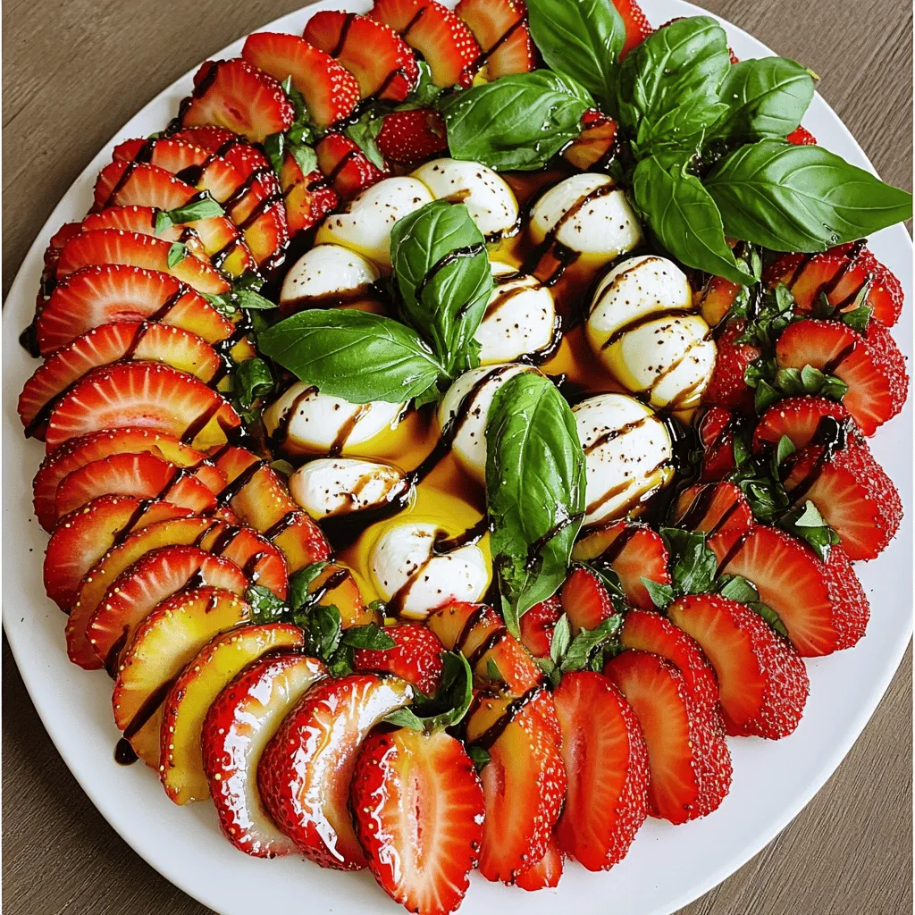 To make this fresh salad, you need: - 2 cups fresh strawberries, hulled and thinly sliced - 8 ounces fresh mozzarella cheese, sliced into rounds - 1 cup fresh basil leaves, gently washed - 1/4 cup balsamic glaze, for drizzling - 2 tablespoons high-quality extra-virgin olive oil - Salt and freshly cracked black pepper, to taste These ingredients are the stars of the dish. Choose ripe strawberries for the best flavor. Fresh mozzarella should be soft and creamy. Use basil leaves that are vibrant and fragrant. While the dish is great as is, you can add: - Whole basil leaves for decoration - Crushed red pepper flakes for spice - Chopped nuts, like pistachios, for crunch These garnishes can elevate your salad’s look and taste. They add texture and extra flavor, making your Caprese even more enjoyable. You can swap some ingredients if needed: - Use burrata cheese instead of mozzarella for creaminess. - Try a different fruit, like peaches or nectarines, for a twist. - Use flavored balsamic vinegar if you don’t have glaze. These substitutions keep the essence of the dish while letting you experiment. They can help you use what you have on hand, making the recipe flexible and fun. For the full recipe, check out Balsamic Strawberry Caprese Delight. To start, gather all your ingredients. Rinse the strawberries under cold water. Remove the green tops, called hulls. Slice each strawberry into thin, even pieces. This helps with the bite and look of your salad. Next, take your mozzarella cheese and slice it into rounds. Aim for similar thickness as the strawberries. This will help with layering later. Now, wash the basil leaves gently. Grab a large serving platter. Begin layering by placing a slice of mozzarella flat on the platter. On top, add a slice of strawberry. Then, place a fresh basil leaf on the strawberry. Repeat this process, alternating between mozzarella, strawberry, and basil. Keep going until you use all your ingredients. The colors should look bright and fresh. Once you finish layering, it’s time for the balsamic glaze. Drizzle it generously over the arranged salad. This will add sweetness and tang. Next, drizzle the extra-virgin olive oil over the dish. It brings a rich flavor that ties everything together. Now, season with salt and freshly cracked black pepper to taste. This step is key for enhancing the flavors. Let the dish sit at room temperature for about five minutes. This resting time helps the flavors mix. Enjoy your Balsamic Strawberry Caprese! For the full recipe, check out the details above. To boost the taste of your Balsamic Strawberry Caprese, use ripe strawberries. They add sweetness and flavor. Look for strawberries that are bright red with no white spots. Fresh mozzarella is key too. Choose high-quality cheese for a creamy and rich taste. For the balsamic glaze, find a thicker version. A thicker glaze clings to the strawberries and adds more flavor. Finally, sprinkle salt and black pepper right before serving. This step brings all the flavors together. This salad is great for any meal. Serve it as a starter at a dinner party or a light lunch. You can also pair it with grilled chicken or fish for a complete meal. If you want to impress guests, serve it with crusty bread. This adds a nice crunch and makes the meal more filling. You can even make mini versions for a fun appetizer. Just layer smaller pieces on toothpicks for easy eating. Presentation is key for a dish like this. Use a large white platter to make the colors pop. The red strawberries and green basil will look stunning against the white cheese. Arrange the layers in a circular pattern for a beautiful display. You can also add whole basil leaves around the dish for flair. Drizzle the balsamic glaze just before serving for a shiny finish. This meal not only tastes good but also looks amazing on the table. {{image_4}} You can change the fruits in Balsamic Strawberry Caprese. In summer, try peaches or nectarines. They add a sweet and juicy touch. In fall, use figs for a rich flavor. In winter, consider pomegranate seeds for a pop of color and taste. Each season brings fresh options to keep your salad exciting. This recipe is quite flexible for different diets. If you want a vegan version, swap mozzarella for vegan cheese or avocado slices. For a low-carb option, skip the cheese and add more basil and strawberries. You can also use a sugar-free balsamic glaze to cut down on sugar while still enjoying great taste. Mixing flavors can make your salad shine even more. Try adding a sprinkle of crushed red pepper for heat. A drizzle of honey can add sweetness, balancing the tangy balsamic glaze. For a savory note, mix in some chopped olives or sun-dried tomatoes. These changes can help you create a unique dish each time. Store your Balsamic Strawberry Caprese in the fridge. Use an airtight container. It will stay fresh for up to two days. The flavors will blend more over time. Check the strawberries for freshness before serving. Avoid long-term storage. This salad tastes best when fresh. If you must store it longer, keep each ingredient separate. Store strawberries, mozzarella, and basil in their own containers. Combine them just before serving to maintain taste and texture. You do not need to heat this salad. Enjoy it cold for the best flavor. If you want a warm dish, consider a Caprese baked dish instead. That way, you can enjoy the flavors in a different way. For a full recipe, check out the [Full Recipe]. The Balsamic Strawberry Caprese tastes best when fresh. You can store it in the fridge for 1 to 2 days. However, the strawberries may get soft and lose their crunch. To keep the salad fresh, avoid adding balsamic glaze until you are ready to serve. This way, the flavors stay bright and vibrant. You can prep the ingredients ahead of time. Slice the strawberries and mozzarella a few hours before serving. Store them separately in the fridge. Assemble the salad just before you eat. This keeps the salad looking fresh and tasty. If you must prepare it in advance, assemble it up to 4 hours before serving, but add the glaze later. Balsamic Strawberry Caprese pairs well with grilled chicken or fish. It also complements a simple pasta dish. For a light meal, serve it with crusty bread or a fresh green salad. The bright flavors of the salad work well with savory dishes. You can even enjoy it as a side for a summer barbecue. For the full recipe, check out the Full Recipe section. This article covered everything you need for a great Balsamic Strawberry Caprese. We explored the ingredients, steps to make it, and even some tips for serving. You learned about ingredient swaps and tasty variations. Remember, it’s all about balancing flavors and getting creative. Enjoy this dish fresh, or store it for later. With the right prep and care, you can savor it again. Now, go ahead and impress your guests with this delightful recipe!