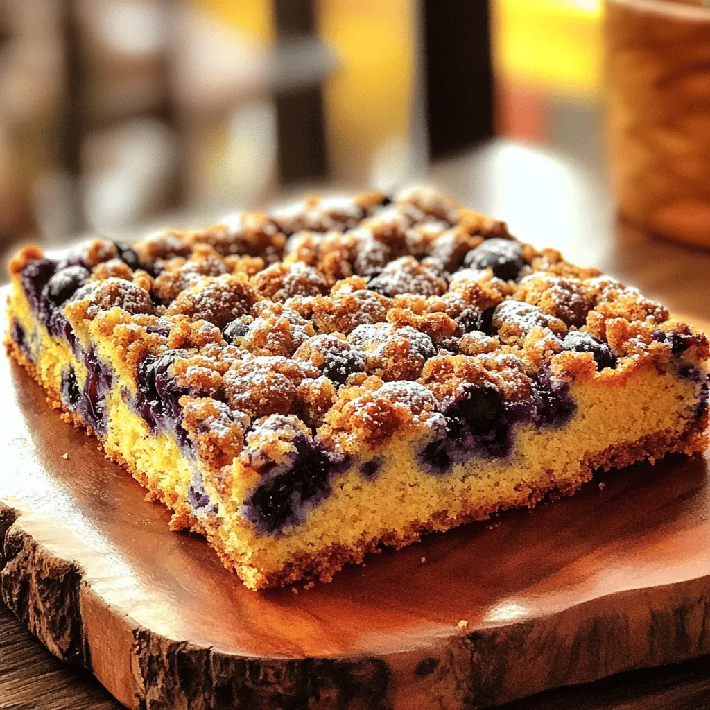 When I bake my Blueberry Muffin Streusel Cake, I gather fresh and simple ingredients. Each one plays a key role in making this cake rich and tasty. Here’s what you need: - 2 cups all-purpose flour - 1 cup granulated sugar, divided into 1/2 cup and 1/2 cup - 1 teaspoon baking powder - 1 teaspoon baking soda - 1/2 teaspoon salt - 1/2 cup unsalted butter, softened to room temperature - 2 large eggs - 1 cup sour cream - 1 teaspoon pure vanilla extract - 2 cups fresh blueberries, rinsed and dried - 1 cup packed brown sugar - 1 teaspoon ground cinnamon - 1/2 cup rolled oats Using fresh blueberries makes the cake juicy and flavorful. The streusel topping adds a crunch that everyone loves. The balance of sweet and tangy is just perfect. You can find the full recipe to make this delicious cake. It’s a great way to enjoy baking at home! Set your oven to 350°F (175°C). It is key for baking. While it warms up, prepare your baking pan. Generously grease a 9x13 inch pan with non-stick spray or butter. This helps the cake come out easily. In a large bowl, combine 2 cups of all-purpose flour, 1/2 cup of granulated sugar, 1 teaspoon of baking powder, 1 teaspoon of baking soda, and 1/2 teaspoon of salt. Whisk this mix well. No lumps should remain. This step is vital for a fluffy cake. In a separate bowl, use an electric mixer to beat 1/2 cup of softened butter with the other 1/2 cup of granulated sugar. Mix it on medium speed. Continue until the mixture is light in color and fluffy, which takes about 2-3 minutes. This adds air to your batter. Add 2 large eggs one at a time to the butter mix. Mix well after each addition. Then stir in 1 cup of sour cream and 1 teaspoon of pure vanilla extract. Keep mixing until the batter is smooth. This will enrich the flavor. Slowly add the dry ingredients to the wet mix. Stir gently with a spatula or wooden spoon. Mix just until combined; do not overmix. This keeps the cake from becoming tough and ensures the right texture. Gently fold in 2 cups of fresh blueberries using a spatula. Be careful not to crush them. This helps to keep their shape and burst of flavor intact in the cake. In a small bowl, combine 1 cup of packed brown sugar, 1 teaspoon of ground cinnamon, and 1/2 cup of rolled oats. Mix in melted butter until crumbly. This topping adds a sweet crunch to your cake. Pour the batter into the greased pan, spreading it evenly. Evenly sprinkle the streusel topping over the cake batter. This creates that perfect crumbly finish. Bake the cake for 40-45 minutes. It is done when a toothpick inserted in the center comes out clean or with a few moist crumbs. Once baked, remove the cake from the oven. Let it cool in the pan for 10 minutes. Then, carefully transfer it to a wire rack to cool completely. For presentation, slice the cake into squares and arrange them on a pretty platter. Optionally, dust the top with powdered sugar and add fresh blueberries on the side. Enjoy your delicious Blueberry Muffin Streusel Cake! For the complete recipe, check the [Full Recipe]. - Avoiding overmixing: Mix your batter just until the dry and wet ingredients blend. Overmixing makes the cake tough. Stir gently and stop when you see no dry flour. - Choosing the right baking pan: Use a 9x13 inch pan for this recipe. A glass or metal pan works well. Grease it properly to ensure easy removal. - Suggestions for flavor add-ins: Try adding lemon zest or almond extract for a twist. These flavors brighten the cake and complement the blueberries. - Substituting ingredients: For a lighter cake, swap half the sour cream for Greek yogurt. You can also use whole wheat flour for a healthier option. - How to use a toothpick: Insert a toothpick in the center of the cake. If it comes out clean or has a few moist crumbs, your cake is done. - Signs that the cake is ready: Look for a golden top and a springy texture. The edges should pull away slightly from the pan. {{image_4}} You can switch up the flavors in your Blueberry Muffin Streusel Cake. Using other fruits adds a fun twist. Try raspberries, strawberries, or even peaches. These fruits bring their own unique taste and color. You can also add nuts for crunch. Walnuts or pecans work well. If you want a sweeter cake, toss in some chocolate chips. They melt and create gooey pockets of goodness. If you need gluten-free options, use a gluten-free flour blend. This swap keeps the cake moist and tasty. For a dairy-free version, try almond milk or coconut yogurt. Both can replace sour cream without losing flavor. Make sure to check labels for any hidden dairy in other ingredients. Seasons change, and so can your cake! Use fresh, seasonal fruits for a new taste. In summer, try juicy blackberries or cherries. In fall, consider apples or pumpkin spice for a cozy vibe. Holiday-themed variations are also fun. For Christmas, add cinnamon or nutmeg for warmth. You can even decorate with festive sprinkles or edible glitter. These ideas make your Blueberry Muffin Streusel Cake a year-round delight. For the full recipe, check out the [Full Recipe]. To keep your Blueberry Muffin Streusel Cake fresh, use an airtight container. Place the cooled cake in the container and seal it well. This helps prevent it from drying out. Store it at room temperature for up to three days. If you want to keep it longer, refrigeration is a good option. In the fridge, the cake lasts about a week. Make sure you cover it well to avoid any fridge odors. If you want to freeze your cake, slice it first. Wrap each slice tightly in plastic wrap. Then, place the wrapped slices in a freezer bag. Remove as much air as possible to prevent freezer burn. The cake can stay good in the freezer for up to three months. When you're ready to enjoy a slice, take it out of the freezer. Leave it at room temperature for about one hour to thaw. You can also thaw it in the fridge overnight for a slower, even thaw. Enjoy your delicious Blueberry Muffin Streusel Cake anytime! For the full recipe, check the recipe section above. Yes, you can use frozen blueberries. They work well in this cake. Keep in mind, frozen blueberries may release more juice. This can make the cake a bit wetter. To help with this, toss the frozen blueberries in some flour before adding them to the batter. This can help them hold their shape. The cake lasts about 3 to 4 days at room temperature. If you store it in the fridge, it can last up to a week. Make sure to cover it well to keep it fresh. You can use plastic wrap or an airtight container. Yes, you can make this cake ahead of time. I recommend storing it in the fridge. Wrap it well to keep it moist. When you are ready to serve, let it sit at room temperature. You can also warm it in the oven for a few minutes for a fresh taste. This cake pairs nicely with coffee or tea. You can also serve it with a scoop of vanilla ice cream. For a fruity twist, try it with fresh whipped cream or yogurt. Adding a side of fresh fruit can also enhance your experience. Yes, you can adjust the sugar. To lower the sugar, cut the granulated sugar by 1/4 cup. You may also add a bit of cinnamon for extra sweetness without sugar. This keeps the flavor great while reducing the sweet taste. You can try different toppings for fun. A cream cheese frosting adds a rich flavor. You can also use a simple glaze made of powdered sugar and milk. For a crunchy twist, consider adding chopped nuts or coconut flakes. This blog post covered everything from ingredients to baking tips for Blueberry Muffin Streusel Cake. You learned how to mix, bake, and even store your cake. Remember, choosing the right fruits or flavors can make a big difference. Don’t hesitate to try variations; they can add a fun twist. With these simple steps and tips, you can bake a delicious cake. Enjoy the process, and share your creations with others. Happy baking!