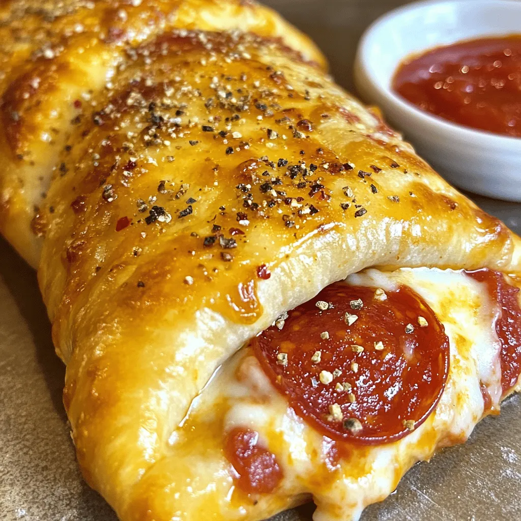 To make your calzone, gather these key items: - 2 cups all-purpose flour - 1 teaspoon instant yeast - 1 teaspoon sugar - 1 teaspoon salt - 3/4 cup warm water (about 110°F or 43°C) - 1 tablespoon olive oil - 1 1/2 cups shredded mozzarella cheese - 1 cup sliced pepperoni - 1/2 teaspoon Italian seasoning - 1/4 teaspoon crushed red pepper flakes (optional) - 1 egg (beaten, for egg wash) These ingredients will give you a rich flavor and tasty texture. The mozzarella melts beautifully and pairs perfectly with pepperoni. You can add extra flavor with these optional items: - Fresh basil leaves for garnish - Garlic powder for added taste - Sliced olives for a briny touch - Spinach or mushrooms for some veggies These additions enhance the dish and let you customize it to your liking. If you need to swap some items, here are some suggestions: - Whole wheat flour instead of all-purpose for a healthier option - Any cheese like cheddar or provolone in place of mozzarella - Turkey pepperoni for a lighter choice - Water can be replaced with milk for a richer dough Feel free to experiment. Cooking is all about finding flavors you love. For the complete recipe, check out the Full Recipe. To make the perfect dough, start with a large bowl. Mix the flour, yeast, sugar, and salt. Whisk them together until they blend well. Next, slowly add the warm water and olive oil. Stir with a spoon until you get a shaggy mix. Now, transfer this dough to a floured surface. Knead it for about 5 to 7 minutes. You want it to feel smooth and elastic. Once done, place your dough in a greased bowl. Cover it with a kitchen towel. Let it rise in a warm spot for 30 to 45 minutes. It should double in size. After your dough has risen, gently punch it down. This releases the air inside. Divide the dough into two equal pieces. Roll each piece into a circle about 10 inches wide. On one half of each circle, sprinkle three-quarters of the mozzarella cheese. Next, layer the sliced pepperoni. Season it with Italian seasoning. If you like a little heat, add crushed red pepper flakes. Carefully fold the other half of the dough over the filling. Pinch the edges to seal them well. This step is key to keep the filling inside. Now, brush the tops of your calzones with the beaten egg. This gives them a lovely golden color. Preheat your oven to 450°F (230°C). Place the calzones on a baking sheet lined with parchment paper. Bake them for 12 to 15 minutes. You want them to puff up and turn golden brown. Keep an eye on them to avoid burning. Once they’re done, take them out and let them cool for a few minutes. Slice them in half to see the cheesy filling. Serve with warm marinara sauce for dipping. Enjoy the ultimate cheesy pepperoni calzone! For the full recipe, check the complete instructions above. To make the best calzone, start with your dough. Use all-purpose flour for a great texture. Measure your ingredients carefully. Too much flour makes the dough dry. On the other hand, too little makes it sticky. Knead your dough for about 5 to 7 minutes. This helps develop gluten, giving your calzone that perfect chew. Let the dough rise in a warm spot. It should double in size. This step is key for a light and airy calzone. Flavor is everything in a calzone. Use fresh mozzarella cheese for a creamy texture. Combine it with sliced pepperoni for a classic taste. Add Italian seasoning to boost the flavor. If you like heat, sprinkle crushed red pepper flakes in your filling. For a twist, you can add veggies like spinach or mushrooms. Just be sure to chop them finely to fit inside. Layer your filling evenly to avoid any spills. Baking your calzone right is crucial. Preheat your oven to 450°F (230°C) before you start. This high heat gives the calzone a nice crust. Line your baking sheet with parchment paper to prevent sticking. Brush the tops with beaten egg for a shiny finish. Bake for 12 to 15 minutes, but keep an eye on them. The calzones should turn golden brown. Let them cool slightly before slicing. This helps keep the cheesy filling from spilling out. Enjoy with warm marinara sauce on the side! {{image_4}} If you want a meat-free calzone, try using fresh veggies. I love spinach, mushrooms, and bell peppers. You can add artichokes or zucchini too. Swap out pepperoni for feta or ricotta cheese. A mix of mozzarella and goat cheese gives great flavor. You can even toss in some olives for a salty touch. Want a kick? Add spicy peppers, like jalapeños or banana peppers. They make your calzone exciting! You can also mix in some cooked sausage or chorizo for a spicy twist. Don’t forget to balance the heat with some creamy cheese. Cheese helps tone down the spice while adding richness. Cheese is key in a calzone. While mozzarella is classic, you can explore other options. Try provolone for a smoky touch or fontina for creaminess. A blend of cheeses can create layers of flavor. Mix mozzarella, cheddar, and parmesan for a cheesy explosion. Whichever you choose, cheese makes every bite delightful. For the full recipe, check out the Ultimate Cheesy Pepperoni Calzone . To store leftover calzones, let them cool down first. Place them in an airtight container. You can also wrap them tightly in plastic wrap. Keep the calzones in the fridge if you plan to eat them within a few days. They will stay fresh for about three days. When you want to eat your leftover calzones, preheat your oven to 350°F (175°C). Place the calzones on a baking sheet. Heat them for about 10-15 minutes. This keeps the crust crispy and warms the filling. You can also use a microwave, but it may make the crust soft. If you choose this method, heat them in short bursts to avoid overcooking. To freeze calzones, wrap them tightly in plastic wrap and then in foil. This prevents freezer burn. You can also place them in a freezer-safe bag. Label the bag with the date. They will keep well for up to three months. When ready to eat, thaw the calzones in the fridge overnight. Then, follow the reheating tips to enjoy them again. You can find the Full Recipe for making fresh calzones anytime! The best way to reheat a calzone is in the oven. Preheat your oven to 350°F (175°C). Place the calzone on a baking sheet. Heat for about 10-15 minutes. This keeps the crust crispy and the filling warm. You can also use an air fryer. Set it to 350°F (175°C) and heat for about 5-7 minutes. Yes, you can make the dough ahead of time. After you knead it, let it rise. Once it doubles in size, punch it down. Then, wrap it tightly in plastic wrap. Store it in the fridge for up to 24 hours. You can also freeze it for up to 3 months. Just remember to thaw it in the fridge before using. Dipping sauces can make your calzone even more tasty. I recommend marinara sauce, which is classic and delicious. You can also try garlic butter for a rich flavor. Ranch dressing adds a nice twist too. For a spicy kick, sriracha or hot sauce works well. Your calzone is done when it is golden brown on top. It should puff up and feel firm to the touch. You can also use a food thermometer. The inside should reach 165°F (74°C). If you see bubbling cheese through the crust, that’s a good sign too! In this post, I covered how to make the ultimate cheesy pepperoni calzone. We explored key ingredients, how to prepare the dough, and baking tips. I also shared variations and storage advice. Keep experimenting with flavors and fillings to make it your own. With these steps, you can master this tasty dish. Enjoy your delicious calzones and share them with friends!