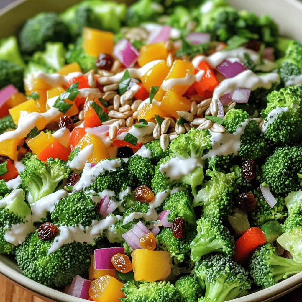 To make a tasty broccoli salad, you need simple and fresh ingredients. Here’s what you should gather: - 4 cups fresh broccoli florets - 1 cup bell peppers (any color), diced - 1/2 cup red onion, finely chopped - 1/2 cup raisins - 1/2 cup sunflower seeds - 1/2 cup cooked quinoa (optional for extra texture) - 1/2 cup Greek yogurt - 2 tablespoons apple cider vinegar - 1 tablespoon honey or maple syrup - Salt and pepper to taste - A pinch of garlic powder (optional) Each ingredient adds flavor and texture. Fresh broccoli gives a nice crunch. Bell peppers add sweetness and color. Red onion brings sharpness, while raisins add a sweet touch. Sunflower seeds give a nutty flavor and a little bite. Greek yogurt acts as a creamy base for the dressing, making the salad rich. Apple cider vinegar adds a tangy twist. Honey or maple syrup balances the tartness. Lastly, seasonings like salt, pepper, and garlic powder round out all the tastes. For the full recipe details, check out the Crunchy Broccoli Bliss Salad 🥦. 1. Blanching the broccoli: Start by boiling water in a medium pot. Once it boils, add 4 cups of fresh broccoli florets. Blanch them for 2 minutes. This keeps them bright and crunchy. 2. Shocking the broccoli in ice water: After blanching, move the broccoli to a bowl filled with ice water. This quick shock stops cooking. Let them sit in the ice bath for 5 minutes, then drain and pat them dry. 3. Mixing the salad ingredients: In a large bowl, combine the cooled broccoli, 1 cup of diced bell peppers, 1/2 cup of finely chopped red onion, 1/2 cup of raisins, and 1/2 cup of sunflower seeds. If you want more texture, add 1/2 cup of cooked quinoa. Stir gently to mix everything well. 4. Whisking the dressing ingredients: In a small bowl, mix 1/2 cup of Greek yogurt, 2 tablespoons of apple cider vinegar, 1 tablespoon of honey or maple syrup, and a pinch of salt and pepper. If you like, add a pinch of garlic powder. Whisk until smooth. 5. Tossing the salad with dressing: Drizzle the dressing over the salad. Toss the mixture carefully. Make sure every piece gets coated in that creamy goodness. 6. Time to chill before serving: Taste the salad and adjust the salt or pepper if needed. Cover the bowl and put it in the fridge for at least 30 minutes. This allows the flavors to mix nicely. Enjoy making this crunchy broccoli bliss salad with the full recipe! To keep your broccoli crisp, start with fresh florets. Blanch them for just 2 minutes. This quick cooking keeps the bright green color and crunchy feel. After blanching, plunge them into ice water. This stops the cooking and locks in that crunch. If you want more crunch, try adding raw veggies like carrots or snap peas. You can also use a mix of blanched and raw broccoli for varied texture. For the best flavor, taste your salad as you mix. If it needs more zing, add extra apple cider vinegar. Want some heat? A pinch of red pepper flakes can spice things up. You can also swap the honey for a splash of lemon juice for a fresh twist. If you want to get creative, try adding diced avocado or fresh herbs like dill or basil. These will boost the flavor and make your salad unique. To make your salad look great, serve it in a large bowl. A colorful bowl makes it stand out. For a finishing touch, sprinkle extra sunflower seeds on top. Fresh herbs like cilantro or parsley can add color and flavor. You can even add edible flowers for a fun look. When you present your salad well, it invites everyone to dig in. {{image_4}} For a fresh twist on your broccoli salad, try adding different greens. Spinach or kale can work well. You can also mix in other veggies like carrots or cucumbers for added crunch. If you want more flavor, consider using roasted nuts like almonds or walnuts instead of sunflower seeds. Each option brings its own taste and texture. You can use store-bought dressing, but I love making my own. A simple blend of Greek yogurt and vinegar gives a creamy texture. For a zesty kick, add lemon juice or mustard. You can also mix in herbs like dill or parsley for extra flavor. This way, you can customize the salad to your liking. Pair this salad with grilled chicken or fish for a complete meal. The freshness of the salad complements rich proteins nicely. You can also serve it as a side with sandwiches or wraps. For a fun twist, try it as a topping on baked potatoes. This adds a cool and crunchy layer to your meal. To keep your broccoli salad fresh, store it in the fridge. Use a tight container. Glass or plastic containers work well. Make sure to cover the salad with a lid or plastic wrap. This keeps moisture in and prevents drying out. If the salad has dressing mixed in, it lasts about 3 days in the fridge. After that, the veggies may get soggy. If you store the dressing separately, it can last up to a week. This way, your salad stays crisp and tasty. Can you freeze broccoli salad? It’s not the best option. Freezing can change the texture of the veggies. If you want to freeze it, here are steps: 1. Prepare the salad without the dressing. 2. Place it in a freezer bag or container. 3. Remove as much air as possible. 4. Label and date your container. To thaw, place it in the fridge overnight before serving. This keeps your salad fresh and ready to enjoy. For the best flavor, try to eat it within a month. For the full recipe, check out the Crunchy Broccoli Bliss Salad. Broccoli salad is packed with nutrients. Broccoli is low in calories and high in vitamins. It has vitamin C, vitamin K, and fiber. These nutrients support your immune system and keep your bones strong. The added ingredients also boost health. Bell peppers add vitamin A and antioxidants. Raisins provide natural sweetness and iron. Sunflower seeds offer healthy fats and protein. Greek yogurt gives you calcium and probiotics. Together, they make a tasty and healthy dish. Yes, you can make broccoli salad ahead of time! It’s great for meal prep. Just keep a few tips in mind. - Prep the ingredients: You can chop the broccoli and other veggies in advance. - Store separately: Keep the dressing in a separate container. This will keep the salad fresh and crunchy. - Mix before serving: Combine everything before you serve it. This helps the flavors blend well. To make your broccoli salad more filling, add grains or proteins. Here are some ideas: - Quinoa: It adds texture and protein, great for a meal. - Chickpeas: They are high in protein and fiber. Toss them in for extra substance. - Chicken or tofu: Grilled chicken or marinated tofu will make it heartier. Adding these ingredients makes the salad a complete meal. You can enjoy it anytime! For the full recipe, check out the Crunchy Broccoli Bliss Salad. This blog post covered all you need to know about broccoli salad. We listed essential ingredients, shared easy steps, and provided smart tips for the best results. You learned how to mix flavors, tweak textures, and store your salad for freshness. Remember, broccoli salad is not just healthy; it’s also flexible and fun to customize. Enjoy making it your way, and share it with friends and family. A tasty, colorful salad makes every meal better!