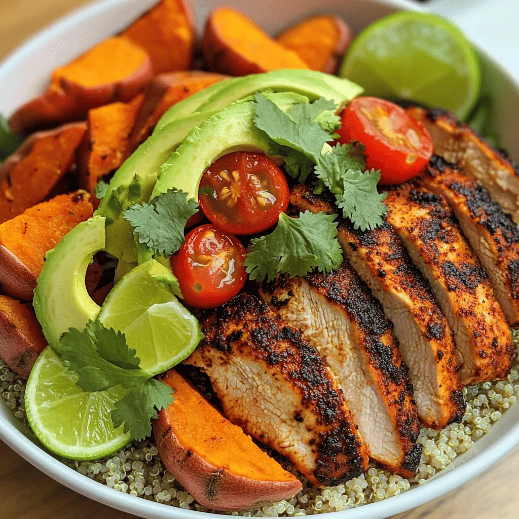 - Chicken: 2 boneless, skinless chicken breasts - Sweet Potatoes: 2 medium sweet potatoes, peeled and cubed - Quinoa: 1 cup cooked - Seasoning: smoked paprika, garlic powder, onion powder, cayenne pepper, salt, black pepper - Toppings: avocado slices, cherry tomatoes, fresh cilantro, lime wedges In this recipe, the chicken and sweet potatoes shine. The chicken gives you protein, while sweet potatoes add fiber and sweetness. The quinoa is a nice base, making the dish filling and nutritious. I use smoked paprika for a deep flavor that pairs well with the sweetness of the potatoes. Garlic and onion powders add depth, and cayenne pepper gives a gentle heat. Adjust the cayenne based on your spice level. Toppings are key for freshness. Avocado adds creaminess, while cherry tomatoes offer a juicy burst. Fresh cilantro brightens the dish, and lime wedges give a zesty finish. You can find the full recipe in the article for detailed steps. This dish is colorful, healthy, and a feast for your taste buds. To make the chicken tasty, start with a great seasoning mix. You need smoked paprika, garlic powder, onion powder, cayenne pepper, salt, and black pepper. Mix these spices in a bowl. This blend gives the chicken a smoky and spicy kick. Next, coat the chicken breasts well. Rub the seasoning all over the chicken. Make sure every side gets flavor. This step is key for a delicious bite. Now, let’s get the sweet potatoes ready. Preheat your oven to 425°F (220°C). Toss the sweet potato cubes in a bowl with one tablespoon of olive oil. Add a pinch of salt and mix well. This will help them caramelize nicely. Spread the potatoes on a baking sheet. Make sure they are in a single layer. Roast them for 25-30 minutes. Turn them halfway through cooking. This helps them brown evenly and get soft inside. While the sweet potatoes roast, it’s time to cook the chicken. Heat the remaining tablespoon of olive oil in a skillet on medium-high heat. Add the seasoned chicken to the pan. Cook each side for about 6-7 minutes. You want the chicken to have a nice blackened crust while staying juicy inside. Once cooked, let the chicken rest for a few minutes. This helps keep the juices in. Then, slice the chicken into strips. Now it’s time to put everything together. Start with a base layer of cooked quinoa in a large bowl. Next, add the roasted sweet potatoes. Then, layer the sliced blackened chicken on top. Add avocado slices and halved cherry tomatoes next. Arrange them nicely for a colorful look. The order of ingredients adds to the flavor and makes the bowl pretty. Finally, sprinkle chopped cilantro on top. Serve with lime wedges for a fresh squeeze of juice. This will brighten up the dish and enhance the flavors. For the full recipe, check out the detailed instructions. For a milder dish, reduce the cayenne pepper. You can use just a pinch for heat. If you love spice, add more cayenne or some crushed red pepper flakes. Marinate the chicken for at least 30 minutes. Use the spice mix to coat every side. This adds depth to the flavor. You can grill the chicken instead of using a skillet. This gives a smoky taste and nice grill marks. To avoid overcooking sweet potatoes, check their doneness at 20 minutes. You want them tender but not mushy. A fork should go in easily but not fall apart. Serve in wide, shallow bowls. This shows off the colors and textures. Layer the ingredients for a beautiful look. Try adding a dollop of Greek yogurt on top. It adds creaminess and pairs well with the spices. For extra flair, sprinkle some extra cilantro. This fresh touch brightens the dish and enhances flavor. For the full recipe, check out the details above. {{image_4}} If you want a gluten-free option, swap the quinoa with rice. Both brown rice and cauliflower rice work well. You can also use a gluten-free seasoning blend. For a vegetarian option, replace the chicken with chickpeas or black beans. These add protein and stay filling. If you're looking for vegan protein, consider tempeh or tofu. Marinate them in the same spices and cook until golden brown. Get creative with spices! Instead of smoked paprika, try Cajun seasoning for a kick. You can also use lemon pepper or even curry powder for a unique twist. Toppings can add fun textures. Try adding crunchy nuts, seeds, or even crispy fried onions. Fresh herbs like mint or basil can brighten up the dish too. To make this meal even better, serve it with a fresh side salad. A simple mix of greens, cucumbers, and a light vinaigrette pairs nicely. If you have leftovers, turn them into a wrap. Use a tortilla to wrap up the chicken and sweet potatoes for a quick lunch. You can add extra veggies or sauce for flavor. For the full recipe, check out the details above! To keep your Blackened Chicken and Sweet Potato Bowls fresh, use airtight containers. Glass or BPA-free plastic containers work best. Store your leftovers in the fridge. They will last for about three to four days. Make sure to let them cool down before sealing. This helps prevent moisture buildup. If you want to save your meal longer, freezing is a great option. First, separate the chicken, sweet potatoes, and quinoa into different containers. This keeps the flavors fresh. You can freeze each component for up to three months. When you're ready to eat, thaw them overnight in the fridge. To reheat, use the microwave or oven. For the best taste, reheat each part separately. This keeps the chicken juicy and the sweet potatoes soft. If you use the oven, cover them with foil. This helps retain moisture and flavor. Enjoy your meal as if it were fresh! It takes about 15 minutes to prep and 30 minutes to cook. In total, you need 45 minutes. This is great if you want a quick, tasty meal. Yes, you can use frozen sweet potatoes. They will save you some prep time. However, they may not roast as well as fresh ones. If you use frozen, cook them a bit longer. You can serve a fresh salad or some grilled veggies. A dollop of Greek yogurt or sour cream adds creaminess. You can also serve some warm tortillas on the side. To get that perfect blackened look, use high heat. Make sure your skillet is hot before cooking. Coat the chicken well with the spice mix. Cook each side for about 6-7 minutes until it has a nice crust. This blog post covered how to make delicious Blackened Chicken and Sweet Potato Bowls. We explored the necessary ingredients, cooking steps, and tips to enhance flavor. You’ve learned how to store leftovers and variations for different diets. Remember, you can customize this dish to suit your taste. Try new spices or toppings to keep things exciting. Enjoy your cooking, and make sure to share this recipe with your friends!