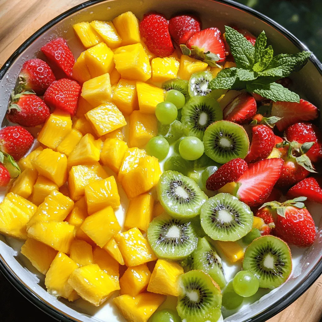 To make a tasty fruit salad with condensed milk, you need: - 1 cup fresh pineapple, diced into bite-sized pieces - 1 cup ripe mango, diced into small chunks - 1 cup strawberries, hulled and sliced - 1 cup kiwi, peeled and sliced into rounds - 1 cup grapes, halved - 1 can (14 oz) sweetened condensed milk - 1 tablespoon fresh lime juice - 1 teaspoon pure vanilla extract - Fresh mint leaves, for garnish Fresh fruits are the star of this dish. Each fruit adds its unique flavor and color. Sweetened condensed milk is key here. It adds a creamy texture and sweetness that ties everything together. Lime juice and vanilla enhance the flavors, making every bite special. To finish, mint leaves add a fresh touch. They look great and give a nice flavor boost. This combination of ingredients creates a refreshing dessert that everyone loves. Try this full recipe to make your own delightful fruit salad. To make a great fruit salad, start by dicing and slicing your fruits. For the pineapple, cut it into bite-sized pieces. When you prepare mango, make sure to remove the pit and slice it into small chunks. For strawberries, hull them and slice them into halves or quarters. Kiwi should be peeled and sliced into rounds. Halve the grapes as well. Mixing the fruits gently is very important. Use a large spoon to toss them together. Be careful not to mash them. You want to keep the fruit pieces intact for a beautiful look and great texture. Next, you will make the dressing. In a small bowl, combine the sweetened condensed milk with fresh lime juice and pure vanilla extract. Use a whisk to mix these ingredients until the dressing is smooth and creamy. For the perfect consistency, make sure not to add too much lime juice. You want a balance between sweetness and tanginess. Now it’s time to assemble your salad. Carefully pour the sweetened condensed milk dressing over the mixed fruits in the large bowl. Use a spatula or a large spoon to gently fold the dressing into the fruits. Check for the taste balance after mixing. If you want more sweetness, add a little more condensed milk. If it’s too sweet, add a splash more lime juice for brightness. This process ensures every piece of fruit gets a nice coating while staying whole. Enjoy your Tropical Indulgence Fruit Salad! For the full recipe, check out the details above. To make your fruit salad pop, try adding fresh citrus juices. A splash of orange or lemon juice brightens the flavors. You can mix these with the sweetened condensed milk. Adjust the sweetness by adding more or less condensed milk. If you find the salad too sweet, a bit of lime juice can balance it out perfectly. Presentation matters! Serve your fruit salad in clear glass bowls. This way, the colorful fruits look appealing and inviting. For a touch of flair, sprinkle lime zest on top. It adds flavor and a lovely visual contrast, making the dish stand out. What goes well with fruit salad? You can serve it as a side dish for grilled meats or as a light dessert after a meal. For beverage pairings, try iced tea or lemonade. These drinks complement the sweetness of the fruit salad and make a balanced meal. Enjoying your fruit salad with these pairings can elevate your dining experience. {{image_4}} You can easily change the fruits in this salad. Try using fruits like papaya, passion fruit, or banana. Each fruit adds its own taste. If you have seasonal fruits, use them! Fresh fruits like berries or peaches can make the salad pop. Just keep the sweetened condensed milk as the base. It pairs well with any fruit. Want a lighter option? Swap the sweetened condensed milk for yogurt or coconut cream. Both options add creaminess and flavor. You can also use frozen fruits instead of fresh ones. They work well and can save you time. Just let them thaw a bit before mixing so they don’t get too watery. To make this fruit salad a dessert, you can add nuts or granola. Both add a nice crunch and texture. A drizzle of chocolate can also make it special. Just melt some chocolate and pour it over the top. It transforms the salad into a sweet treat. For the full recipe, check out the Tropical Indulgence Fruit Salad. To keep your leftover fruit salad fresh, follow these steps. First, place it in an airtight container. This helps prevent air from spoiling the fruit. Glass or plastic containers work well. Make sure the container is clean and dry before adding the salad. If you have extra dressing, store it separately to avoid soggy fruit. Understanding how long this fruit salad lasts is key. In the fridge, it can stay fresh for about three days. After that, the fruit may start to lose its crunch and flavor. Watch for signs of spoilage, like a change in color or a sour smell. If the fruit looks mushy or slimy, it's best to toss it. Can you freeze fruit salad? It's not ideal, but you can freeze some fruits. Pineapple, mango, and strawberries freeze well. To freeze, chop these fruits and place them in a freezer bag. Remove as much air as you can before sealing. For the best taste, try freezing the fruits separately. This keeps their flavor and texture intact. When ready to use, simply thaw and mix with the dressing from the Full Recipe. Enjoy your tasty and refreshing fruit salad! You can keep fruit salad with condensed milk in the fridge for about 2 to 3 days. After that, the fruits may become mushy, and the salad may lose its fresh taste. Always cover the bowl tightly to keep it from drying out or absorbing odors. Yes, you can make this fruit salad ahead of time. To keep it fresh, mix the fruits and dressing separately. Combine them just before serving. This way, the fruits stay crisp, and the dressing remains creamy, giving you a refreshing treat every time. You can use many fruits in this recipe. Try peaches, blueberries, or even bananas. Each fruit brings its own flavor. Peaches add sweetness, while blueberries give a burst of tartness. Use what you love and what’s in season for the best taste. Yes, this fruit salad recipe is completely gluten-free. It only contains fruits and sweetened condensed milk, both of which are safe for those with gluten sensitivities. Always check labels on the condensed milk to ensure there are no hidden gluten ingredients. This blog covered how to make a delicious fruit salad. We explored which fruits and condiments work best. You learned how to prep fruits, make the dressing, and assemble everything. Exploring variations and storage tips adds more excitement to your dish. Remember, you can mix flavors and try new fruits anytime. Enjoy serving your fresh, tasty fruit salad at gatherings or just for yourself. Happy cooking!