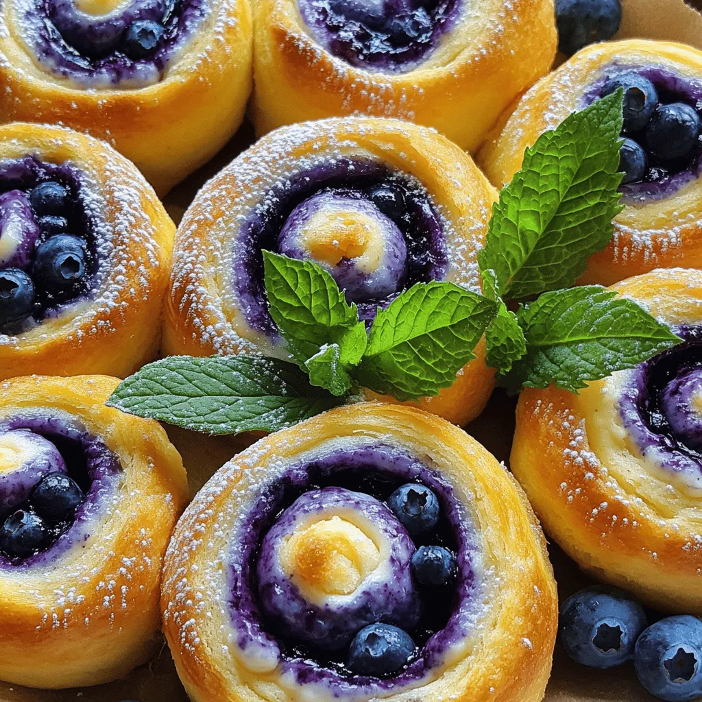 - 2 ½ cups all-purpose flour - ¼ cup granulated sugar - 1 packet (2 ¼ teaspoons) active dry yeast - ½ teaspoon salt - ½ cup milk, warmed - 2 tablespoons unsalted butter - 1 large egg - 1 cup fresh blueberries - 8 oz cream cheese - ¼ cup granulated sugar - 1 teaspoon vanilla extract - 1 egg yolk - 1 cup powdered sugar - 2 tablespoons milk - ½ teaspoon vanilla extract Each of these ingredients plays a key role in making the Blueberry Cheesecake Swirl Rolls so special. The flour and sugar form the base of the dough, while yeast helps it rise and become fluffy. The warm milk is crucial too, as it activates the yeast. Don't forget the blueberries! They add a burst of flavor and color. The cheesecake filling is creamy and dreamy. Cream cheese gives it that rich texture, while sugar and vanilla enhance the taste. The egg yolk adds richness and helps it set. Finally, the glaze brings it all together. It adds sweetness and a nice shine to the rolls. You can find the Full Recipe above to guide you through each step. Trust me; these rolls will be an irresistible treat you can't resist! To start, you need to mix warm milk, sugar, and yeast in a small bowl. The milk should be warm, about 110°F (43°C). After you mix these, let the mixture sit for 5-10 minutes. It should become frothy and bubbly. This froth shows that the yeast is active and ready to work. Next, grab a large mixing bowl. Combine the all-purpose flour and salt in this bowl. Make a well in the center. Pour in the frothy yeast mixture, melted butter, and the large egg. Stir until a shaggy dough forms. Then, lightly flour a clean surface and knead the dough for about 5-7 minutes. You want it to become smooth and elastic. Now, place the dough in a greased bowl. Cover it with a damp cloth and let it rise in a warm spot for about 1 hour. It should double in size. While the dough rises, prepare the cheesecake filling. In a medium bowl, beat the softened cream cheese with granulated sugar, vanilla extract, and egg yolk. Mix until the filling is smooth and well combined. Set aside for later. Once the dough has risen, turn it out onto a floured surface. Roll it into a rectangle, about 12x18 inches in size. Spread the cheesecake filling evenly over the dough. Leave about a ½ inch border along the edges. Now sprinkle the fresh blueberries on top of the filling. Starting from one long edge, carefully roll the dough into a tight log. Pinch the seams to seal the roll and cut it into 12 equal pieces. Place the rolls in a greased 9x13 inch baking dish. Cover them with a cloth and let them rise for an additional 30 minutes. Preheat your oven to 350°F (175°C). When the rolls have finished rising, bake them for 25-30 minutes. They should be golden brown on top. While the rolls bake, prepare the glaze. In a bowl, whisk together powdered sugar, milk, and vanilla extract. Mix until the glaze is smooth and creamy. After removing the rolls from the oven, let them cool for a few minutes. Drizzle the glaze generously over the top. This step is key to enhancing the flavor of your rolls. For the complete recipe, refer to the Full Recipe section. Enjoy these delightful blueberry cheesecake swirl rolls! To make the dough perfect, you need active yeast. Start by mixing warm milk, sugar, and yeast. Let it sit until it bubbles. This shows the yeast is alive. Once your yeast is active, combine it with flour and salt. Knead the dough until it feels smooth and elastic. This usually takes about five to seven minutes. The right texture is key for soft rolls. The cheesecake filling needs room temperature cream cheese. This helps it blend smoothly with sugar and vanilla. Keep mixing until it is creamy, but don’t overmix. If you mix too much, the filling may become too runny. Remember, a thick filling keeps the rolls from being soggy. When baking, check for doneness by the color of your rolls. They should be golden brown on top. This means they are cooked through. After baking, let them cool a bit before adding the glaze. Cooling helps the glaze stick better and makes the rolls even tastier. The glaze will soak into the warm rolls, adding extra sweetness. For the full recipe, check out the complete guide on making these delightful Blueberry Cheesecake Swirl Rolls! {{image_4}} You can change the fruit in these rolls for a new twist. Swap blueberries for raspberries or strawberries. Both fruits add a sweet and tart flavor. This gives your rolls a fresh taste. The bright colors also make your dish pop. You can even mix fruits for a fun swirl effect. If you want to change the cheesecake flavor, try adding lemon or chocolate. Lemon brings a zesty touch that pairs well with the sweetness. Chocolate makes the filling rich and creamy. These flavors add excitement to your rolls, making them even more special. For those with dietary needs, you can make some easy swaps. Use gluten-free flour to keep these rolls safe for those avoiding gluten. For a vegan option, replace the cream cheese with a plant-based alternative. You can also use flax eggs instead of regular eggs. These adjustments let everyone enjoy this tasty treat. Check out the Full Recipe to get started on your own delicious Blueberry Cheesecake Swirl Rolls! Store your leftover rolls in a covered container at room temperature. This keeps them soft and fresh. If you want to keep them longer, place them in the fridge. This can extend their freshness for a few days. Just remember, the fridge may dry them out a bit. To reheat your rolls, use an oven or microwave. For the oven, preheat to 350°F (175°C). Wrap the rolls in foil to keep them fluffy. Heat for about 10 minutes. If using a microwave, place a roll on a plate. Heat for about 15-20 seconds. This warms them quickly without making them tough. You can freeze both unbaked and baked rolls. For unbaked rolls, place them in a single layer on a baking sheet. Freeze until firm, then transfer to a freezer bag. For baked rolls, cool completely first. Then wrap them tightly in plastic wrap and foil. They keep well for up to three months. When ready to use, thaw in the fridge overnight and bake at 350°F (175°C) for about 10 minutes. Enjoy your delicious Blueberry Cheesecake Swirl Rolls from the [Full Recipe]. To check if your rolls are done, look for a golden color on top. You can also tap the bottom of a roll; it should sound hollow. If you have a thermometer, the inside should reach about 190°F (88°C). The rolls will be soft and spring back when pressed lightly. Yes, you can prepare these rolls in advance. You can make the dough and fill it, then chill it overnight in the fridge. Just let it sit at room temperature for about 30 minutes before baking. You can also bake them, let them cool, and store them in the fridge for up to 2 days. If you want to swap out cream cheese, you can use mascarpone cheese or Greek yogurt. Ricotta cheese is another great option. Just make sure to adjust the sugar, as some of these options can be sweeter or less creamy. These rolls stay fresh for about 2 days at room temperature. If you store them in the fridge, they can last up to 5 days. Just cover them tightly to keep them moist. Absolutely! You can create plain cheesecake rolls by leaving out the blueberries. You can also add other fruits like raspberries or strawberries. For a twist, try adding chocolate chips or nuts for extra flavor. You can make delicious blueberry cheesecake swirl rolls at home. We covered the important ingredients, step-by-step instructions, and tips for perfecting them. Don't hesitate to try different fruit flavors or adjustments. Storing and reheating are easy too! These rolls are a treat that friends and family will love. Enjoy baking and sharing your sweet creations!