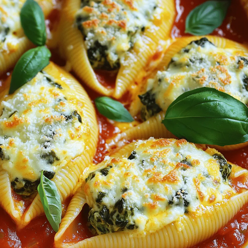 - Jumbo pasta shells - Ricotta cheese - Fresh spinach - Mozzarella cheese - Parmesan cheese - Large egg - Garlic powder - Italian seasoning - Marinara sauce - Salt and pepper - Fresh basil leaves To make delicious stuffed shells, you need these key ingredients. Jumbo pasta shells hold the filling well and give a nice bite. Ricotta cheese creates a creamy base, while fresh spinach adds a healthy touch. Mozzarella and Parmesan cheeses bring rich, cheesy goodness. A large egg helps bind everything together. Garlic powder and Italian seasoning provide flavor. Marinara sauce adds moisture and taste, while salt and pepper season the dish. Finally, fresh basil leaves make a lovely garnish. - Additional cheeses (like feta or goat cheese) - Herbs (such as parsley or oregano) - Protein (like ground turkey or sausage) You can enhance your stuffed shells with optional ingredients. Add different cheeses for a unique twist. Feta or goat cheese can give a tangy flavor. Fresh herbs like parsley or oregano bring freshness. You can also mix in proteins like ground turkey or sausage for added heartiness. These choices allow you to customize the dish to your family's tastes. Making stuffed shells is fun, and you can use what you love. For the full recipe, check out the detailed steps and tips to create this meal. 1. Cooking the pasta shells: First, boil salted water in a large pot. Add the jumbo pasta shells and cook them until they are al dente. This usually takes around 10 minutes. After cooking, drain the shells and lay them on a clean towel to cool. 2. Mixing the stuffing ingredients: In a big bowl, combine the ricotta cheese, finely chopped spinach, half of the mozzarella, and a quarter of the Parmesan. Add the beaten egg, garlic powder, Italian seasoning, and a sprinkle of salt and pepper. Mix until smooth and creamy. 3. Prepping the baking dish with marinara sauce: Spread one cup of marinara sauce evenly at the bottom of a 9x13 inch baking dish. This layer helps prevent the shells from sticking. 1. Filling each shell carefully: Take a cooked pasta shell and use a spoon to fill it with the cheese and spinach mix. Make sure to fill each shell generously. 2. Arranging in the baking dish: Place the filled shells seam-side up in the baking dish. Leave a bit of space between each shell for even cooking. 1. Covering and baking the stuffed shells: Pour the rest of the marinara sauce over the stuffed shells. Sprinkle the remaining mozzarella and Parmesan on top. Cover the dish with aluminum foil. Bake in the preheated oven at 375°F for 25 minutes. 2. Removing foil and achieving a brown top: After 25 minutes, carefully take off the foil. Bake for another 10-15 minutes until the top is bubbly and golden brown. Enjoy your Easy Stuffed Shells! For the complete recipe, check out the full recipe. To make great stuffed shells, start with the right pasta. Cook the shells until they are al dente. This keeps them firm and easy to fill. After cooking, let them cool on a towel. This step helps prevent them from sticking together. To avoid spills, fill each shell carefully. Use a spoon to scoop the filling. Don’t overstuff! Leave a little space at the top. This way, the filling won’t ooze out during baking. If you’re short on time, use pre-made marinara sauce. This saves you time and effort. Just pour it into the baking dish. It makes the recipe quicker without losing flavor. You need a few essential kitchen tools for this recipe: - A large pot for boiling pasta - A mixing bowl for the filling - A baking dish for the shells - A spoon for filling the shells Pair your stuffed shells with a simple side salad. A fresh green salad adds brightness to your meal. Garlic bread also makes a great side. It soaks up the extra sauce. For drinks, consider a light red wine. Chianti pairs well with the cheesy flavors. If you prefer white, a crisp Pinot Grigio is a nice choice. For the full recipe, be sure to follow along and enjoy making this comforting dish! {{image_4}} You can easily make stuffed shells healthier. First, consider using whole wheat or gluten-free shells. Both options offer great texture and taste. Whole wheat shells add fiber, while gluten-free options suit those with sensitivities. Next, swap in low-fat cheese options. Instead of regular ricotta or mozzarella, choose part-skim varieties. This change cuts down on fat but keeps the flavor. Your stuffed shells will still be creamy and delicious. Want to mix things up? Try different filling ideas! For meat lovers, ground beef or turkey works well. Brown the meat before mixing it with the cheese. This adds protein and a hearty taste. If you prefer vegetarian options, use various vegetables. Spinach is a classic, but you can add mushrooms, zucchini, or bell peppers. Just sauté the veggies first to soften them. This gives the filling a fresh, vibrant flavor. Sauce can change everything about your dish. Instead of marinara, try Alfredo sauce for a creamy twist. The rich flavor pairs nicely with the stuffed shells. Another fun option is creamy pesto sauce. This adds a herby kick that brightens the dish. Both sauces bring a unique taste that keeps everyone excited for dinner. For the full recipe, check out the detailed steps to make these easy stuffed shells. For leftovers, store your stuffed shells in an airtight container. Place a layer of plastic wrap over the dish before sealing. This keeps them fresh. You can refrigerate them for up to three days. If you want to save them for later, freeze unbaked stuffed shells. Wrap each shell in plastic wrap, then place them in a freezer-safe bag. They can last up to three months in the freezer. To reheat, the oven is best. Preheat it to 350°F (175°C). Place your stuffed shells in a baking dish. Cover with foil to keep them moist. Heat for about 25 minutes or until warm. If you use a microwave, place a damp paper towel over the dish. This helps keep them from drying out. Heat in short bursts, checking often until hot. Stuffed shells last about three days in the fridge. Always check for signs of spoilage. Look for an off smell or mold. If you see any changes, it’s best to throw them away. Keeping your ingredients fresh is key to a tasty meal. Always use fresh spinach and dairy for the best flavor. Yes, you can prep stuffed shells in advance. Cook the shells and fill them, then cover and chill. This saves time for busy nights. You can also freeze unbaked shells. Just thaw them overnight before baking. If you don't have ricotta, try cottage cheese or cream cheese. Cottage cheese gives a light texture. Cream cheese adds a rich flavor. Both options work well with spinach and herbs. Check if the cheese is melted and bubbly. The top should turn golden brown. Use a fork to peek inside a shell. The filling should be hot and creamy. You can use regular pasta, but it won't be the same. Penne or rotini can hold fillings too. Keep in mind, the cooking time may change based on pasta shape. I love topping stuffed shells with fresh herbs like basil or parsley. A sprinkle of extra cheese adds flavor. You can also drizzle olive oil or add a layer of marinara for extra moisture. For the full recipe, check out the detailed guide on Easy Stuffed Shells. We've explored how to make delicious stuffed shells. You learned about the key ingredients like jumbo pasta and ricotta cheese. We covered step-by-step instructions for making and baking them. Tips make the process easier, while variations offer fun twists. You now know storage methods and how to reheat leftovers. In these simple steps, you can create a comforting meal. Enjoy experimenting with flavors to make this dish your own.