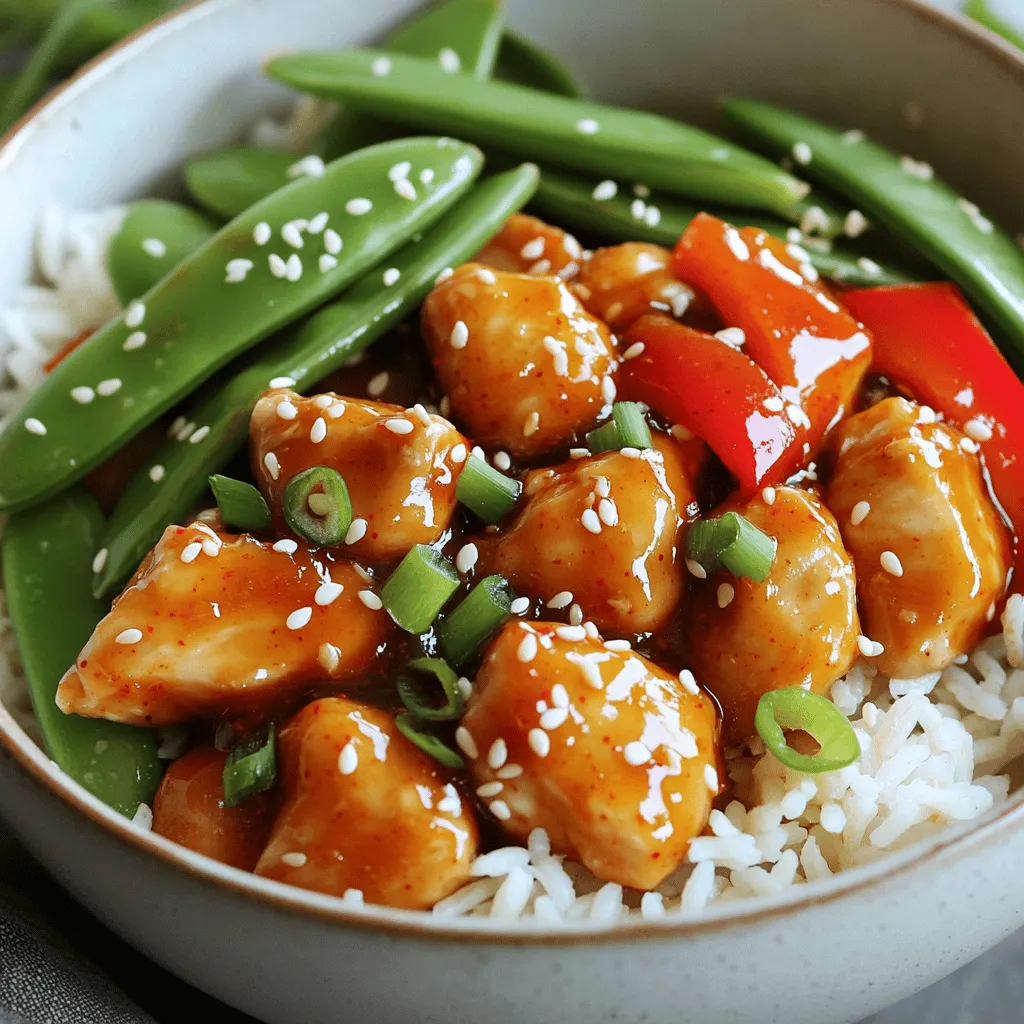 - 2 boneless, skinless chicken breasts, cut into bite-sized cubes - 1 cup sweet chili sauce - 1 cup jasmine rice - 2 tablespoons soy sauce - 1 tablespoon sesame oil - 1 tablespoon freshly grated ginger - 2 cloves garlic, minced - 1 red bell pepper, thinly sliced - 1 cup snap peas, trimmed and cleaned - 2 green onions, thinly sliced - 1 tablespoon sesame seeds (for garnish) Each ingredient plays a key role in the Sweet Chili Chicken Bowl. The chicken provides the protein, while the sweet chili sauce brings a lovely balance of sweet and heat. Jasmine rice serves as a perfect base, soaking up all the yummy flavors. For a bit more depth, soy sauce adds umami, and sesame oil gives a nutty finish. Fresh ginger and garlic enhance the dish with warmth and aroma. The colorful veggies not only make the dish appealing but also add crunch and freshness. Red bell pepper and snap peas are great choices. They maintain their crispness, making every bite delightful. Green onions and sesame seeds on top elevate the presentation and add a final touch of flavor. If you're ready to dive into this dish, check out the Full Recipe for step-by-step instructions! To start, we need to make a tasty marinade. In a mixing bowl, combine these ingredients: - 1 cup sweet chili sauce - 2 tablespoons soy sauce - 1 tablespoon sesame oil - 1 tablespoon freshly grated ginger - 2 cloves garlic, minced - A pinch of salt and pepper Next, add the cubed chicken to the bowl. Mix everything well so each piece is coated. Cover the bowl with plastic wrap. It’s best to refrigerate this for at least 30 minutes. This time helps the chicken soak up all the flavors. While the chicken is marinating, let’s prepare the jasmine rice. First, place the rice in a fine-mesh strainer. Rinse it under cold running water until the water runs clear. This step removes extra starch. In a medium saucepan, add the rinsed rice and 1 cup of water or chicken broth. Bring it to a boil over high heat. Then, lower the heat to a simmer. Cover the saucepan and let it cook for about 15 minutes. The liquid should be fully absorbed. After cooking, remove it from heat and let it sit, covered for 5 minutes. This resting time makes the rice fluffy and perfect. Now, let’s cook the chicken. Heat a large skillet over medium-high heat. Once hot, add the marinated chicken and all the marinade to the skillet. Sauté the chicken for about 5-7 minutes. Stir occasionally until it is browned and cooked through. The chicken should reach an internal temperature of 165°F (75°C). Next, it’s time to add the vegetables. Add the sliced red bell pepper and snap peas into the skillet. Stir them in with the chicken. Cook for another 3-4 minutes until the vegetables are bright and tender-crisp. Now, you're ready to assemble your sweet chili chicken bowl! To get that juicy chicken, aim for a medium-high heat. This helps the chicken cook fast and evenly. Use a meat thermometer to check the chicken's temperature. It should reach 165°F (75°C) for safety. Avoid overcooking by keeping an eye on the chicken. If you cook it too long, it can become dry. Stir often, and don’t let it sit too long. This keeps it tender and moist. To boost the flavor, try adding fresh herbs. Chopped cilantro or basil can brighten the dish. You can also mix in some crushed red pepper for heat. If you want to switch up the sauce, consider using teriyaki or hoisin sauce. Both add a sweet and savory taste that pairs well with chicken. They can give your bowl a new twist. Serving is just as important as cooking. Use colorful bowls to make your dish pop. A bright red pepper or green snap peas add a fun look. For an extra touch, use fresh herbs as a garnish. They add color and flavor. A sprinkle of sesame seeds can also make your bowl look gourmet. Enjoy the process of making your meal beautiful! {{image_4}} You can switch the chicken for tofu or shrimp. Tofu works well for a lighter meal. Choose firm tofu and press it to remove excess water. Cut it into cubes and marinate it just like the chicken. Cook until golden brown for a nice texture. Shrimp is another great choice. Use large, peeled shrimp for this bowl. Cook them for just a few minutes until they turn pink. This adds a sweet flavor that pairs well with the sauce. You can also explore other meats. Try pork or beef if you like. Just use the same marinade to keep the taste consistent. Adjust the cooking time based on the protein you choose. To make a fully vegetarian bowl, use plant-based protein sources. Chickpeas or lentils are excellent options. They provide protein and add a nice texture. You can roast them for extra flavor. Tofu is also a great choice. Use it as your main protein. Just follow the same cooking steps as you would with chicken. This way, you keep the dish balanced and delicious. You can add more veggies for a hearty bowl. Consider using broccoli, carrots, or mushrooms. These add flavor and nutrients, making your meal more filling. You can adjust the sweetness and spice levels to fit your taste. If you like it sweeter, add extra sweet chili sauce. For more heat, add red pepper flakes or sriracha. Start with a small amount and taste as you go. Adding different vegetables can also change the dish. Try using zucchini, snap peas, or bok choy. Each veggie brings its unique flavor and texture. Mixing colors makes the bowl more appealing. Use a rainbow of vegetables to make it visually stunning. This not only enhances the look but also increases the nutrition in your meal. Store your Sweet Chili Chicken Bowl in an airtight container. This keeps it fresh and safe to eat. When you have leftovers, let them cool to room temperature first. Then, place them in the fridge. You can keep it there for up to three days. To reheat, use the microwave or a skillet. If using the microwave, heat in short bursts. Stir often to avoid hot spots. You can freeze your Sweet Chili Chicken Bowl for longer storage. First, let it cool completely. Then, place the chicken and rice in separate freezer bags. Make sure to press out the air before sealing. This helps prevent freezer burn. To thaw, move the bags to the fridge overnight. Reheat the chicken and rice separately for the best flavor and texture. In the fridge, your bowl lasts about three days. Check for signs of spoilage before eating. If it smells bad or looks off, throw it out. Freshness is key for that delicious taste. Always trust your senses when it comes to food safety. A Sweet Chili Chicken Bowl is a tasty dish full of flavor. It combines tender chicken, sweet chili sauce, and fresh veggies. The balance of sweet and spicy makes each bite exciting. The dish is colorful and looks great on your table. You can enjoy it over a bed of jasmine rice, adding warmth and comfort. Yes, you can use store-bought sweet chili sauce. Many brands offer tasty options. Look for sauces with natural ingredients and no artificial flavors. Some good brands include Thai Kitchen and House of Tsang. These sauces can save you time and still deliver great flavor. You can serve many side dishes with a Sweet Chili Chicken Bowl. Here are some ideas: - Steamed broccoli: It adds a nice crunch. - Cucumber salad: This brings a cool contrast. - Egg rolls: They add a crispy texture. For drinks, try pairing with: - Iced green tea: It’s refreshing and light. - Sparkling water with lime: This adds a zesty touch. You can find the Full Recipe for Sweet Chili Chicken Bowl to get detailed steps and measurements. It will guide you to make this dish perfectly every time! In this post, we explored how to create a tasty Sweet Chili Chicken Bowl. You learned about key ingredients like chicken, sweet chili sauce, and fresh vegetables. I provided easy steps for marinating, cooking, and serving. You can adjust the recipe to fit your taste by swapping proteins or adding vegetables. Remember the storage tips to keep leftovers fresh. Enjoy your cooking and share this delightful meal with others!