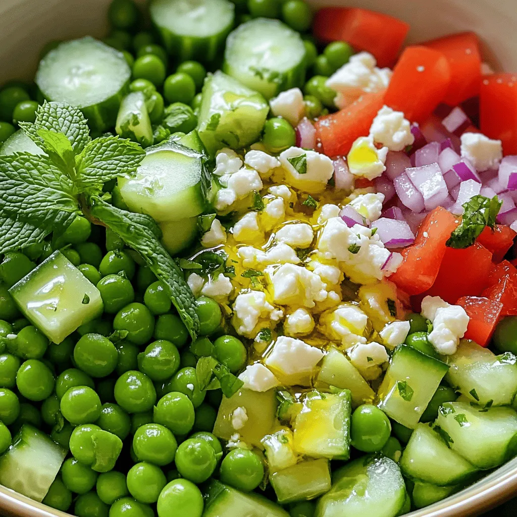 The base of a great pea salad starts with fresh or frozen peas. Here’s what you need: - 2 cups fresh peas or 2 cups frozen peas (thawed) - 1 cup cucumber, diced into small cubes - 1/2 cup red bell pepper, diced - 1/4 cup red onion, finely chopped - 1/4 cup fresh mint leaves, chopped finely - 1/4 cup feta cheese, crumbled into small pieces - 3 tablespoons extra-virgin olive oil - 2 tablespoons freshly squeezed lemon juice - Salt and freshly ground black pepper to taste These ingredients bring bright flavors and colors to the dish. The peas give a sweet crunch. The cucumber adds a refreshing bite. Red bell pepper and red onion offer crispness and zing. Feel free to get creative! Here are some tasty add-ins: - Avocado for creaminess - Cherry tomatoes for a burst of color - Nuts like walnuts or pine nuts for crunch - Fresh herbs like parsley or basil for extra flavor These optional ingredients can add new layers to your salad. Try mixing and matching based on what you like! This pea salad is not only tasty but also healthy. Here’s the breakdown per serving: - Calories: 150 - Protein: 5g - Carbohydrates: 10g - Dietary Fiber: 4g - Fats: 10g The salad is packed with vitamins and minerals. Peas are a great source of protein and fiber. This makes the salad filling and nutritious. You can enjoy it as a side dish or a light meal. For the full recipe, check out Refreshing Minty Pea Salad. To start, you need fresh or frozen peas. If you use frozen peas, make sure they are thawed. Drain them well to remove excess water. If you prefer fresh peas, blanch them. Boil a pot of water and add the peas for 2-3 minutes. This brightens their color and keeps them crisp. Then, quickly move the peas to an ice bath to stop cooking. Drain them again. This step ensures your peas are sweet and crisp in the salad. In a large bowl, gather all your chopped veggies. Add the prepared peas, diced cucumber, red bell pepper, and red onion. Toss in the chopped mint leaves as well. Mixing these ingredients lets their flavors shine. Use a gentle motion to avoid mashing the peas. This keeps every ingredient whole and adds to the salad's look. The bright colors make your dish pop, too. For the dressing, take a small bowl. Whisk together extra-virgin olive oil and freshly squeezed lemon juice. Add salt and black pepper to taste. Mixing these ingredients well helps create a smooth dressing. Once it’s ready, drizzle it over the salad mix. Toss everything together gently. You want all the veggies coated without breaking them apart. Finally, sprinkle crumbled feta cheese on top. Give it a light toss to combine. Taste the salad and adjust seasoning if needed. Let the salad sit for 10 minutes to let the flavors blend. This method ensures a fresh and flavorful dish every time. For the full recipe, check out Refreshing Minty Pea Salad. Fresh herbs can elevate your pea salad. I love using mint because it adds a cool taste. You can also try dill or basil for a different twist. Just chop the herbs finely to help them mix well. Start with a small amount, then taste and add more if needed. If you want the best flavor, make the salad a few hours ahead. Letting it sit allows the flavors to blend. Just keep it covered in the fridge. When it’s time to serve, take it out and toss it gently again. This way, your salad tastes fresh and vibrant. Preparation is key to a great salad. Always wash your vegetables well. Cut them into small, even pieces for a nice bite. For the peas, blanch them quickly to keep their bright color. Mix the ingredients gently to avoid smashing them. Presentation matters, so serve your salad in clear bowls. This lets the colorful ingredients shine. For the full recipe, check out the Refreshing Minty Pea Salad. {{image_4}} Cheese adds flavor and creaminess to pea salad. Feta cheese gives a salty kick and pairs well with peas. Goat cheese adds tang and smoothness. Cheddar brings a sharp taste that contrasts with sweet peas. Each cheese can change the salad's flavor. Feel free to mix cheeses to create your own blend. Adding protein turns your salad into a full meal. Grilled chicken offers a hearty bite and is easy to cook. Crispy bacon brings a smoky flavor and a nice crunch. Tofu is a great option for a vegan salad. It soaks up flavors well and adds a soft texture. Choose your favorite protein based on your taste and diet. The dressing can change your salad's vibe. A simple lemon and olive oil mix keeps it fresh. Try adding honey for sweetness or Dijon mustard for a kick. If you want something creamier, use Greek yogurt or sour cream. Experiment with herbs like dill or basil in your dressing. These additions can elevate your salad. For the full recipe, check out Refreshing Minty Pea Salad. Store leftover pea salad in the fridge. Place it in an airtight container. This keeps the salad fresh for up to three days. If you notice any liquid, drain it before storing. This helps prevent sogginess. Always taste before eating leftovers. If it smells or tastes off, throw it away. Use glass containers for the best storage. They do not absorb odors. They also help you see the salad easily. If you prefer plastic, choose BPA-free options. Ensure seals are tight to keep air out. This keeps your pea salad fresh and tasty longer. Freezing pea salad is not the best option. The texture of peas can change when frozen. If you choose to freeze, write the date on the bag. Use it within one month for the best taste. Thaw it in the fridge before serving. Add fresh herbs and dressing after thawing for extra flavor. Yes, you can use frozen peas. They are just as tasty. Make sure to thaw them first. This helps keep the peas tender and bright. Frozen peas are often picked at peak ripeness. This means they can taste just as good as fresh. To make this salad vegan, skip the feta cheese. You can replace it with avocado for creaminess. Another option is to use a vegan cheese. This keeps the dish flavorful while making it plant-based. You can also add chickpeas for extra protein and texture. Pea salad pairs well with grilled meats, like chicken or fish. It also goes great with sandwiches or wraps. For a light meal, serve it alongside crusty bread. This salad can brighten any meal. - Full Recipe: Refreshing Minty Pea Salad 🥗 This article covered the key ingredients of a tasty pea salad and optional add-ins. You learned step-by-step instructions for making it. Tips to enhance flavor and ideas for variations added more depth. We also explored the best ways to store leftovers and answered common questions about the salad. Pea salad is versatile, healthy, and easy to prepare. Now you can enjoy making your own refreshing minty pea salad!