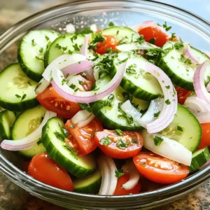 - 2 large cucumbers, thinly sliced - 1 large red onion, thinly sliced - 4 ripe tomatoes, diced - 1/4 cup apple cider vinegar - 2 tablespoons extra virgin olive oil - 1 tablespoon honey or maple syrup - 1 teaspoon fine sea salt - 1/2 teaspoon freshly ground black pepper - 1 teaspoon dried oregano - Fresh parsley, finely chopped (for garnish) - Sliced bell peppers - Feta cheese crumbles - Black olives - Mixing bowl - Whisk for dressing - Airtight container for storage I love this recipe for marinated cucumbers, onions, and tomatoes. It is fresh, vibrant, and easy to make. To start, gather all the ingredients. You want the best flavors for this dish. The cucumbers bring a crunchy texture. The red onion adds a nice bite. The tomatoes give a juicy sweetness. These three work together to create a balanced taste. If you want to make it even more colorful, try adding sliced bell peppers. They add a pop of color and flavor. The dressing is a simple mix of apple cider vinegar, olive oil, honey, salt, pepper, and oregano. This blend enhances all the veggies. You can adjust the sweetness by choosing honey or maple syrup. Both add a delightful touch. For tools, you only need a mixing bowl and a whisk. You’ll also need an airtight container to store the salad. It keeps well in the fridge for a few days. This dish is perfect for summer picnics or as a side for grilled meats. You can find the full recipe to get started on making this delightful salad. - First, layer the cucumbers and onions in a mixing bowl. - Next, fold in the diced tomatoes gently. - In a separate bowl, whisk together all the dressing ingredients. - Make sure the mixture is smooth and well-combined. - Now, drizzle the dressing over your vegetable blend. - Cover and refrigerate for at least 30 minutes. This marinated cucumber, onion, and tomato dish is simple yet full of flavor. The crispness of the cucumbers, the bite of the onions, and the sweetness of the tomatoes create a perfect balance. You’ll love how the dressing brings everything together. For the full recipe, be sure to check out the details above! - Marinate overnight for deeper flavor. - Experiment with different herbs and spices. Marinating your cucumbers, onions, and tomatoes overnight makes a big difference. The longer they sit, the more the flavors mix and mingle. You can try using basil, dill, or even mint for a fresh twist. Each herb adds a new layer of taste, making the dish exciting. - Serve in a clear glass bowl for visual appeal. - Use as a side dish or topping for grilled meats. I love to serve this salad in a clear bowl. It shows off the bright colors of the veggies. This dish pairs well with grilled chicken or fish too. It adds a refreshing touch to any meal. - Garnish with freshly chopped parsley. - Serve on a bed of lettuce for added texture. To impress your guests, sprinkle some fresh parsley on top. It adds a splash of green and fresh flavor. You can also serve the salad on crisp lettuce leaves. This not only makes it look great but adds a nice crunch. For the full recipe and more tips, check out the Full Recipe. {{image_4}} You can switch things up with your marinated cucumbers, onions, and tomatoes. - Swap apple cider vinegar for rice vinegar. This change gives a milder taste. - Use different seasonal vegetables. Try bell peppers or radishes for crunch. Need to cater to specific diets? No problem! - Create a vegan version by using maple syrup instead of honey. It works just as well. - Make gluten-free by ensuring all ingredients are certified gluten-free. This is easy with labels. Add a flavor twist to make this dish unique. - Add jalapeños for a spicy version. This will kick up the heat. - Incorporate herbs like dill for a Mediterranean twist. It adds freshness and flavor. These variations let you play with flavors while keeping the dish delightful. Enjoy the fun of mixing and matching! You can keep your marinated cucumbers, onions, and tomatoes fresh with simple steps. First, transfer the salad to an airtight container. This will avoid any unwanted odors from your fridge. You can store it in the fridge for up to three days. Enjoy it while it still has that fresh crunch! Freezing this salad is not a good idea. The texture of cucumbers and tomatoes changes when frozen. They become mushy when thawed. So, it's best to skip the freezer for this dish. For the best taste, enjoy your salad within the first couple of days. The flavors are at their peak right after marinating. The fresh crunch of the veggies and the bright flavors will delight your taste buds! You should marinate them for at least 30 minutes. This time allows the flavors to meld. For the best taste, let them sit overnight. The longer they marinate, the better the taste. Yes, you can use different types of vinegar. Rice vinegar, white wine vinegar, and balsamic vinegar are great options. Each will give your salad a unique twist. Experiment with what you have on hand for fun flavors. This dish pairs well with grilled meats or fish. You can also enjoy it as a refreshing salad option. It adds a bright flavor and crunch to any meal. Try it alongside your favorite summer dishes or at a picnic. For the full recipe, check out the Crispy Cucumber, Onion, and Tomato Medley. This blog post covered a fresh and tasty recipe for marinated cucumbers, onions, and tomatoes. You learned about the ingredients, preparation steps, and variations. Remember to experiment with flavors and presentation for added fun. Use this dish as a side or topping to brighten your meals. Try it out within a few days for the best taste. Enjoy your cooking and make it yours!