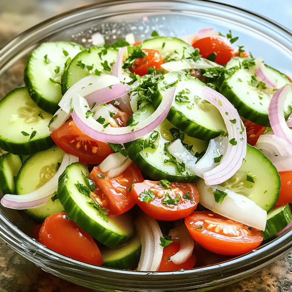- 2 large cucumbers, thinly sliced - 1 large red onion, thinly sliced - 4 ripe tomatoes, diced - 1/4 cup apple cider vinegar - 2 tablespoons extra virgin olive oil - 1 tablespoon honey or maple syrup - 1 teaspoon fine sea salt - 1/2 teaspoon freshly ground black pepper - 1 teaspoon dried oregano - Fresh parsley, finely chopped (for garnish) - Sliced bell peppers - Feta cheese crumbles - Black olives - Mixing bowl - Whisk for dressing - Airtight container for storage I love this recipe for marinated cucumbers, onions, and tomatoes. It is fresh, vibrant, and easy to make. To start, gather all the ingredients. You want the best flavors for this dish. The cucumbers bring a crunchy texture. The red onion adds a nice bite. The tomatoes give a juicy sweetness. These three work together to create a balanced taste. If you want to make it even more colorful, try adding sliced bell peppers. They add a pop of color and flavor. The dressing is a simple mix of apple cider vinegar, olive oil, honey, salt, pepper, and oregano. This blend enhances all the veggies. You can adjust the sweetness by choosing honey or maple syrup. Both add a delightful touch. For tools, you only need a mixing bowl and a whisk. You’ll also need an airtight container to store the salad. It keeps well in the fridge for a few days. This dish is perfect for summer picnics or as a side for grilled meats. You can find the full recipe to get started on making this delightful salad. - First, layer the cucumbers and onions in a mixing bowl. - Next, fold in the diced tomatoes gently. - In a separate bowl, whisk together all the dressing ingredients. - Make sure the mixture is smooth and well-combined. - Now, drizzle the dressing over your vegetable blend. - Cover and refrigerate for at least 30 minutes. This marinated cucumber, onion, and tomato dish is simple yet full of flavor. The crispness of the cucumbers, the bite of the onions, and the sweetness of the tomatoes create a perfect balance. You’ll love how the dressing brings everything together. For the full recipe, be sure to check out the details above! - Marinate overnight for deeper flavor. - Experiment with different herbs and spices. Marinating your cucumbers, onions, and tomatoes overnight makes a big difference. The longer they sit, the more the flavors mix and mingle. You can try using basil, dill, or even mint for a fresh twist. Each herb adds a new layer of taste, making the dish exciting. - Serve in a clear glass bowl for visual appeal. - Use as a side dish or topping for grilled meats. I love to serve this salad in a clear bowl. It shows off the bright colors of the veggies. This dish pairs well with grilled chicken or fish too. It adds a refreshing touch to any meal. - Garnish with freshly chopped parsley. - Serve on a bed of lettuce for added texture. To impress your guests, sprinkle some fresh parsley on top. It adds a splash of green and fresh flavor. You can also serve the salad on crisp lettuce leaves. This not only makes it look great but adds a nice crunch. For the full recipe and more tips, check out the Full Recipe. {{image_4}} You can switch things up with your marinated cucumbers, onions, and tomatoes. - Swap apple cider vinegar for rice vinegar. This change gives a milder taste. - Use different seasonal vegetables. Try bell peppers or radishes for crunch. Need to cater to specific diets? No problem! - Create a vegan version by using maple syrup instead of honey. It works just as well. - Make gluten-free by ensuring all ingredients are certified gluten-free. This is easy with labels. Add a flavor twist to make this dish unique. - Add jalapeños for a spicy version. This will kick up the heat. - Incorporate herbs like dill for a Mediterranean twist. It adds freshness and flavor. These variations let you play with flavors while keeping the dish delightful. Enjoy the fun of mixing and matching! You can keep your marinated cucumbers, onions, and tomatoes fresh with simple steps. First, transfer the salad to an airtight container. This will avoid any unwanted odors from your fridge. You can store it in the fridge for up to three days. Enjoy it while it still has that fresh crunch! Freezing this salad is not a good idea. The texture of cucumbers and tomatoes changes when frozen. They become mushy when thawed. So, it's best to skip the freezer for this dish. For the best taste, enjoy your salad within the first couple of days. The flavors are at their peak right after marinating. The fresh crunch of the veggies and the bright flavors will delight your taste buds! You should marinate them for at least 30 minutes. This time allows the flavors to meld. For the best taste, let them sit overnight. The longer they marinate, the better the taste. Yes, you can use different types of vinegar. Rice vinegar, white wine vinegar, and balsamic vinegar are great options. Each will give your salad a unique twist. Experiment with what you have on hand for fun flavors. This dish pairs well with grilled meats or fish. You can also enjoy it as a refreshing salad option. It adds a bright flavor and crunch to any meal. Try it alongside your favorite summer dishes or at a picnic. For the full recipe, check out the Crispy Cucumber, Onion, and Tomato Medley. This blog post covered a fresh and tasty recipe for marinated cucumbers, onions, and tomatoes. You learned about the ingredients, preparation steps, and variations. Remember to experiment with flavors and presentation for added fun. Use this dish as a side or topping to brighten your meals. Try it out within a few days for the best taste. Enjoy your cooking and make it yours!
