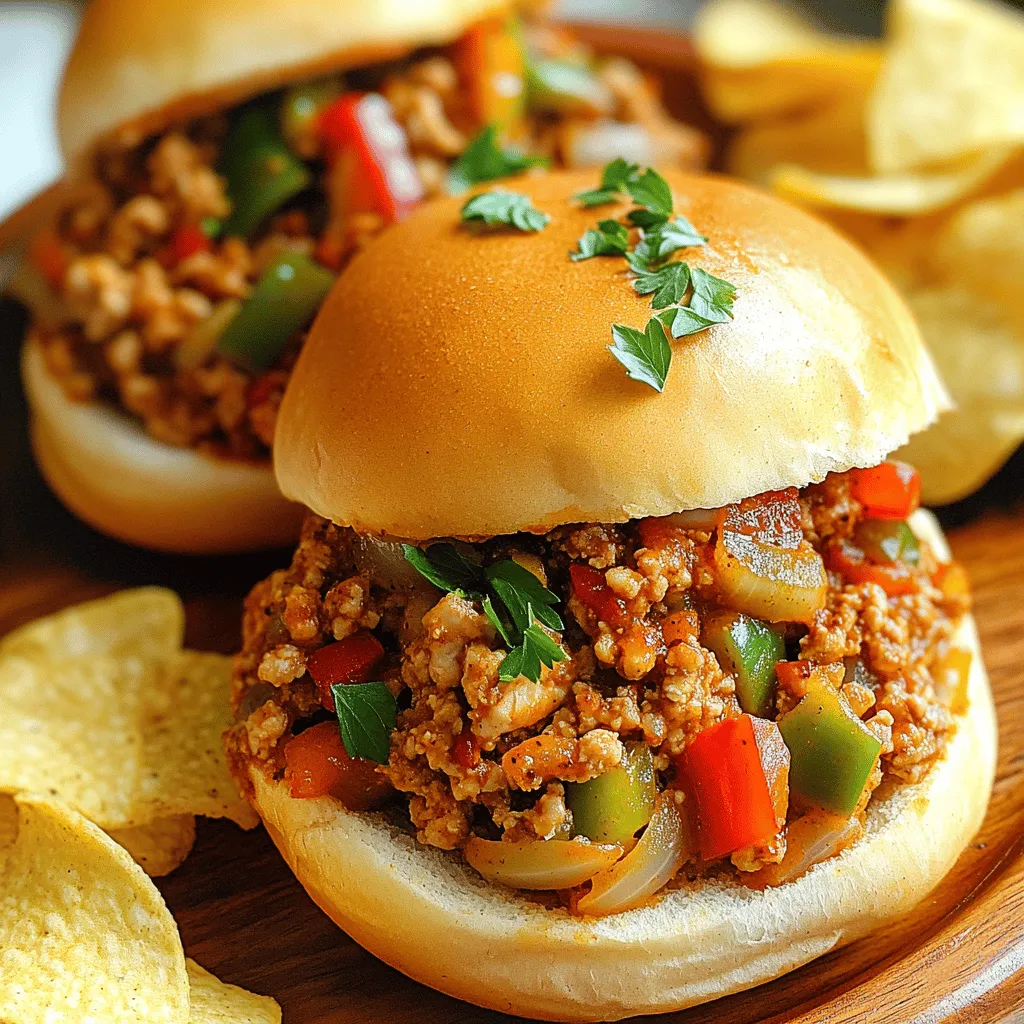 - 1 lb ground chicken - 1 tablespoon Cajun seasoning - 1 tablespoon olive oil - 1 small onion, finely chopped - 1 bell pepper (red or green), finely diced - 2 cloves garlic, minced - 1 cup canned diced tomatoes (with juice) - 2 tablespoons tomato paste - 1 tablespoon brown sugar - 1 tablespoon Worcestershire sauce - Salt and pepper, to taste - 4 hamburger buns - Fresh parsley, chopped, for garnish Using these simple ingredients, you can create a meal that is fun and tasty. The ground chicken acts as a base for flavor. The Cajun seasoning adds a kick, while the veggies bring freshness. You can adjust the seasoning to fit your taste. The brown sugar and Worcestershire sauce balance the flavors nicely. When it comes to side dishes, I suggest pairing these sloppy joes with crunchy potato chips or a light salad. This adds texture and keeps the meal balanced. If you want to see the complete steps to make these delightful Cajun Chicken Sloppy Joes, check the Full Recipe. - Heat olive oil in a skillet. - Sauté chopped onion and bell pepper until soft. - Add minced garlic and stir for one minute. - Introduce ground chicken to the skillet. - Sprinkle with Cajun seasoning for flavor. - Cook until browned and fully cooked, about 7-10 minutes. - Pour in diced tomatoes with their juice. - Add tomato paste, brown sugar, and Worcestershire sauce. - Simmer until thickened and adjust the seasoning. - Toast hamburger buns in a toaster or skillet. - Ensure they are golden brown and crispy. - Scoop the chicken mixture onto the buns. - Garnish with fresh parsley for color and flavor. This recipe is easy to follow and makes a fun meal for family or friends. For the complete guide, check out the Full Recipe. - Use fresh herbs for garnish. Parsley adds a nice touch. - Adjust Cajun seasoning to taste. Start small, then add more if you like it spicy. - Make sure the chicken is well browned. This gives it a deeper flavor. - Keep an eye on the simmer time for desired thickness. You want it hearty, not runny. - Pair with potato chips or salad. Both add a nice crunch and balance. - Wrap buns in colorful napkins for presentation. It makes your meal feel special. These tips will help you create a meal that is not only tasty but also fun to eat. For the full recipe, check out the steps above! {{image_4}} When making Cajun Chicken Sloppy Joes, you can get creative. Here are some fun ideas to change things up. You can swap ground chicken for ground turkey or beef. This keeps the dish tasty while letting you choose your favorite meat. You can also try different bell peppers. Red, yellow, or even orange peppers add unique flavors and colors to your meal. Want it milder? Use less Cajun seasoning. This makes it friendly for kids or those who prefer less heat. If you love spice, add hot sauce. A few drops can give your sloppy joes a nice kick. Think beyond the bun! You can serve these sloppy joes as sliders for a fun twist. Another option is to serve the chicken mixture over rice. This makes for a filling meal. You can even add it to a salad for a fresh and healthier option. Each style offers a new way to enjoy this dish. For the full recipe, check below! Store your leftovers in an airtight container. This keeps them fresh and tasty. The Cajun Chicken Sloppy Joes should last up to 3-4 days in the fridge. Make sure you label the container with the date, so you know when to use it. If you want to save some for later, freeze the leftovers in portions. This makes it easy to reheat just what you need. To avoid freezer burn, wrap the portions tightly in plastic wrap. Thaw your frozen sloppy joes in the refrigerator before reheating them. This helps keep the flavor and texture intact. You can reheat your Cajun Chicken Sloppy Joes in the microwave or on the stovetop. If you use the microwave, heat in short bursts to avoid overcooking. On the stovetop, add a splash of water to help keep the mixture moist. This prevents drying out, and you’ll enjoy every bite just as much as the first time! Sloppy Joes have a fun history. They likely began in the 1930s in the U.S. Some say a cook named Joe invented them in a diner in Sioux City, Iowa. He mixed ground beef with tomato sauce and served it on bread. This dish became popular fast! The name "Sloppy Joe" fits well because the meal is messy and delicious. Yes, you can! Making Cajun Chicken Sloppy Joes ahead is smart. Just cook the chicken mixture, let it cool, and store it in the fridge. It will stay fresh for up to three days. When you're ready to eat, reheat it on the stove or in the microwave. Serve it on toasted buns for a quick meal. Making Cajun Chicken Sloppy Joes gluten-free is easy. Look for gluten-free hamburger buns at your local store. You can also use lettuce wraps for a fun twist. They are crunchy and healthy, making a great base for the chicken mix. You have many tasty options! Here are a few side dishes to try: - Potato chips for some crunch - A fresh green salad for a light touch - Coleslaw for a creamy side - Sweet potato fries for a sweet kick Each of these sides adds a different flavor and texture, making your meal even better. Enjoy your Cajun Chicken Sloppy Joes with these fun pairings! This blog post covered a simple and fun recipe for Cajun Chicken Sloppy Joes. You learned about the main ingredients and how to prepare them step by step. I shared tips for flavor, texture, and storage, plus ways to customize your dish. These tips make cooking easier and tastier. Whether you’re serving them as sliders or over rice, this meal is sure to please. Try this recipe and enjoy a unique twist on a classic dish!