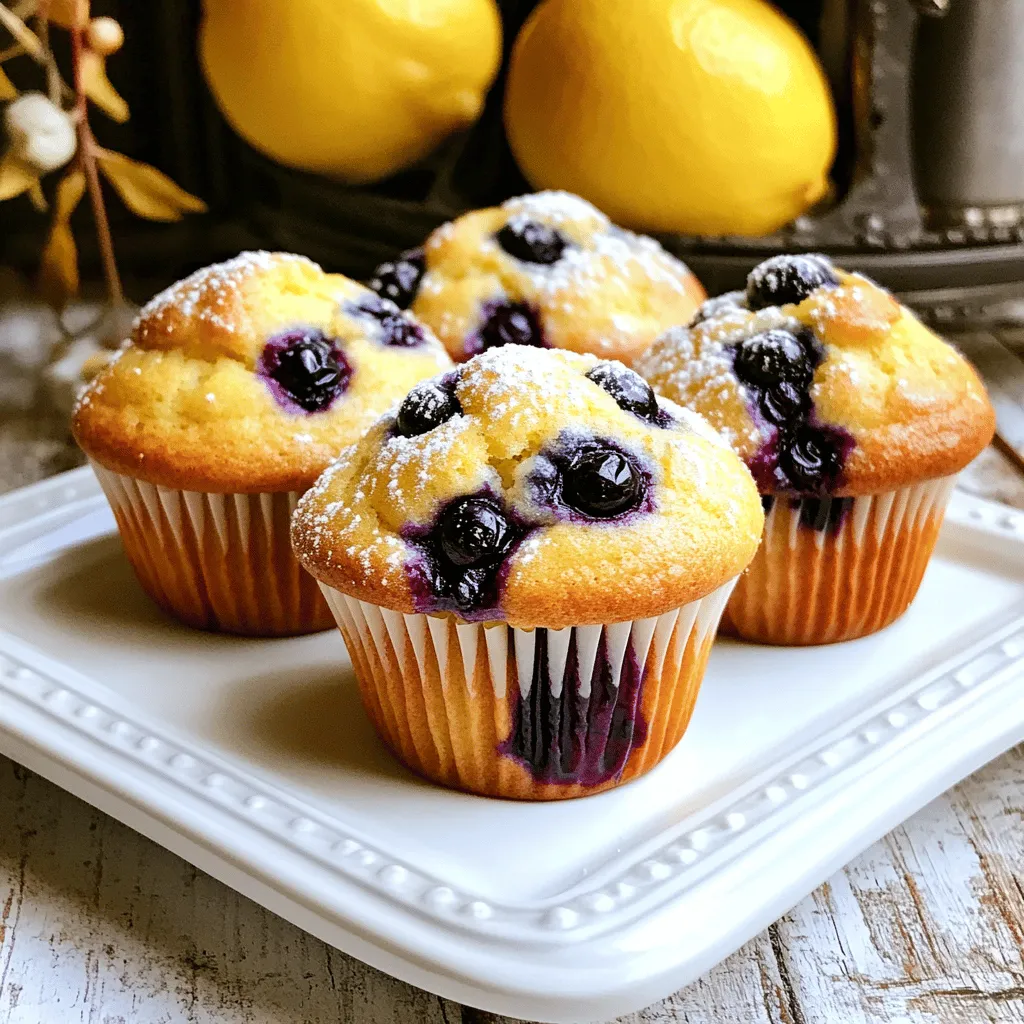 - 1 ½ cups all-purpose flour - ½ cup granulated sugar - 2 teaspoons baking powder - ¼ teaspoon baking soda - ¼ teaspoon salt - 1 large egg - ¾ cup buttermilk (or substitute with ¾ cup milk plus 1 tablespoon lemon juice) - ⅓ cup vegetable oil - Zest of 1 lemon - 1 tablespoon freshly squeezed lemon juice - 1 cup fresh blueberries (or use frozen if fresh are unavailable) For lemon blueberry muffins, you need simple, fresh ingredients. All-purpose flour gives muffins structure. The granulated sugar adds sweetness. Baking powder and baking soda help them rise. Fresh blueberries bring flavor and color. - 1 tablespoon coarse sugar for topping - Lemon glaze or powdered sugar for serving You can choose to sprinkle coarse sugar on top for a nice crunch. A lemon glaze or a dusting of powdered sugar adds a sweet finish. These extras can elevate your muffins. - For buttermilk, you can use milk with lemon juice. - You can swap all-purpose flour for whole wheat flour or gluten-free blends. If you can't find buttermilk, mix regular milk with lemon juice. This gives a similar tang. For flour options, whole wheat adds more fiber. Gluten-free blends work too, if needed. 1. First, preheat your oven to 375°F (190°C). 2. Prepare your muffin tin by lining it with paper liners or spraying it with non-stick spray. 3. In a large bowl, mix the dry ingredients. Combine 1 ½ cups all-purpose flour, ½ cup granulated sugar, 2 teaspoons baking powder, ¼ teaspoon baking soda, and ¼ teaspoon salt. Whisk these together well. 1. In another bowl, crack one large egg and beat it lightly. 2. Add ¾ cup buttermilk, ⅓ cup vegetable oil, the zest of one lemon, and 1 tablespoon of freshly squeezed lemon juice to the egg. 3. Whisk until this mixture is smooth. 1. Pour the wet ingredients into the bowl with the dry mix. 2. Gently fold the mixtures together using a spatula. Be careful not to overmix; some lumps are fine. 3. Now, gently add 1 cup of fresh blueberries. Mix them in without crushing them. 1. Use a spoon or scoop to fill each muffin cup about ¾ full. 2. If you want a sweet crunch, sprinkle a bit of coarse sugar on top. 3. Place the muffin tin in the oven and bake for 18-22 minutes. They should turn a lovely golden brown. A toothpick should come out clean when checked. 4. After baking, let the muffins cool in the tin for 5 minutes. Then, transfer them to a wire rack to cool completely. This method gives you a fresh and flavorful snack with ease. For the full recipe, refer back to the ingredients section. - Avoiding overmixing: Mix the batter gently. Stop as soon as you see no dry flour. This keeps muffins soft and fluffy. - Ensuring even baking: Make sure your oven is preheated. Rotate the muffin tin halfway through baking for uniform heat. - Adding spices or extracts: Try adding a dash of vanilla or almond extract. A pinch of cinnamon also brings warmth. - Incorporating nuts or seeds: Toss in some walnuts or flaxseeds for crunch. They boost nutrition and add texture. - Serving suggestions: Serve these muffins warm on a pretty plate. Dust with powdered sugar for a sweet finish. - Pairing with beverages: Enjoy with coffee or tea. A glass of lemon-infused water also complements the flavors well. For the complete recipe, check out the [Full Recipe]. {{image_4}} You can easily switch up the flavor of your muffins. Try substituting blueberries with other fruits. Raspberries, strawberries, or blackberries work well. Each fruit adds its own unique taste. You can also add spices to enhance the flavor. A pinch of cinnamon or nutmeg brings warmth and depth. This small change makes your muffins feel special and fresh. If you want a lighter muffin, adjust the ingredients. Use less sugar or swap in a sugar substitute. For gluten-free muffins, replace all-purpose flour with a gluten-free blend. Almond flour or oat flour are good choices. This way, everyone can enjoy your tasty treats without worry. Consider different muffin sizes for fun. Mini muffins are great for snacks or parties. They bake faster and are easy to share. Jumbo muffins are perfect for a hearty breakfast. They hold more filling and feel more special. No matter the size, each variation offers a delightful experience. For the full recipe, check out Lemon Blueberry Bliss Muffins. To keep your lemon blueberry muffins fresh, let them cool completely on a wire rack. This prevents moisture from building up. Once cool, place them in an airtight container. You can also wrap them in plastic wrap. Store them at room temperature for up to three days. Avoid putting them in the fridge, as this can dry them out. If you want to save muffins for later, freezing is a great option. Wrap each muffin tightly in plastic wrap and then place them in a freezer bag. This helps prevent freezer burn. Muffins can stay fresh in the freezer for up to three months. When you're ready to enjoy them, simply take them out and let them thaw. To reheat, you can warm them in the oven at 350°F (175°C) for about 10 minutes. If you prefer, microwave them for about 20-30 seconds until warm. This will revive their fluffy texture. When stored properly, lemon blueberry muffins stay fresh for about three days at room temperature. In the freezer, they can last up to three months. Always check for any signs of spoilage before eating. Fresh muffins should smell great and look moist. If they seem dry or stale, it's best to toss them. Yes, you can use frozen blueberries. They work well in the batter. However, they may make the muffins slightly wetter. This can change the texture a bit. To avoid this, do not thaw them before adding to the mix. You can check if the muffins are done by using a toothpick. Insert it into the center of a muffin. If it comes out clean, the muffins are ready. The tops should also be a nice golden color. Yes, you can prepare the batter ahead of time. Keep it in the fridge for up to 2 hours. After that, the baking powder may lose its power. This can affect the rise of the muffins. To make these muffins dairy-free, use almond milk or oat milk instead of buttermilk. You can add one tablespoon of lemon juice to the milk. This helps mimic the tanginess of buttermilk. You can repurpose leftover muffins in many fun ways. Try making a bread pudding with them. You can also crumble them over yogurt or ice cream. They make a tasty topping! Lemon blueberry muffins are simple and fun to make. We covered the core ingredients like flour, sugar, and fresh blueberries. You learned great tips for mixing and baking, plus ideas for variations. Remember to store them properly for lasting freshness. In the end, these muffins are customizable and delicious. Enjoy experimenting with flavors and serving them your way. Happy baking!