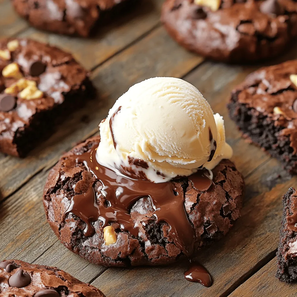 To make these delicious fudgy cookies, gather these ingredients: - 1/2 cup unsalted butter, melted - 1 cup packed brown sugar - 1/4 cup granulated sugar - 2 large eggs - 1 teaspoon pure vanilla extract - 1/2 cup all-purpose flour - 1/3 cup unsweetened cocoa powder - 1/2 teaspoon baking powder - 1/4 teaspoon fine sea salt - 1 cup semi-sweet chocolate chips - 1/2 cup chopped walnuts (optional for added crunch) Measuring ingredients accurately is key to great cookies. Use dry measuring cups for flour and cocoa powder. For sticky items like butter or sugar, a liquid measuring cup works better. Always level off dry ingredients with a knife for precision. This helps ensure every bite is fudgy and chocolatey. Quality matters when picking ingredients. Use real unsalted butter for the best flavor. Choose high-quality cocoa powder for a rich taste. Semi-sweet chocolate chips add sweetness and texture, but you can swap them for dark chocolate if you prefer. If you have allergies, swap all-purpose flour with gluten-free flour. Just check the package for the right ratio. The walnuts give a nice crunch, but you can skip them if you want. Feel free to explore the [Full Recipe] for more details on making these tasty treats! Before you start, get your baking space ready. First, gather your tools. You need a mixing bowl, a spatula, a whisk, and a baking sheet. Line the baking sheet with parchment paper. This helps the cookies not stick. Preheat your oven to 350°F (175°C). This step is key to baking perfect cookies. In a large mixing bowl, pour in the melted butter. Add the brown sugar and granulated sugar. Mix these together until smooth. Next, crack in the eggs, one at a time. Stir well after each egg. This helps make your cookies rich. Finally, add the vanilla extract and mix until everything is combined. In another bowl, sift together the flour, cocoa powder, baking powder, and salt. Sifting removes lumps and blends the flavors. Gradually add this dry mix to your wet ingredients. Use a spatula to fold them together gently. Be careful not to overmix; this can make the cookies tough. Once mixed, fold in the chocolate chips and walnuts, if you’re using them. Using a tablespoon or cookie scoop, drop the dough onto your lined baking sheet. Leave about 2 inches between each cookie. This gives them room to spread. Bake in the preheated oven for 10-12 minutes. Look for slightly set edges and soft centers. This means they will stay fudgy. After baking, let them cool on the sheet for about 5 minutes. Then, transfer them to a wire rack to cool completely. For the full recipe, check out the details provided. To get that fudgy texture, you need to focus on the baking time. Bake your cookies for just 10 to 12 minutes. They should look set on the edges but soft in the middle. This slight underbaking helps keep them chewy and rich. Using a mix of brown sugar and granulated sugar also adds to that fudgy feel. Brown sugar keeps moisture, making your cookies softer. One common mistake is overmixing the dough. Mix only until the ingredients blend. Overmixing adds air, making cookies cakier. Another mistake is not measuring ingredients correctly. Use measuring cups and spoons for accuracy. Too much flour can lead to dry cookies. Also, don’t skip chilling the dough if it gets too soft. Chilling helps the cookies hold their shape while baking. Having the right tools makes baking easier. Here are a few must-haves: - Mixing bowls for wet and dry ingredients - A whisk or spatula for mixing - Measuring cups and spoons for accuracy - Cookie scoop for uniform cookie sizes - Parchment paper for easy cleanup and to prevent sticking These tools help you create perfect fudgy chocolate brownie cookies every time. For the full recipe, check out the details above. {{image_4}} I love adding walnuts to my brownie cookies. The nuts give a nice crunch and rich flavor. They also add healthy fats and protein. To make nutty brownie cookies, simply mix in 1/2 cup of chopped walnuts into the dough. This addition turns a great cookie into an even better one. You can toast the walnuts first for extra flavor. Just bake them at 350°F (175°C) for about 5-7 minutes. You can switch up the chocolate chips for fun. I often use dark chocolate chips for a richer taste. Milk chocolate chips are sweeter and great for kids. If you want something unique, try white chocolate chips. They add a creamy flavor that pairs well with the fudgy texture. Mix and match these chips to create your perfect cookie. You could even use a mix of all three for a fun surprise in every bite! Making these cookies gluten-free is easy. Just use a gluten-free flour blend instead of all-purpose flour. Make sure the blend has a good mix of starches and proteins for the best results. If you need a vegan version, swap the eggs for flax eggs. Mix 1 tablespoon of ground flaxseed with 2.5 tablespoons of water for each egg. This will help bind your cookies without eggs. Both adjustments will keep your cookies delicious and fudgy. For the full recipe, check out the details above! To keep your fudgy chocolate brownie cookies fresh, use a few simple tips. First, let them cool completely before storing. If you store warm cookies, they can become soggy. Next, place the cookies in an airtight container. This keeps them soft and prevents them from drying out. If you have many cookies, separate layers with parchment paper. This will stop them from sticking together. Freezing is a great way to save your cookies for later. To freeze, first make sure the cookies are fully cool. Then, place them in a single layer on a baking sheet. Freeze them for about an hour. Once frozen, transfer the cookies to a freezer-safe bag. Remove as much air as possible before sealing. They will stay fresh for up to three months. When you want a treat, just take out as many as you need. To enjoy your cookies warm, reheat them in the oven. Preheat the oven to 350°F (175°C). Place the cookies on a baking sheet and heat for about 5 minutes. This helps them regain their fudgy texture. You can also use the microwave. Heat them for about 10-15 seconds. This will warm them up, but be careful not to overdo it. Enjoy your fudgy chocolate brownie cookies right after reheating for the best taste! For the full recipe, check out the details above. The ideal baking time for fudgy chocolate brownie cookies is 10-12 minutes. I like to watch for signs. The edges should look set, but the center may still seem soft. This is a good sign! When you take them out, they will continue to bake a bit on the sheet. Yes, you can use margarine instead of butter. However, I recommend using unsalted margarine for the best taste. Margarine can affect the texture and flavor slightly. Butter gives a richer taste and a better chew. To tell if your cookies are done, look at the edges. They should look firm and almost set. The center may look a little underbaked. This is perfect for a fudgy texture! Let them cool for a few minutes on the baking sheet before moving them to a wire rack. This helps them firm up nicely. For the complete recipe, check the [Full Recipe]. In this blog post, we explored how to make fudgy chocolate brownie cookies. We discussed key ingredients, measurements, and even substitutions for quality. The step-by-step instructions showed how to mix, prepare, and bake perfectly chewy cookies. I shared tips for achieving that fudgy texture and common mistakes to avoid. Don’t forget the fun variations to try! Finally, I provided the best storage methods to keep your cookies fresh. Enjoy baking these cookies and impress everyone with your skills!