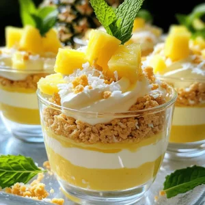 - 1 can (20 oz) crushed pineapple, thoroughly drained - 1 cup whipped cream cheese (softened at room temperature) - 1/2 cup powdered sugar - 1/2 teaspoon pure vanilla extract - 1 cup finely crushed graham crackers - 1/4 cup unsweetened coconut flakes - 1/2 cup mini marshmallows - Fresh pineapple chunks, for garnishing - Fresh mint leaves, for optional garnish - Mixing bowls - Electric mixer - Measuring cups and spoons Gathering your ingredients is vital for a smooth cooking process. Start with the main ingredients: crushed pineapple, whipped cream cheese, and powdered sugar. These three create the rich, creamy base of your dessert. Make sure your cream cheese is soft; this helps it blend easily. You can also add coconut flakes and mini marshmallows for extra flavor and texture. For tools, have mixing bowls, an electric mixer, and measuring cups ready. The electric mixer will whip everything together quickly, saving you time. Each tool plays a key role in making this dessert delightful and easy. With the right ingredients and tools, you're set to create a treat that brightens any day! For the complete recipe, check out [Full Recipe]. To start, grab a large mixing bowl. In this bowl, combine the drained crushed pineapple, whipped cream cheese, powdered sugar, and vanilla extract. Use an electric mixer on medium speed. Mix until your ingredients blend smoothly. You want a creamy texture with no lumps. Next, take another bowl for your dry mix. Add the finely crushed graham crackers and unsweetened coconut flakes. Mix them well. Set aside 1/4 cup of this mixture to use later as a topping. This will add a nice crunch. Now it’s time to assemble your dessert. Gently fold the remaining dry mixture into your creamy pineapple mix. Be careful not to crush the mini marshmallows as you stir them in. Once combined, spoon this creamy goodness into individual dessert cups or a large serving dish. Smooth the top with a spatula. Sprinkle the reserved graham cracker and coconut mix on top for extra crunch. Cover your dessert with plastic wrap. Chill it in the refrigerator for at least 2 hours. This chilling time helps the flavors blend nicely. Just before serving, add some fresh pineapple chunks on top. You can also add fresh mint leaves for a lovely touch. Enjoy! To avoid lumps in the mixture, make sure your cream cheese is very soft. I let mine sit out for about 30 minutes before mixing. When you combine it with the crushed pineapple, whip it well. Use an electric mixer on medium speed to ensure a smooth blend. This step is key for a creamy dessert. When folding in the dry mix, do it gently. This keeps the mixture airy and light. Use a spatula and fold from the bottom up. Serving this dessert in individual cups adds a nice touch. For elegance, use decorative plates under each cup. You can also layer the dessert for added flair. Add a few edible flowers for color. They look great and make the dish even more special. Just before serving, top with fresh pineapple chunks. This brightens the dish and adds a fresh taste. If you want, add mint leaves for a pop of green. If you want to mix it up, try different fruits. Mango or strawberries can be tasty swaps. You can also add diced peaches for a summer twist. For toppings, consider crushed nuts or chocolate shavings. They add a nice crunch and flavor. You can even switch the marshmallows for yogurt-covered ones. Each variation brings its own fun taste and texture. Try these ideas to make your Pineapple Dream Dessert uniquely yours! {{image_4}} You can add a fun tropical twist to your Pineapple Dream Dessert. Try mixing in mango or coconut cream. These fruits will boost flavor and give a new look. You can also create a tropical fruit layer. Add sliced kiwis or passion fruit on top for a bright, fruity finish. If you want a lighter dessert, use low-fat cream cheese. This swap cuts calories but keeps the taste. You can also replace sugar with natural sweeteners like honey or maple syrup. These options help make your dessert a bit healthier without losing flavor. You can adapt this dessert for seasonal fruits, too. In summer, add berries like strawberries or blueberries for a fresh twist. You can also include seasonal fruits for garnish. Fresh peaches or plums would add color and taste, making your dessert even more inviting. For the full recipe, check out the recipe section above! To keep your Pineapple Dream Dessert fresh, store it in the refrigerator. Make sure to use airtight containers. This helps prevent it from drying out or absorbing other smells. If you have leftover dessert, cover it with plastic wrap. This keeps it nice and creamy for later. Can Pineapple Dream Dessert be frozen? Yes, you can freeze it! Just scoop the dessert into a freezer-safe container. Make sure to leave some space at the top, as it will expand. When you're ready to eat it, thaw it in the fridge overnight. After thawing, give it a gentle stir before serving. This helps restore its creamy texture. How long does the dessert last in the fridge? Pineapple Dream Dessert stays good for about 3 to 4 days. Always check for signs of spoilage. If you see any changes in color or smell, it's time to toss it. Freshness matters when it comes to enjoying this delightful treat. Pineapple Dream Dessert is a light and creamy treat. It features crushed pineapple mixed with whipped cream cheese. This dessert has a sweet and tropical flavor. The base is fluffy, and it has a crunchy topping made from graham crackers and coconut. Each bite feels like a trip to a sunny beach. Yes, you can prepare Pineapple Dream Dessert in advance. Make it up to a day ahead of your event. Just follow the recipe steps and chill it in the fridge. Chilling helps the flavors blend well. When you are ready to serve, add fresh pineapple chunks and mint leaves for a nice touch. Yes, you can make a vegan version. For the cream cheese, use a plant-based alternative. You can find many brands that offer vegan cream cheese. Replace powdered sugar with coconut sugar or agave syrup. For the marshmallows, look for vegan options in stores. This way, you can enjoy the same tasty dessert without any animal products. Pineapple Dream Dessert is a fun and easy treat to make. You mix crushed pineapple, cream cheese, and sugar for a sweet base. Adding coconut, fruit, or marshmallows makes it even better. Remember to chill it for great taste! You can also try adding other fruits or using healthier swaps. Store leftovers right to keep them fresh. This dessert is sure to please everyone. Enjoy every bite of your delicious creation!