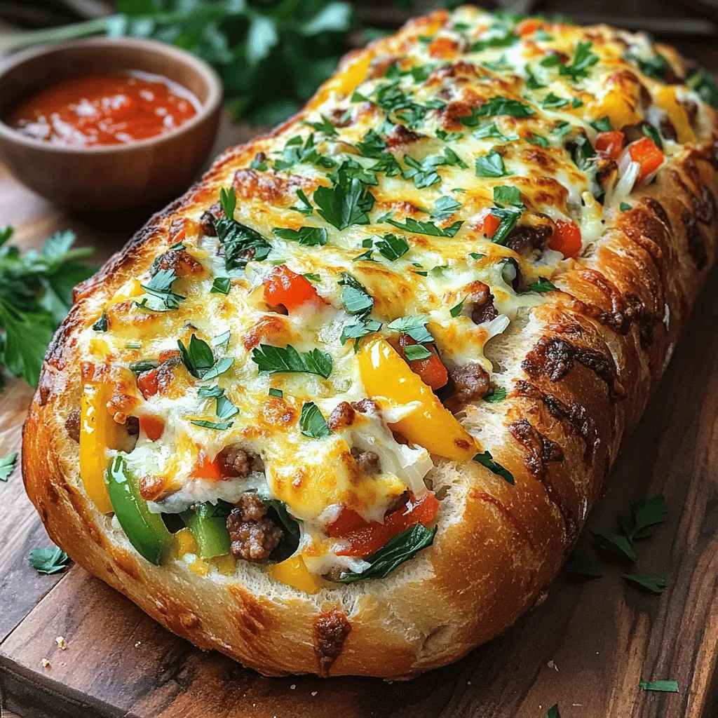 Here is what you need to make Cheesy Garbage Bread Delight: - Large loaf of Italian bread - 1 cup shredded mozzarella cheese - ½ cup grated Parmesan cheese - 1 cup mixed vegetables (diced bell peppers, sliced onions, chopped mushrooms, and fresh spinach) - ½ cup cooked and crumbled sausage or ground turkey (optional) - 1 tablespoon garlic powder - 1 tablespoon Italian seasoning - 2 tablespoons olive oil - Salt and pepper to taste - Fresh parsley, finely chopped, for garnish These ingredients create a warm, cheesy dish that fills you up. The mix of flavors and textures makes every bite a delight. This recipe is all about comfort and fun! You can adjust the veggies and proteins to fit your tastes. Check the Full Recipe for more details on how to bring this dish to life. - Preheat your oven to 375°F (190°C). This step warms up the oven for baking. - Take the large loaf of Italian bread and slice it horizontally. You want to create a top and bottom. - Next, hollow out the inside of the bread. Use your fingers or a spoon. Leave about half an inch of crust. This helps hold the filling. - In a large skillet, heat the olive oil over medium heat. This step adds flavor to your filling. - Add the mixed vegetables to the skillet. If you want, include the cooked sausage or ground turkey. - Sauté the mixture for about 5-7 minutes. Cook until the veggies soften and the meat is done. - Remove the skillet from heat. Stir in the shredded mozzarella and grated Parmesan. Add garlic powder and Italian seasoning next. Season with salt and pepper. Mix everything well. - Carefully fill the hollowed-out bread with the cheesy mixture. Pack it tightly for the best flavor. - Place the stuffed bread on a baking sheet lined with parchment paper. - Bake in the preheated oven for 15-20 minutes. Watch closely until the cheese melts and bubbles. The bread should turn golden brown. - Once baked, take it out of the oven. Let it cool for a few minutes before slicing into generous pieces. This recipe delivers a warm, cheesy delight for any occasion. For more details, check the Full Recipe. Using fresh ingredients makes a big difference in taste. I love using vibrant vegetables for color and crunch. Fresh herbs can also brighten up the dish. Adjusting seasoning is key. Taste as you go! You can add more salt, pepper, or spices based on what you like. Don't shy away from experimenting with flavors. For the best results, bake your cheesy garbage bread at 375°F (190°C). This temperature helps the bread crisp up nicely. Bake for about 15-20 minutes. Keep an eye on it! Look for a golden brown crust. The cheese should melt and bubble. Use a fork to check if it's warm inside. Presentation matters! Slice the cheesy garbage bread on a wooden board for a rustic look. Sprinkle some fresh parsley on top for a pop of color. Serve with a small bowl of marinara sauce for dipping. This adds flavor and makes it fun to eat! Pair it with a side salad for a complete meal. For a twist, try adding a spicy dip to kick things up a notch. {{image_4}} You can make Cheesy Garbage Bread Delight your own by changing the fillings. Try using different vegetables or cheese types. For veggies, bell peppers, zucchini, or broccoli work great. If you love cheese, consider pepper jack for a spicy kick or gouda for a smoky flavor. If you want a vegetarian option, skip the meat. You can add more veggies or use plant-based sausage. This keeps the dish hearty and satisfying. For those who need gluten-free bread, there are tasty alternatives. Look for gluten-free Italian bread at the store. You can also use gluten-free bagels or even polenta. When making it gluten-free, check all other ingredients. Ensure your cheeses and spices are labeled gluten-free. This way, everyone can enjoy this comfort dish. Want to spice things up? Add some heat with spices or hot sauce. A pinch of red pepper flakes can make a big difference. If you prefer milder flavors, try adding fresh herbs. Basil and oregano add a burst of freshness. You can also mix in some garlic or onion powder for extra flavor. These small changes can elevate your Cheesy Garbage Bread Delight to a new level. For the full recipe, check out the earlier section! To keep your Cheesy Garbage Bread Delight fresh, store leftovers in the fridge. Place any unused bread in an airtight container. This method helps keep it moist and tasty. If you want to store it longer, wrap it tightly in foil or plastic wrap. This protects it from freezer burn, allowing you to enjoy it later. When you're ready to eat the leftovers, reheating is easy. Preheat your oven to 350°F (175°C). Place the stuffed bread on a baking sheet. Heat it for about 10-15 minutes. This method keeps it crispy and warm. Avoid using the microwave, as it can make the bread soggy. For best results, check it often. Keep an eye on it to ensure it heats evenly. Enjoy your delicious meal again! You can prepare Cheesy Garbage Bread Delight a day in advance. Start by making the filling as directed. After mixing in the cheese and seasonings, let it cool. Store the filling in an airtight container in the fridge. When you're ready to bake, hollow out the bread and fill it. Then, bake as usual. This saves time and gives you a tasty treat ready to go! Yes, you can freeze Cheesy Garbage Bread Delight. To do this, bake it first. Once it cools, wrap it tightly in plastic wrap and then foil. This prevents freezer burn. When you're ready to enjoy it, thaw it in the fridge overnight. Then, reheat it in the oven at 375°F until warm and cheesy again. This keeps the flavors intact and the bread fresh. This dish pairs well with several sides. Try a simple salad with fresh greens and tomatoes. A side of marinara sauce works great for dipping. For drinks, a light soda or sparkling water complements the flavors nicely. If you want something warm, a cup of soup can be a great match. These options add variety and balance to your meal. Cheesy Garbage Bread Delight is simple to make and full of flavor. You learned about the key ingredients and easy steps to prepare this dish. I shared tips to boost taste and ideas for customizing fillings. Proper storage methods help keep leftovers fresh. This dish is versatile, making it great for any meal. I hope you feel inspired to try it. Your taste buds will thank you for this cheesy goodness!