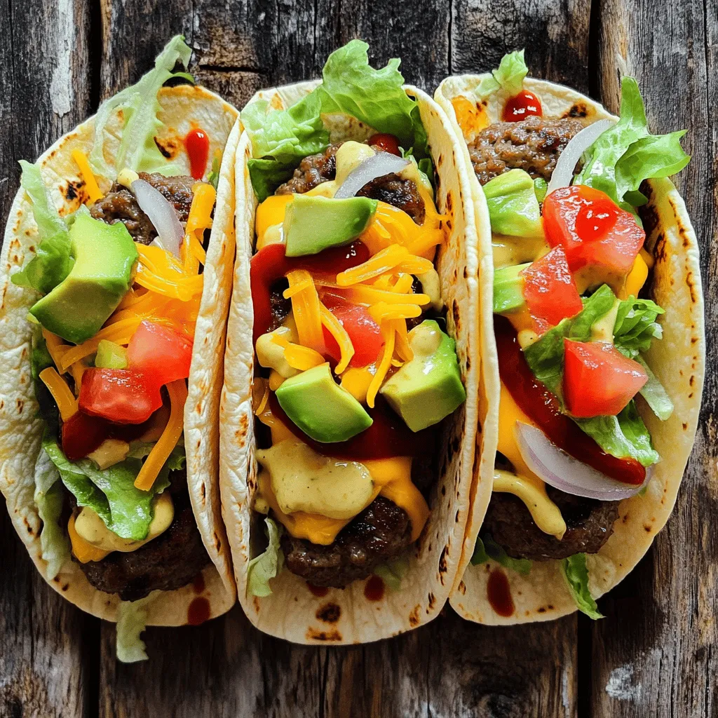 - Ground beef (80/20 blend) - Corn tortillas - Shredded cheddar cheese The main ingredients are simple yet full of flavor. I love using an 80/20 blend of ground beef. This mix has enough fat to keep the meat juicy. Corn tortillas add a nice texture. They hold all the goodness inside. Shredded cheddar cheese melts beautifully on the patties. It adds a rich, creamy taste. - Diced onions and tomatoes - Pickles, mayonnaise, ketchup, mustard - Shredded lettuce and avocado for garnish Optional ingredients can take your tacos to the next level. Diced onions and tomatoes add crunch and freshness. Pickles give a nice tang that cuts through the richness of the beef. I suggest mixing mayonnaise, ketchup, and mustard for a tasty sauce. This sauce adds creaminess and flavor. For garnish, shredded lettuce and avocado slices make your tacos look great. They also add texture and healthy fats. To see the complete recipe, check the Full Recipe section. To start, grab a mixing bowl. Combine 1/4 cup of mayonnaise, 2 tablespoons of ketchup, and 1 tablespoon of yellow mustard. Mix well until the sauce is smooth. This sauce adds a nice zing to the tacos. Next, heat a large skillet over medium-high heat. While it heats, divide 1 pound of ground beef into four equal portions. Each portion should weigh about 4 ounces. Once the skillet is hot, place each beef portion in the skillet. Use a sturdy spatula to press down firmly on each portion. Aim to create thin, wide patties. Season each patty with salt and pepper. Let them cook for about 3-4 minutes until the bottoms are nicely browned. Carefully flip each patty using the spatula. Sprinkle shredded cheddar cheese over each patty. Cook for an additional 2-3 minutes until the cheese melts and bubbles. While the patties cook, warm 8 small corn tortillas in a separate skillet. Heat them over medium heat for about 30 seconds on each side. This step makes them soft and easy to fold. Now it’s time to build your tacos! Place one cheeseburger patty on each warmed tortilla. Top each patty with diced onions, fresh tomatoes, and chopped pickles. Drizzle a spoonful of the prepared sauce over the top for extra flavor. If you want, add a handful of shredded lettuce and a few slices of avocado on each taco. This adds a nice crunch and color. Serve your Smash Burger Tacos right away while warm. Enjoy every bite of this fun meal! For the full recipe, check out the main article. To make great Smash Burger Tacos, you need to get the smash just right. Here’s how to do it: - Best Techniques for Flattening the Patties: Start with cold ground beef. Divide it into equal portions. Use a sturdy spatula to press down hard on each portion. This creates a thin patty that cooks evenly. Press quickly for the best results. Don’t worry if they look messy; it adds character. - Ideal Skillet Temperature for Cooking: Heat your cast-iron skillet over medium-high heat. You want it hot enough to sizzle when you add the beef. If it’s not hot enough, the patties will steam instead of sear. A good sear gives that nice crust and flavor. Flavor makes the meal memorable. Here are some tips to boost taste: - Seasoning Options and Sauce Variations: Use a mix of salt and pepper on the patties. For extra flair, try adding garlic powder or smoked paprika. You can also make the sauce unique. Mix in some hot sauce or BBQ sauce for a twist. - Topping Recommendations for Texture and Taste: Fresh toppings add crunch and flavor. Use diced onions and tomatoes for freshness. Pickles bring tang. Don’t forget the cheese; it should be melted and gooey. For a creamy touch, add a spoonful of sauce. You can also add shredded lettuce and avocado for extra texture. These tips will help you create the best Smash Burger Tacos. For the full recipe, check out the earlier section! {{image_4}} You can switch up the meat in Smash Burger Tacos. Ground turkey or chicken works well. These options are leaner yet still tasty. If you want a vegetarian choice, try black bean or lentil patties. They pack a punch of flavor and nutrition. Cheese adds a creamy touch to your tacos. While cheddar is great, Swiss or pepper jack can spice things up. For a dairy-free option, use vegan cheese. Each cheese brings its unique flavor, making your tacos even more fun. Want to explore new tastes? Add taco spices to the beef for a zesty twist. You can also try different salsas. A mango salsa can add sweetness, while a spicy salsa can kick up the heat. Experiment with these flavors to find your favorite mix! For the full recipe, check out the Smash Burger Tacos section. To keep your Smash Burger Tacos fresh, store leftovers in airtight containers. Place leftover patties in one container and toppings in another. This way, the flavors stay separate and fresh. Refrigerate them right away, and they will last for up to three days. When ready to eat, reheat the patties in a skillet over medium heat. This restores their juicy goodness. You can also warm the tortillas in the oven or on a skillet. Just heat them for about 30 seconds on each side. If you want to save some for later, freezing is a great choice. You can freeze the cooked patties or the whole assembled tacos. For patties, place them in a single layer on a baking sheet. Once frozen, transfer them to a freezer bag. They can stay frozen for up to three months. To freeze tacos, wrap each one in foil. This helps prevent freezer burn. When it’s time to enjoy, thaw in the fridge overnight. Reheat the patties on the skillet, and warm the tortillas. This keeps them tasty and fun! Smash Burger Tacos mix two tasty meals—smash burgers and tacos. You start with a juicy beef patty. Then you put it in a warm tortilla. Top it with cheese, onions, and pickles. This dish is fun and easy. It brings the flavors of a burger into a taco form. You get to enjoy the best of both worlds! To keep your tacos crisp, start with warm, not hot, tortillas. This helps them stay firm. Don't overload them with toppings. A little goes a long way! Also, serve the sauce on the side. This way, each bite stays fresh. If you heat the tortillas on a dry skillet, they will stay nice and crunchy. Yes, you can prep some parts in advance. Cook the beef patties and store them in the fridge. You can also prepare the sauce and toppings ahead. Just assemble the tacos before serving. This keeps everything fresh and warm. If you want to save time, you can even freeze the cooked patties. Just thaw them before heating. Follow the Full Recipe for more tips! Smash burger tacos combine the best of both worlds: juicy burgers and tasty tacos. We covered the main ingredients, from ground beef to cheddar cheese. I shared steps for making the sauce, cooking the patties, and assembling your tacos. Helpful tips helped you achieve the perfect smash and enhance flavors. Lastly, you learned about storage and variations for your tacos. Enjoy making this fun dish with your favorite flavors!
