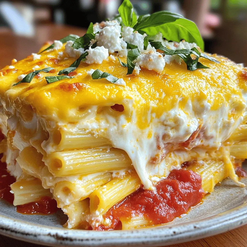 To make your Five Cheese Ziti Al Forno, gather these ingredients: - 1 pound ziti pasta - 2 cups marinara sauce - 1 cup ricotta cheese - 1 cup shredded mozzarella cheese - 1 cup shredded gouda cheese - 1/2 cup grated parmesan cheese - 1/2 cup crumbled goat cheese - 2 tablespoons olive oil - 2 cloves garlic, minced - 1 teaspoon dried oregano - Salt and freshly cracked black pepper, to taste - Fresh basil leaves for garnish Using the right ingredients makes a big difference. Here are some helpful tips: - Pasta: You can use penne or rigatoni instead of ziti. Both work well. - Cheese: Feel free to mix your favorite cheeses. Fontina or cheddar can replace gouda. - Sauce: If you want a kick, use spicy marinara. It adds great flavor. - Herbs: Fresh herbs like thyme or parsley can give a fresh taste, too. Quality ingredients lead to a tasty dish. Here’s why they matter: - Freshness: Fresh cheeses melt better and taste great. Look for good quality at your store. - Flavor: High-quality marinara has deep flavors. It makes your ziti rich and savory. - Source: Try to choose local or organic ingredients. They often taste better and are better for you. By using fresh and high-quality ingredients, your Five Cheese Ziti Al Forno will shine. You can find the full recipe for this delicious dish and enjoy cooking it at home! To make Five Cheese Ziti Al Forno, you need to prep your ingredients first. Gather all the items on the list. This includes ziti pasta, marinara sauce, and five types of cheese. Chop your garlic and measure out the herbs and spices. Prepping helps keep the cooking process smooth and fun. 1. Preheat the Oven: Set your oven to 375°F (190°C). This step is key to get that perfect bake. 2. Cook the Pasta: Boil salted water in a large pot. Add the ziti pasta and cook until al dente, about 6-8 minutes. Drain the pasta and let it sit. 3. Sauté the Garlic: In a skillet, heat olive oil on medium. Add minced garlic and sauté for 1 minute. You want the garlic fragrant, not brown. 4. Prepare the Marinara Sauce: Add marinara sauce and oregano to the skillet. Stir well, and let it simmer for 5 minutes. This melds the flavors. 5. Combine the Ingredients: In a big bowl, mix the cooked ziti, ricotta cheese, half of the mozzarella, gouda, parmesan, and half of the goat cheese. Season with salt and pepper. 6. Mix in the Marinara: Pour the marinara sauce over the ziti mix. Stir gently until everything is well coated. 7. Transfer to a Baking Dish: Grease a 9x13-inch dish. Spread the ziti mixture evenly in the dish. Top with the rest of the mozzarella and goat cheese. 8. Bake Covered: Cover with aluminum foil. Bake for 25 minutes to keep it moist. 9. Bake Uncovered: Remove the foil after 25 minutes. Bake for another 15 minutes. Look for a golden, bubbly top. 10. Let it Rest: Take it out of the oven. Let it rest for 5-10 minutes. This helps it set. 11. Garnish: Add fresh basil leaves on top before serving. This adds flavor and color. Make sure your oven is preheated to 375°F (190°C) for the best results. Bake covered for 25 minutes, then uncovered for 15 minutes. These timing steps are important for a perfect Five Cheese Ziti Al Forno. Following this will yield a delicious and cheesy meal. To make your Five Cheese Ziti Al Forno shine, follow these tips: - Cook Pasta Al Dente: This means it should be firm. Undercook it by one minute to keep it from getting mushy. - Use Fresh Cheese: Fresh cheese gives the best flavor. Look for quality brands at your store. - Layer the Cheese: Mix some cheese into the pasta and sprinkle more on top. This will create a cheesy crust. - Let It Rest: After baking, let the dish sit for 5-10 minutes. This helps it set and makes serving easier. Here are some common pitfalls to watch for: - Overcooking the Pasta: If the pasta is too soft, it will fall apart in the bake. Keep it firm. - Skipping the Rest: Serving too soon can lead to a messy dish. Always let it rest. - Not Seasoning: Don’t forget to add salt and pepper. This enhances the flavors greatly. - Using Low-Quality Marinara: A good sauce makes all the difference. Choose one with fresh ingredients. For the best dining experience, consider these serving ideas: - Garnish with Fresh Basil: This adds color and a fresh taste. It makes your dish look fancy. - Serve with Salad: A simple green salad pairs well and balances the richness of the ziti. - Add Crusty Bread: Bread helps to soak up extra sauce. It’s a great side for any pasta dish. - Offer Extra Cheese: Have more grated parmesan or mozzarella on the side for cheese lovers. For a full recipe, check the details above. Enjoy your cooking! {{image_4}} You can easily adapt Five Cheese Ziti Al Forno to fit a vegetarian diet. Simply skip any meat and load up on veggies. Think bell peppers, spinach, or mushrooms for great flavor. For a gluten-free version, swap regular ziti for gluten-free pasta. Always check labels to ensure no hidden gluten. This way, everyone can enjoy this dish! While the classic five cheeses create a rich taste, you can switch them up. Try using aged cheddar or creamy feta for a twist. You can also add blue cheese for a bold flavor. Mixing cheeses makes the dish unique and fun. Experimenting allows you to find your favorite combo! Get creative with add-ins to make your ziti special. Chopped sun-dried tomatoes add a sweet kick. Sautéed onions bring depth and sweetness. For a spicy kick, toss in red pepper flakes or diced jalapeños. You can even layer in cooked sausage or ground turkey for extra protein. Each of these ideas makes your dish stand out! To store your Five Cheese Ziti Al Forno, let it cool first. Once cool, place it in an airtight container. This keeps it fresh for later meals. If you use a shallow container, it will cool faster. You can store it in the fridge for up to three days. When you're ready to reheat, preheat your oven to 350°F (175°C). Cover the ziti with foil to keep it moist. Heat for about 20 minutes or until warmed through. You can also use the microwave. Place a portion in a bowl, cover it, and heat for about two minutes. Stir halfway to ensure even warming. Freezing is a great option for this dish. First, let it cool completely. Then, cut the ziti into portions. Wrap each portion tightly in plastic wrap, then place them in a freezer-safe bag. This way, it stays fresh for up to three months. When you're ready to eat, thaw it in the fridge overnight before reheating. Enjoy your ziti like it’s fresh from the oven! For the full recipe, check [Full Recipe]. Yes, you can make Five Cheese Ziti Al Forno ahead of time. Just prepare the dish up to the baking step. Cover it tightly and store it in the fridge for up to two days. When you're ready to bake, take it out and let it sit at room temperature for 30 minutes. This helps it cook evenly. Then, bake it as directed in the Full Recipe. To keep the ziti from drying out, make sure you cover the baking dish with foil. This traps steam and moisture. After baking for 25 minutes, remove the foil. This helps the cheese get bubbly and golden. If you notice it still looks dry, you can add a splash of marinara sauce before baking uncovered. Five Cheese Ziti Al Forno pairs well with many dishes. A simple side salad adds freshness. Garlic bread offers a nice crunch. You can also serve it with roasted vegetables for color and flavor. If you want something light, a caprese salad works great too. Each of these sides complements the rich, cheesy flavors of the ziti. Five Cheese Ziti Al Forno is a rich and hearty dish. We discussed the key ingredients and how quality matters. You learned step-by-step cooking instructions to create this meal. Tips and tricks helped you avoid common mistakes and served it perfectly. We also explored fun variations, storage methods, and answered FAQs. Now, you can confidently make this dish and impress anyone at your table. Enjoy your cooking adventure and the smiles that come with sharing this delicious ziti!