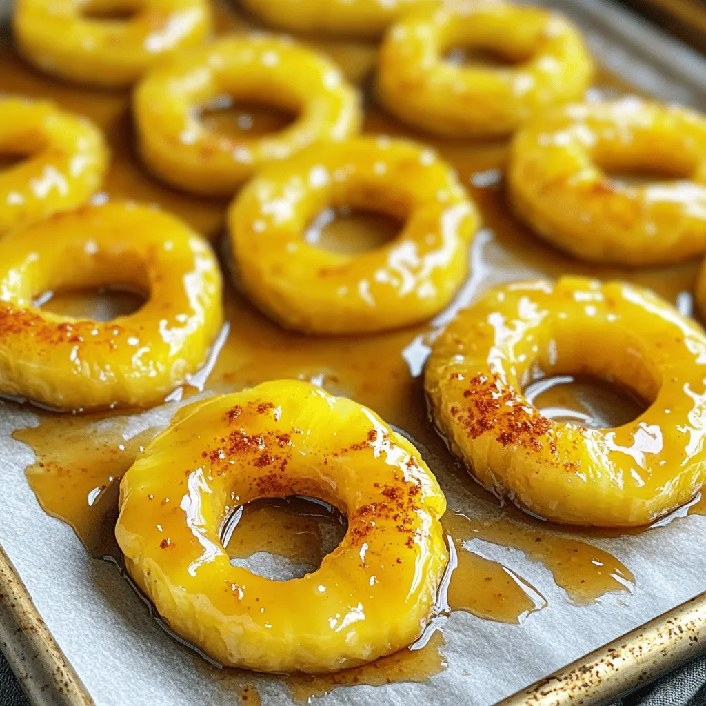 - 1 ripe pineapple, peeled and sliced into 1/4 inch rings - 2 cups granulated sugar - 1 cup apple cider vinegar - 1/2 cup water - 1 tablespoon smoked paprika - 1 tablespoon cayenne pepper (adjust depending on your spice preference) - 1 teaspoon garlic powder - 1 teaspoon onion powder - 1 teaspoon ground cumin - A pinch of salt Using fresh pineapple gives a better taste. Fresh fruit has a bright flavor. It also has a nice texture. Canned pineapple may be an option, but it lacks the same quality. Ingredient quality matters a lot in this recipe. Fresh and ripe pineapple makes a big difference. Good sugar helps create a nice candy texture. Apple cider vinegar adds a tangy kick. Choose high-quality spices; they boost flavor. Using the best ingredients turns a simple treat into something special. For the full recipe, follow the steps carefully to enjoy this tasty homemade treat! To make Pineapple Cowboy Candy, follow these easy steps. Start with a ripe pineapple. Peel it and slice it into 1/4 inch rings. Make sure each slice is even. This helps them cook the same. Use a sharp knife for clean cuts. Mix the marinade in a large bowl. Add sugar, apple cider vinegar, water, and spices. Whisk until smooth. After that, add the pineapple rings. Make sure each ring is fully submerged. Cover the bowl with plastic wrap. Place it in the fridge for at least 4 hours. Overnight works best for deep flavor. Preheat your oven to 200°F (95°C). Line a baking sheet with parchment paper. Remove the pineapple rings from the marinade. Let the excess drip off. Arrange the rings in a single layer on the sheet. Bake for 3 to 4 hours. Flip the rings halfway for even drying. They should turn chewy and candy-like. Once done, let them cool on the sheet. Optionally, drizzle some reserved marinade over the cooled candy for extra flavor. For the full recipe, check out the complete guide. - Adjusting spice levels to personal preference: You can change the heat by using less cayenne pepper. If you like it spicier, add more cayenne to the mix. Always taste the marinade before adding the pineapple. This way, you can find the perfect balance for your taste. - Common mistakes to avoid when making candied pineapple: One mistake is not letting the pineapple marinate long enough. Marinating overnight helps the flavors blend well. Another common error is baking at too high a temperature. Always keep the oven at 200°F (95°C) to ensure even drying. - Suggestions for serving and presenting your candy: Pineapple cowboy candy looks great on a platter. You can drizzle some of the reserved marinade over the candy for extra flavor. Serve it with cheese or as a sweet snack. It can also be a fun addition to a charcuterie board or a gift in a jar. This recipe is easy and fun to make. Try it out today and enjoy the sweet and spicy flavors of pineapple cowboy candy. For more details, check out the Full Recipe. {{image_4}} You can add your own spin to Pineapple Cowboy Candy. Here are some fun ways to change it up. - Adding different spices for unique flavors You might try cinnamon or ginger. These spices can give a warm twist to the candy. You can mix and match to find your favorite combo. - Incorporating other fruits for a mixed candy experience Think about adding mango or peaches. These fruits pair well with pineapple. You can slice them thin and treat them just like the pineapple. - Sweet vs. savory variations: experimenting with herbs and spices Try adding fresh herbs like basil or mint. This can create a fresh, savory flavor. You can also reduce the sugar for a less sweet taste. Feel free to get creative with your flavors! Each variation brings something special to this tasty treat. To keep your Pineapple Cowboy Candy tasty, choose the right containers. Glass jars work best. They keep air out and help the candy stay fresh. Make sure the jars have tight lids. For long-term storage, store the candy in a cool, dark place. A pantry or cupboard is great. Avoid heat and sunlight, as they can affect the candy’s flavor. To keep your candy fresh, check it often. If the candy gets sticky, it needs air. Open the jar for a while to let moisture escape. You can also place a small piece of parchment paper in the jar to absorb extra moisture. If you want to gift your homemade candy, use fun containers. Small mason jars or decorative bags look great. Add a tag with the name of the candy and the date made. This adds a nice touch and shows you care. For sharing, consider making small batches. This way, you can give some away while keeping enough for yourself. Your friends will love this sweet treat! How long does Pineapple Cowboy Candy last? Pineapple Cowboy Candy can last up to two weeks when stored in a cool place. Keep it in an airtight container for the best results. Can I freeze Pineapple Cowboy Candy? Yes, you can freeze Pineapple Cowboy Candy. Just place it in a freezer-safe bag. It will keep for about three months. What are the best uses for leftover marinade? You can use leftover marinade in many ways. It makes a tasty dressing for salads or a base for marinades for other meats. Is it possible to make Pineapple Cowboy Candy spicy? Absolutely! You can add more cayenne pepper to make it spicier. Adjust the amount to fit your taste. For the full recipe, check out the details above. Pineapple Cowboy Candy is a fun treat to make. We explored the best ingredients, how to prepare and bake, and tips for perfecting your recipe. You can experiment with different flavors and store your candy properly. Don’t shy away from being creative in the kitchen. This candy can be a sweet gift or a unique snack. Enjoy the process and taste the rewards of your efforts!
