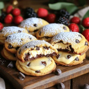 - 1 cup all-purpose flour - 1/2 teaspoon baking soda - 1/4 teaspoon salt - 1/2 cup unsalted butter, softened - 1/2 cup packed brown sugar - 1/4 cup granulated sugar - 1 large egg, at room temperature - 1 teaspoon pure vanilla extract - 1 cup semi-sweet chocolate chips - 8 oz cream cheese, softened - 1/4 cup powdered sugar - 1/2 teaspoon pure vanilla extract - 1 tablespoon fresh lemon juice - Mixing bowls - Hand mixer or stand mixer - Baking sheet - Parchment paper To make these cookies, you need simple and fresh ingredients. For the cookie dough, start with flour. You need a cup of all-purpose flour. This gives the dough structure. Baking soda and salt help balance the flavors. The butter must be soft, making it easy to mix. Use half a cup of unsalted butter. Brown sugar adds moisture and flavor. Use half a cup of packed brown sugar and a quarter cup of granulated sugar for sweetness. A large egg brings everything together. Make sure it’s at room temperature for best results. Pure vanilla extract adds a lovely aroma. Finally, you need a cup of semi-sweet chocolate chips for that gooey goodness. For the cheesecake filling, you’ll use eight ounces of softened cream cheese. This is the base of your filling. Add a quarter cup of powdered sugar for sweetness. A half teaspoon of pure vanilla extract gives it flavor. Lastly, one tablespoon of fresh lemon juice adds a nice zing. Gather all your ingredients and tools before you start. This will make your baking easy and fun. You can find the full recipe for more details. - Preheat your oven to 350°F (175°C). - In a small bowl, mix 1 cup flour, 1/2 teaspoon baking soda, and 1/4 teaspoon salt. - In a large bowl, cream together 1/2 cup softened butter, 1/2 cup brown sugar, and 1/4 cup granulated sugar. Use a hand mixer to make it light and fluffy. - In a separate bowl, beat 8 oz softened cream cheese until it is smooth. - Mix in 1/4 cup powdered sugar, 1/2 teaspoon vanilla extract, and 1 tablespoon lemon juice. Stir until it is well combined. - Take about 1 tablespoon of cookie dough and flatten it in your hand. - Place 1 teaspoon of cheesecake filling in the center. - Carefully wrap the dough around the filling and roll it into a ball. - Place the balls on a baking sheet lined with parchment paper, leaving space between each ball. Now you have the steps to create these delightful cheesecake stuffed chocolate chip cookies. For the full recipe, check the ingredients and instructions provided earlier. Enjoy this fun baking adventure! Using room temperature ingredients is key. It helps the butter mix well, making a smooth dough. Cold ingredients can lead to clumps. For the best result, let your egg and cream cheese sit out for about 30 minutes before using them. Avoiding overmixing is also crucial. Mix the dough just until combined. Overmixing can make cookies tough. Gently fold in the chocolate chips with a spatula. This keeps the texture soft and chewy. Monitoring the baking time is important. Each oven is different, so keep an eye on your cookies. Bake them for 10 to 12 minutes until the edges turn a nice golden brown. The centers should look set but not too hard. For even baking, space your cookie dough balls about 2 inches apart on the baking sheet. This gives them room to spread. Using parchment paper helps, too. It prevents sticking and promotes even heat. Dusting with powdered sugar adds a lovely touch. It makes the cookies look fancy and taste sweet. Use a fine sieve to sprinkle it evenly over the cookies for a nice finish. Serving with fresh berries brings color and flavor. Berries like strawberries or raspberries pair well with the rich cheesecake filling. Arrange them on the plate for a beautiful presentation. Enjoy your delicious Cheesecake Stuffed Chocolate Chip Cookies! For the complete recipe, check out the Full Recipe section. {{image_4}} You can change the flavor of these cookies easily. Use dark or white chocolate chips for a twist. Dark chocolate gives a rich taste, while white chocolate adds sweetness. You can also mix in nuts or dried fruit for extra crunch. Walnuts or pecans work well. Dried cranberries or cherries add a fun contrast to the sweet cheesecake filling. If you need gluten-free cookies, swap regular flour for a gluten-free blend. Make sure the blend has a good structure. For vegan cookies, replace butter with coconut oil. Use a flax egg instead of the egg. This way, you can enjoy these cookies without dairy or gluten. You can play with the cheesecake filling too. Try flavored fillings like chocolate or raspberry for a fun change. Mixing in cocoa powder or fruit puree can elevate the flavor. For a healthier option, use Greek yogurt instead of cream cheese. It gives a creamy texture with less fat. To keep your cheesecake stuffed chocolate chip cookies fresh, store them in airtight containers. This method prevents air from making them stale. You can keep them at room temperature for about 3 to 5 days. If you want to extend their life, refrigerate them for up to a week. You can freeze both unbaked and baked cookies. For unbaked cookies, shape them into balls and place them on a baking sheet. Freeze them until solid, then transfer them to a freezer bag. For baked cookies, let them cool completely before wrapping them in plastic wrap. Store them in a freezer-safe container. To thaw, leave them in the fridge overnight or at room temperature for a few hours. To reheat, use an oven set to 350°F (175°C). Place the cookies on a baking sheet and heat for about 5 to 7 minutes. This method keeps the cookies soft and warm. If you want to retain the gooey cheesecake center, avoid microwaving, as it can make the cookies tough. Enjoy your delightful treat fresh! These cookies stay fresh for about 5 days when stored properly. Keep them in an airtight container at room temperature. This helps maintain their soft and chewy texture. If you want to keep them longer, you can freeze them. They will last up to 3 months in the freezer. Just wrap each cookie in plastic wrap before placing them in a freezer bag. Yes, you can prepare the dough in advance! Make the cookie dough ahead of time and store it in the fridge. Wrap it in plastic wrap and it will stay good for about 3 days. This way, you can bake fresh cookies whenever you want. You can also freeze the dough for up to 3 months. Just thaw it in the fridge before baking. If your cheesecake filling is too runny, there are a few easy fixes. First, chill the filling in the fridge for about 20 minutes. This helps it firm up. If it’s still too soft, add a bit more powdered sugar. This will thicken it without changing the taste. You can also mix in a little more cream cheese if needed. Just make sure it’s softened first for easy blending. In this article, we covered how to make tasty cheesecake cookies. You learned the right ingredients for the cookie dough and the cheesecake filling. I shared tips to get the best texture and bake them evenly. You can also change flavors and store the cookies well. Remember, using the right tools and methods makes a big difference. Enjoy baking these cookies—they're sure to impress everyone!
