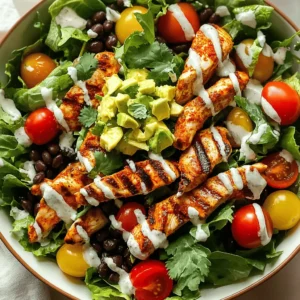 - 2 boneless, skinless chicken breasts - 4 cups mixed salad greens (romaine, spinach, and arugula) - 1 cup canned black beans, rinsed and drained - 1 cup corn (canned or frozen, thawed if using frozen) - 1 cup cherry tomatoes, halved - ½ medium red onion, thinly sliced - 1 ripe avocado, diced - ½ cup fresh cilantro, chopped - 1 tablespoon extra virgin olive oil - 1 teaspoon smoked paprika - 1 teaspoon ground cumin - ½ teaspoon cayenne pepper (adjust based on heat preference) - Salt and black pepper, to taste - Juice of 1 lime - ½ cup ranch dressing or cilantro-lime dressing When I make Spicy Southwest Chicken Salad, I love how fresh it feels. The chicken breasts serve as the hearty base. They soak up the spices and bring a lot of flavor. The mixed greens add a crisp texture. You can use romaine, spinach, and arugula for variety. Black beans and corn provide protein and sweetness. They balance the heat from the spices well. Cherry tomatoes add a juicy burst of flavor. The red onion gives a nice crunch and slight bite. Avocado adds creaminess, making every bite rich. Finally, fresh cilantro brightens the whole dish. The spices are essential. Smoked paprika gives a warm, earthy flavor. Ground cumin adds depth, while cayenne pepper brings heat. Adjust the cayenne to match your taste. The olive oil and lime juice combine to create a zesty dressing. Ranch or cilantro-lime dressing adds a creamy finish. You can find the full recipe to create this delicious salad. It's a fun dish to make, and it tastes amazing! Start by preheating the grill. Set it to medium heat. This ensures even cooking. While it heats up, you can marinate the chicken. In a bowl, mix together: - 1 tablespoon extra virgin olive oil - 1 teaspoon smoked paprika - 1 teaspoon ground cumin - ½ teaspoon cayenne pepper (adjust for heat) - Salt and black pepper to taste Rub this spice mix over both sides of the chicken breasts. Make sure to coat them well. Now it’s time to grill the chicken. Place the chicken on the grill and cook for about 6-7 minutes on each side. You want the internal temperature to reach 165°F (75°C). This means the chicken is fully cooked. After grilling, let the chicken rest for a few minutes. This helps keep it juicy. Then, slice the chicken into thin strips. For the salad, grab a large bowl. First, mix the salad ingredients. Combine: - 4 cups mixed salad greens - 1 cup cherry tomatoes, halved - 1 cup canned black beans, rinsed and drained - 1 cup corn (canned or frozen, thawed if using frozen) - ½ medium red onion, thinly sliced Toss these gently to mix. Then, combine with the grilled chicken strips and diced avocado. Next, drizzle fresh lime juice over the salad. You can also add ½ cup ranch dressing or your choice of dressing. Gently toss everything together until all the ingredients are coated. For a final touch, sprinkle chopped cilantro on top just before serving. This adds a fresh burst of flavor. For the complete recipe, check the Full Recipe section. To make your chicken perfect, ensure it reaches 165°F (75°C). This way, you know it's safe to eat. Use a meat thermometer to check. If you want more spice, you can adjust the cayenne pepper. Start small, then add more if you like heat. Make this salad pop by using large, colorful bowls. Chill the salad before serving for a fresh taste. Garnish with extra cilantro and lime wedges. This adds a nice touch! Arrange avocado slices on top for a beautiful look. For a complete meal, pair the salad with warm tortillas or crusty bread. You could also serve a light soup on the side. This makes a nice contrast with the salad's flavors. You’ll need a grill or grill pan for cooking the chicken. A meat thermometer is a must for checking doneness. Use a sharp knife for slicing the chicken. A large salad bowl helps you mix the ingredients well. To save time, prep all your ingredients before cooking. This way, you’ll have everything ready when you need it. Enjoy making your Spicy Southwest Chicken Salad with these tips! For the full recipe, check the earlier section. {{image_4}} You can change the proteins in your Spicy Southwest Chicken Salad. Try tofu for a plant-based option. Shrimp also works well if you like seafood. Just grill or sauté them as you would the chicken. For vegetables, use seasonal picks. In summer, add fresh corn or zucchini. In fall, try roasted sweet potatoes or butternut squash. These swaps keep your salad exciting and fresh. Homemade dressings add a personal touch. Whisk together yogurt, lime juice, and herbs for a creamy option. You could also mix olive oil, vinegar, and spices for a zesty vinaigrette. If you want low-calorie options, use non-fat yogurt or a light vinaigrette. They keep the flavor without the extra calories. Want to amp up the taste? Consider adding spices like chili powder or garlic powder. These can give your salad an extra kick. Adding fruits like mango or pineapple can also enhance the flavor. Their sweetness balances the spice in the salad. You will love the bright taste they bring. Check out the Full Recipe for more ideas on making this salad your own! To keep your Spicy Southwest Chicken Salad fresh, store it in the fridge. Use an airtight container to prevent air from spoiling the ingredients. This helps the salad stay crisp for up to three days. I recommend separating the dressing from the salad. This keeps the greens from getting soggy. If you have grilled chicken leftovers, reheat them gently. You can use a microwave or a skillet. For the microwave, place the chicken on a microwave-safe plate. Heat it in short bursts to avoid drying it out. When using a skillet, add a splash of water and cover it to steam. Serve the chicken warm, but be careful not to reheat the entire salad. Keep the fresh veggies and dressing cold for the best taste. To save time, prepare ingredients in advance. Cook the chicken and let it cool before slicing. You can chop veggies the night before. Store them in separate containers. Use glass containers for the best results. They keep food fresh longer and are easy to clean. This way, you can assemble your salad quickly during the week. And don’t forget to try the full recipe for more delicious details! You can prep the salad a day before. Cook the chicken and let it cool. Slice the chicken and store it in a sealed container. Mix the salad greens, beans, corn, and veggies in another container. Keep the dressing separate. When ready to eat, combine all parts. This keeps everything fresh and tasty. Yes, you can! Just make sure to thaw it first. Place the frozen chicken in the fridge overnight. If you're in a hurry, you can use the microwave. Cook it until it's fully thawed. Then, follow the recipe to marinate and cook the chicken. This salad is quite healthy! Each serving has about: - Calories: 350 - Protein: 30g - Carbohydrates: 30g - Fat: 15g - Fiber: 10g These numbers can vary based on your dressing choice and any extras you add. Yes, it can be! To lower carbs, skip the corn and beans. Focus on the chicken and greens. You can also use a low-carb dressing. This way, you still enjoy a filling salad without too many carbs. This salad pairs well with many sides. Try serving it with: - Cornbread for a sweet touch - Tortilla chips for crunch - Grilled vegetables for extra flavor - A light soup for warmth Explore these options to make a complete meal! For the full recipe, check out the Spicy Southwest Chicken Salad section above. This blog post detailed how to make a tasty Spicy Southwest Chicken Salad. We explored key ingredients, cooking steps, and tips for perfection. You learned about fun ways to customize your salad and how to store leftovers. In closing, this dish is easy to prepare and great for all meals. It's healthy, flavorful, and packed with nutrients. Enjoy being creative with it!