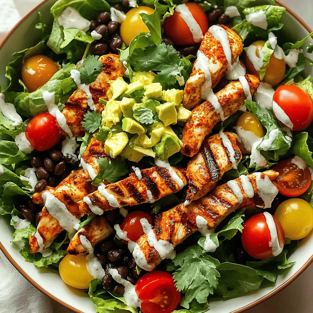 - 2 boneless, skinless chicken breasts - 4 cups mixed salad greens (romaine, spinach, and arugula) - 1 cup canned black beans, rinsed and drained - 1 cup corn (canned or frozen, thawed if using frozen) - 1 cup cherry tomatoes, halved - ½ medium red onion, thinly sliced - 1 ripe avocado, diced - ½ cup fresh cilantro, chopped - 1 tablespoon extra virgin olive oil - 1 teaspoon smoked paprika - 1 teaspoon ground cumin - ½ teaspoon cayenne pepper (adjust based on heat preference) - Salt and black pepper, to taste - Juice of 1 lime - ½ cup ranch dressing or cilantro-lime dressing When I make Spicy Southwest Chicken Salad, I love how fresh it feels. The chicken breasts serve as the hearty base. They soak up the spices and bring a lot of flavor. The mixed greens add a crisp texture. You can use romaine, spinach, and arugula for variety. Black beans and corn provide protein and sweetness. They balance the heat from the spices well. Cherry tomatoes add a juicy burst of flavor. The red onion gives a nice crunch and slight bite. Avocado adds creaminess, making every bite rich. Finally, fresh cilantro brightens the whole dish. The spices are essential. Smoked paprika gives a warm, earthy flavor. Ground cumin adds depth, while cayenne pepper brings heat. Adjust the cayenne to match your taste. The olive oil and lime juice combine to create a zesty dressing. Ranch or cilantro-lime dressing adds a creamy finish. You can find the full recipe to create this delicious salad. It's a fun dish to make, and it tastes amazing! Start by preheating the grill. Set it to medium heat. This ensures even cooking. While it heats up, you can marinate the chicken. In a bowl, mix together: - 1 tablespoon extra virgin olive oil - 1 teaspoon smoked paprika - 1 teaspoon ground cumin - ½ teaspoon cayenne pepper (adjust for heat) - Salt and black pepper to taste Rub this spice mix over both sides of the chicken breasts. Make sure to coat them well. Now it’s time to grill the chicken. Place the chicken on the grill and cook for about 6-7 minutes on each side. You want the internal temperature to reach 165°F (75°C). This means the chicken is fully cooked. After grilling, let the chicken rest for a few minutes. This helps keep it juicy. Then, slice the chicken into thin strips. For the salad, grab a large bowl. First, mix the salad ingredients. Combine: - 4 cups mixed salad greens - 1 cup cherry tomatoes, halved - 1 cup canned black beans, rinsed and drained - 1 cup corn (canned or frozen, thawed if using frozen) - ½ medium red onion, thinly sliced Toss these gently to mix. Then, combine with the grilled chicken strips and diced avocado. Next, drizzle fresh lime juice over the salad. You can also add ½ cup ranch dressing or your choice of dressing. Gently toss everything together until all the ingredients are coated. For a final touch, sprinkle chopped cilantro on top just before serving. This adds a fresh burst of flavor. For the complete recipe, check the Full Recipe section. To make your chicken perfect, ensure it reaches 165°F (75°C). This way, you know it's safe to eat. Use a meat thermometer to check. If you want more spice, you can adjust the cayenne pepper. Start small, then add more if you like heat. Make this salad pop by using large, colorful bowls. Chill the salad before serving for a fresh taste. Garnish with extra cilantro and lime wedges. This adds a nice touch! Arrange avocado slices on top for a beautiful look. For a complete meal, pair the salad with warm tortillas or crusty bread. You could also serve a light soup on the side. This makes a nice contrast with the salad's flavors. You’ll need a grill or grill pan for cooking the chicken. A meat thermometer is a must for checking doneness. Use a sharp knife for slicing the chicken. A large salad bowl helps you mix the ingredients well. To save time, prep all your ingredients before cooking. This way, you’ll have everything ready when you need it. Enjoy making your Spicy Southwest Chicken Salad with these tips! For the full recipe, check the earlier section. {{image_4}} You can change the proteins in your Spicy Southwest Chicken Salad. Try tofu for a plant-based option. Shrimp also works well if you like seafood. Just grill or sauté them as you would the chicken. For vegetables, use seasonal picks. In summer, add fresh corn or zucchini. In fall, try roasted sweet potatoes or butternut squash. These swaps keep your salad exciting and fresh. Homemade dressings add a personal touch. Whisk together yogurt, lime juice, and herbs for a creamy option. You could also mix olive oil, vinegar, and spices for a zesty vinaigrette. If you want low-calorie options, use non-fat yogurt or a light vinaigrette. They keep the flavor without the extra calories. Want to amp up the taste? Consider adding spices like chili powder or garlic powder. These can give your salad an extra kick. Adding fruits like mango or pineapple can also enhance the flavor. Their sweetness balances the spice in the salad. You will love the bright taste they bring. Check out the Full Recipe for more ideas on making this salad your own! To keep your Spicy Southwest Chicken Salad fresh, store it in the fridge. Use an airtight container to prevent air from spoiling the ingredients. This helps the salad stay crisp for up to three days. I recommend separating the dressing from the salad. This keeps the greens from getting soggy. If you have grilled chicken leftovers, reheat them gently. You can use a microwave or a skillet. For the microwave, place the chicken on a microwave-safe plate. Heat it in short bursts to avoid drying it out. When using a skillet, add a splash of water and cover it to steam. Serve the chicken warm, but be careful not to reheat the entire salad. Keep the fresh veggies and dressing cold for the best taste. To save time, prepare ingredients in advance. Cook the chicken and let it cool before slicing. You can chop veggies the night before. Store them in separate containers. Use glass containers for the best results. They keep food fresh longer and are easy to clean. This way, you can assemble your salad quickly during the week. And don’t forget to try the full recipe for more delicious details! You can prep the salad a day before. Cook the chicken and let it cool. Slice the chicken and store it in a sealed container. Mix the salad greens, beans, corn, and veggies in another container. Keep the dressing separate. When ready to eat, combine all parts. This keeps everything fresh and tasty. Yes, you can! Just make sure to thaw it first. Place the frozen chicken in the fridge overnight. If you're in a hurry, you can use the microwave. Cook it until it's fully thawed. Then, follow the recipe to marinate and cook the chicken. This salad is quite healthy! Each serving has about: - Calories: 350 - Protein: 30g - Carbohydrates: 30g - Fat: 15g - Fiber: 10g These numbers can vary based on your dressing choice and any extras you add. Yes, it can be! To lower carbs, skip the corn and beans. Focus on the chicken and greens. You can also use a low-carb dressing. This way, you still enjoy a filling salad without too many carbs. This salad pairs well with many sides. Try serving it with: - Cornbread for a sweet touch - Tortilla chips for crunch - Grilled vegetables for extra flavor - A light soup for warmth Explore these options to make a complete meal! For the full recipe, check out the Spicy Southwest Chicken Salad section above. This blog post detailed how to make a tasty Spicy Southwest Chicken Salad. We explored key ingredients, cooking steps, and tips for perfection. You learned about fun ways to customize your salad and how to store leftovers. In closing, this dish is easy to prepare and great for all meals. It's healthy, flavorful, and packed with nutrients. Enjoy being creative with it!