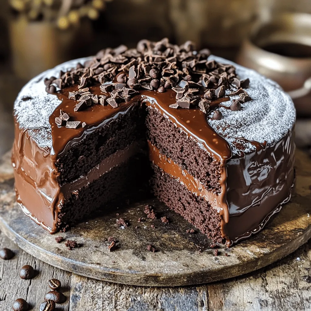 To make a great chocolate cake, you need some key ingredients. Here’s what you’ll need: - 1 ¾ cups all-purpose flour - 1 ¾ cups granulated sugar - ¾ cup unsweetened cocoa powder - 1 ½ teaspoons baking powder - 1 ½ teaspoons baking soda - 1 teaspoon salt These ingredients form the base of your cake, giving it structure and sweetness. The flour provides the body, while cocoa powder adds that rich chocolate flavor. Baking powder and baking soda help the cake rise, making it light and fluffy. Salt balances the sweetness and enhances all the flavors. Next, let’s move to the liquid ingredients. You will need: - 2 large eggs - 1 cup whole milk - ½ cup vegetable oil - 2 teaspoons vanilla extract - 1 cup brewed coffee (cooled to room temperature) Eggs act as a binder and add moisture. Whole milk gives your cake richness and a tender crumb. Vegetable oil keeps the cake moist and fluffy. Vanilla extract adds a warm, sweet note. Finally, brewed coffee enhances the chocolate flavor, making it deeper and more complex. For an extra touch, consider adding some optional ingredients. You might like: - ½ cup semi-sweet chocolate chips Chocolate chips bring an extra burst of sweetness and texture. When choosing chocolate chips, go for high-quality brands. They melt beautifully and add a delightful surprise in every bite. Always look for chocolate with a high cocoa content for the best flavor. This recipe is all about balance and using the right ingredients. You can find the Full Recipe at the beginning of this article. Enjoy your baking! 1. Preheat oven and prepare pans: Start by preheating your oven to 350°F (175°C). This helps the cake bake evenly. Next, grease and flour two 9-inch round cake pans. This step stops the cake from sticking. 2. Mix dry ingredients in a bowl: In a large bowl, combine the flour, sugar, cocoa powder, baking powder, baking soda, and salt. Sift these dry ingredients well. Mixing them now helps the cake rise perfectly later. 3. Add wet ingredients and mix: Now, add the eggs, whole milk, vegetable oil, and vanilla extract to your dry mix. Use an electric mixer to beat this mixture on medium speed for about two minutes. This should make a smooth batter. 4. Stir in brewed coffee: Next, slowly stir in the cooled brewed coffee. This makes the batter thin, but it adds a rich flavor. Make sure it's mixed well, so every bite is delicious. 5. Fold in chocolate chips: Gently fold in the semi-sweet chocolate chips. This adds little bursts of chocolate in each slice. Make sure they are spread out evenly. 6. Bake and cool the cakes: Pour the batter into the prepared cake pans. Bake them in the preheated oven for 30 to 35 minutes. To check if they are done, insert a toothpick in the center. It should come out clean. After baking, let the cakes cool in the pans for about 10 minutes. Then, transfer them to wire racks to cool completely. Following these steps carefully ensures you create a delightful chocolate cake that everyone will love. For the full recipe, check out the recipe section above. Enjoy every bite of this sweet treat! To ensure even baking, always preheat your oven. Place the cake pans in the center of the oven. This helps the cakes bake evenly. Rotate the pans halfway through baking. This simple trick can help avoid uneven edges. Common mistakes can ruin your cake. Avoid overmixing the batter; it can lead to a dense cake. Make sure your ingredients are at room temperature for better mixing. Use fresh baking powder and baking soda for the best rise. Choosing the right frosting is key. For a rich chocolate cake, a classic buttercream works well. Try a mocha ganache for a coffee twist. For a lighter touch, whipped cream adds a nice contrast. Presentation matters, too. Dust the cake with powdered sugar for a nice finish. Chocolate shavings or whole coffee beans can make it look fancy. Serve each slice with whipped cream or ice cream for extra delight. If your cake is too dry, it may have baked too long. Consider checking for doneness a few minutes early next time. Adding a simple syrup can help moisten dry cake. For a cake that is too moist, it may have too much liquid or not enough baking time. Make sure to measure your ingredients carefully. If your cake sticks to the pan, run a knife around the edges. Let it cool before flipping it. This will help keep your cake intact. {{image_4}} You can easily make a vegan chocolate cake. Replace the eggs with flaxseed meal or applesauce. Use plant-based milk like almond or soy. Instead of regular sugar, consider coconut sugar for a healthier choice. This keeps the cake moist and delicious without dairy. For those who need gluten-free options, use a gluten-free flour blend. Make sure it has a good balance of starches and proteins. This way, your cake will still rise and taste great. You can also add a bit of xanthan gum to help with the texture. Want to spice things up? Adding a pinch of cinnamon or a dash of chili powder gives your cake a unique twist. You can also try extracts like mint or almond for a different flavor profile. Just a teaspoon goes a long way. Fruits and nuts can take your chocolate cake to the next level. Chopped walnuts or pecans add crunch and richness. You can also fold in raspberries or cherries for a fruity surprise. They add moisture and a burst of flavor. Pair your chocolate cake with different drinks. A hot cup of coffee enhances the chocolate taste. If you prefer something cold, a glass of milk complements the cake perfectly. Got leftovers? Use them in creative ways. Crumble the cake over ice cream for a sundae. You can also turn it into cake pops by mixing crumbled cake with frosting. This way, you enjoy every last bite! To keep your chocolate cake fresh, start with proper storage. If you plan to eat it within a few days, wrap it tightly in plastic wrap. This keeps moisture in and prevents it from drying out. You can also place it in an airtight container. For longer storage, freeze the cake. Slice it before freezing for easy serving later. Just make sure each slice is wrapped well. If you want to enjoy warm cake, reheat it gently. The best method is to use an oven. Preheat your oven to 350°F (175°C). Place the cake on a baking sheet and cover it with foil. Heat for about 10-15 minutes. You can also use a microwave, but only for a short time. Avoid reheating if the cake has frosting, as it may melt or become too soft. Homemade chocolate cake lasts about 3-5 days at room temperature. In the fridge, it can last up to a week. If frozen, it can stay good for about three months. Watch for signs of spoilage like off smells or mold. If the cake feels dry or crumbly, it may not taste good. Enjoy your cake while it’s fresh for the best flavor! How do I make my chocolate cake moist? To make your chocolate cake moist, use whole milk and eggs. Adding brewed coffee helps too. You can also add sour cream or yogurt. These ingredients add moisture and flavor. Can I use cocoa powder instead of chocolate for frosting? Yes, you can use cocoa powder for frosting. Mix cocoa with butter, sugar, and a splash of milk. This makes a smooth, rich chocolate frosting. Adjust sugar to your taste. What is the best way to transport a chocolate cake? To transport a chocolate cake, let it cool first. Use a cake box or a sturdy plate. Wrap it in plastic wrap for extra safety. Keep it flat to avoid any mess. Why is my cake sinking in the middle? A cake sinks in the middle for a few reasons. It might be undercooked or the oven temperature might be too low. Make sure to test with a toothpick for doneness. Also, avoid opening the oven door too soon. Can I substitute ingredients in this chocolate cake recipe? Yes, you can substitute some ingredients. Use almond milk for whole milk or coconut oil for vegetable oil. Keep in mind that these swaps may change the flavor a bit. Can I enhance the flavor of my chocolate cake? You can enhance the flavor by adding espresso powder or vanilla. A pinch of salt also brings out the chocolate taste. Try adding spices like cinnamon for a unique twist. What are the best chocolates for baking? The best chocolates for baking are semi-sweet and dark chocolate. Look for bars with at least 60% cocoa. These chocolates melt well and add rich flavor to your cake. You now have a complete guide to baking an amazing chocolate cake. We covered the main ingredients, step-by-step instructions, and creative variations. You’ve learned essential tips for perfect baking and storage, plus answers to common questions. Chocolate cake can be simple or special. With this knowledge, you can create a treat that everyone will love. Let your baking journey begin, and enjoy every bite!