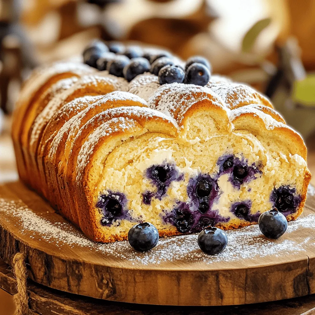 - 2 cups all-purpose flour - 1 cup fresh blueberries (or frozen, thawed and drained) - 1/2 cup granulated sugar - 1/2 cup cream cheese, softened to room temperature - 1/2 cup unsalted butter, melted and slightly cooled - 2 large eggs - 1/4 cup whole milk - 1 teaspoon pure vanilla extract - 2 teaspoons baking powder - 1/2 teaspoon baking soda - 1/4 teaspoon salt - Zest of 1 lemon (optional) - Powdered sugar for dusting (optional) You can switch blueberries for other fruits. Raspberries or cranberries work great. If you want a different taste, try vegan cream cheese or Greek yogurt instead of regular cream cheese. These options can change the flavor and texture of your bread. Each slice of this bread has about 180 calories. Here’s a quick look at the nutrients: - Fats: 8g - Proteins: 3g - Carbohydrates: 26g This bread offers a nice balance of taste and nutrition, making it a treat you can enjoy without guilt. If you want to dive deeper, check out the Full Recipe for more details. 1. Preheat your oven to 350°F (175°C). This temperature helps the bread bake evenly. 2. Prepare a 9x5-inch loaf pan. Grease it well or line it with parchment paper. This makes removal easy later. 3. In a large mixing bowl, add the softened cream cheese and granulated sugar. Beat them together with an electric mixer. Mix until smooth, about 2-3 minutes. 1. Add the melted butter, eggs, whole milk, and pure vanilla extract to the cream cheese mix. Blend until all ingredients are fully combined. 2. In a separate bowl, whisk together the all-purpose flour, baking powder, baking soda, salt, and lemon zest if you are using it. This ensures that the dry ingredients mix well. 3. Gradually add the dry mix to the wet mix. Stir gently with a spatula or wooden spoon. Mix until just combined; do not overmix. 4. Carefully fold in the blueberries. Gently add them without breaking any. This keeps the berries whole for a pop of flavor. 1. Pour the batter into the prepared loaf pan. Smooth the top with a spatula. This helps it bake evenly. 2. Bake in the preheated oven for 50-60 minutes. Check doneness by inserting a toothpick into the center. It should come out clean or with a few crumbs attached, not wet batter. 3. Once baked, let the bread cool in the pan for about 10 minutes. Then, transfer it to a wire rack to cool completely. This step improves the texture. 4. For a finishing touch, dust the top with powdered sugar before slicing and serving. It adds a nice look and taste. For the Full Recipe, check the ingredients listed earlier. Enjoy making this treat! To get even baking, always preheat your oven. This helps your bread rise and cook evenly. Use a light-colored loaf pan. Dark pans can cause the bread to brown too fast. Avoid overmixing your batter. Mix just until the dry and wet ingredients come together. This keeps your bread light and fluffy. Want more flavor? Try adding a pinch of cinnamon or nutmeg. They pair well with blueberries. You can also add a splash of almond extract for a nutty twist. To keep your bread moist, add a bit more butter or use Greek yogurt. This keeps it rich and tasty. Slice your bread into thick pieces for a hearty look. Place the slices on a pretty platter. Garnish with fresh blueberries and a dusting of powdered sugar. Drizzle with honey or maple syrup for extra sweetness. For a fun touch, serve with whipped cream or a dollop of yogurt on the side. These small details make your dish shine! For the full recipe, check out the main section. Enjoy baking! {{image_4}} You can make this bread even more fun by adding nuts or chocolate chips. Walnuts or pecans bring a nice crunch. You can also sprinkle in semi-sweet chocolate chips for a sweet twist. Try mixing in seasonal fruits too! Pumpkin or orange zest can give a new taste for fall. Want a gluten-free option? Use almond flour or coconut flour to swap out regular flour. Both work well but need some extra eggs or binding agents to hold it together. If you're vegan, replace the eggs with flax eggs and use coconut oil instead of butter. This keeps the bread moist and tasty! Spread some cream cheese or fruit jam on a slice for added flavor. A dollop of whipped cream could also be nice! For drinks, pair this bread with tea or coffee. The warm drinks complement the bread’s sweetness perfectly. To keep your Blueberry Cream Cheese Bread fresh at room temperature, wrap it tightly in plastic wrap. This helps to lock in moisture and keep the bread soft. Place the wrapped bread in a cool, dry spot, like your kitchen counter. It will stay good for about three days. If you notice any mold or a stale smell, it's best to toss it. For longer storage, freezing is a great option. To freeze, wrap the bread in plastic wrap, then place it in a freezer bag. This double layer protects it from freezer burn. You can freeze the bread for up to three months. When you're ready to enjoy it, remove the bread from the freezer and let it thaw in the fridge overnight. If you're short on time, you can also thaw it at room temperature for a few hours. To reheat your Blueberry Cream Cheese Bread, slice off a piece and place it in the microwave for about 10-15 seconds. This warms it without making it dry. If you prefer a crispy crust, you can toast it in a toaster oven for 5-7 minutes at 350°F (175°C). Just watch it closely to avoid burning. Enjoy it warm for the best taste! To keep your bread moist, use room temperature ingredients. This helps them blend well. You can also add a bit more butter or milk for extra moisture. When mixing, do not overwork the batter. Overmixing can lead to a dry loaf. Bake until just done; check with a toothpick. If it comes out clean, it’s ready! Yes, you can use frozen blueberries. Just thaw them first and drain any extra juice. This helps prevent the batter from getting too wet. Fold them in gently so they stay whole. They add a burst of flavor and color to the bread. This bread stays fresh for about 3 to 4 days at room temperature. Keep it in an airtight container to avoid drying out. Watch for signs of spoilage, like mold or a sour smell. If you notice these, it’s best to toss it. If you need a cream cheese substitute, try Greek yogurt or mascarpone cheese. You can also use vegan cream cheese for a dairy-free option. Each alternative brings a unique flavor and texture. Adjust sweetness if needed, as some options are less sweet. Absolutely! Blueberry Cream Cheese Bread is great for brunch. Serve it warm or at room temperature. It pairs well with coffee or tea. You can slice it and arrange it on a platter. Adding fresh berries or a dusting of powdered sugar makes it look special. Consider serving it with a side of whipped cream for a treat! For the full recipe, check out the complete guide above. This blog covers how to make delicious Blueberry Cream Cheese Bread. We reviewed the key ingredients, detailed step-by-step baking instructions, and shared helpful tips. Plus, we explored variations and storage methods. This bread is tasty and easy to customize based on your needs. Whether for brunch or a snack, it always impresses. Enjoy your baking journey and the joy it brings!