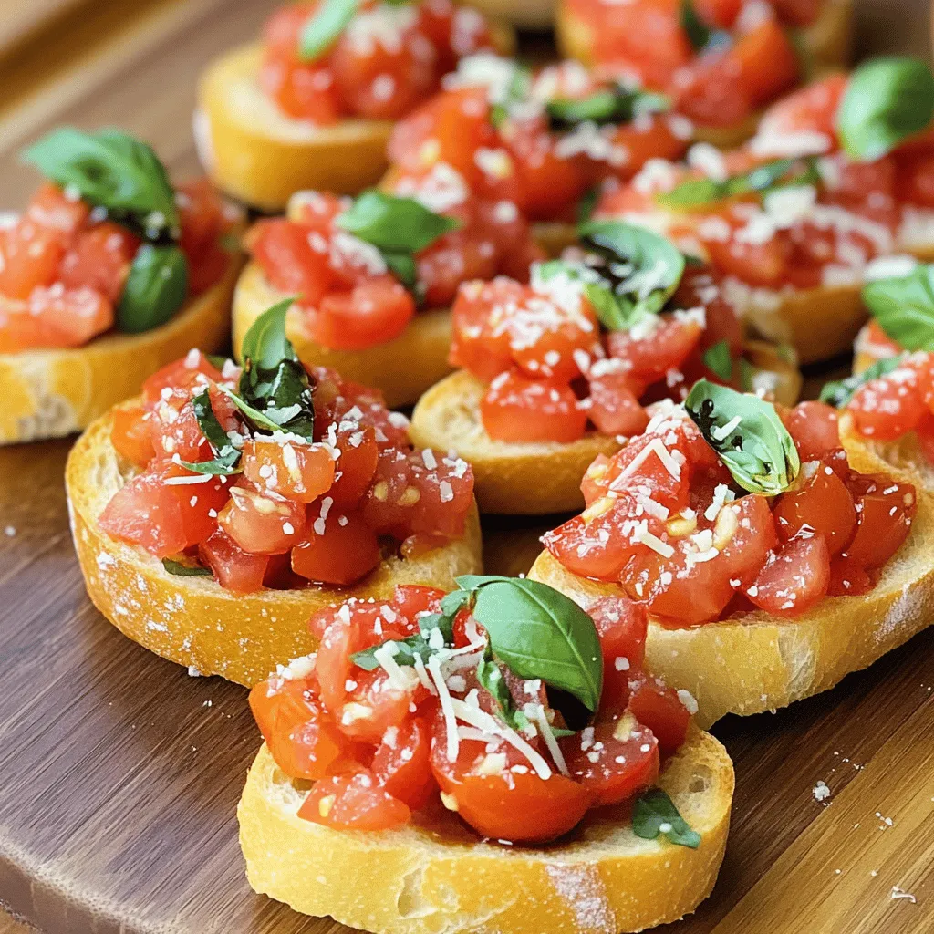 For the perfect Tomato Basil Bruschetta on Toasted Crostini, you need fresh and simple ingredients. Here’s what you will need: - 6 ripe tomatoes, finely diced - 1 cup fresh basil leaves, chopped - 2 cloves garlic, minced - 2 tablespoons extra virgin olive oil - 1 tablespoon balsamic vinegar - Salt and freshly cracked black pepper to taste - 1 baguette, sliced into 1/2-inch thick pieces - 1/4 cup grated Parmesan cheese (optional) These ingredients combine to create a tasty topping that shines on crispy crostini. Each item adds its own unique flavor and texture. Fresh tomatoes give juiciness, while basil adds a fragrant note. Garlic lends a hint of spice, and olive oil gives richness. The baguette is crucial. It transforms into a crispy base for the toppings. Toasting it enhances the flavor, making each bite delightful. If you want to elevate the dish, sprinkle Parmesan cheese on top. This adds a savory kick. For the full recipe, check out the complete guide. It will help you create this delicious treat step by step. Enjoy your cooking! Start by dicing the ripe tomatoes into small pieces. You want them to be bite-sized. Next, chop the fresh basil leaves finely. This will add a nice aroma and flavor. In a medium bowl, combine the diced tomatoes, chopped basil, and minced garlic. Drizzle with olive oil and balsamic vinegar. Sprinkle salt and freshly cracked black pepper to taste. Mix everything well. Let this mixture sit for about 15 minutes. This waiting time helps the flavors blend nicely. First, preheat your oven to 400°F (200°C). While the oven heats, prepare the baguette. Slice it into 1/2-inch thick pieces. Arrange the slices on a baking sheet. Lightly brush each slice with olive oil. This step gives them a nice, crispy texture. Place the baking sheet in the oven and toast for about 10 minutes. Flip the slices halfway through to ensure even crispness. Once they are golden brown, remove them from the oven and let them cool for a minute. Now it’s time to put everything together! Spoon the tomato and basil mixture generously onto each toasted crostini. Make sure each bite is full of flavor. If you like, sprinkle some grated Parmesan cheese on top. This adds a rich taste. For a lovely finish, garnish your bruschetta with a few fresh basil leaves. The vibrant green color will make your dish pop! Enjoy your Tomato Basil Bruschetta on Toasted Crostini Delight, and for a complete guide, check the Full Recipe. To make your bruschetta pop, let the ingredients sit. After mixing the tomatoes, basil, garlic, olive oil, and balsamic vinegar, let them rest for 15 minutes. This time allows the flavors to meld together. The result is a more vibrant taste that elevates your dish. For olive oil, choose extra virgin for the best flavor. Drizzle it on the baguette slices before toasting. This adds a rich taste and helps the crostini achieve a crispy texture. Brush just enough to coat the surface without soaking the bread. The way you plate your bruschetta matters. Arrange the crostini on a large platter. This makes it easy for guests to help themselves. Drizzle a little olive oil on top for a glossy finish that catches the eye. Consider adding a sprig of fresh basil on each piece. This adds color and heightens the aroma. For an extra touch, sprinkle some grated Parmesan cheese on top. It gives each bite a gourmet look and taste. The combination of flavors and visuals makes your dish truly stand out. {{image_4}} You can add variety to your bruschetta with different toppings. One great option is to include creamy avocados. Just slice them thinly and place them on top of the tomato-basil mix. The rich texture of avocado pairs well with the fresh flavors. Another idea is to use various cheeses. Try goat cheese or feta for a tangy twist. You can also sprinkle mozzarella or burrata on top for a creamy finish. If you want to change things up further, consider sun-dried tomatoes. They add a sweet and chewy texture that contrasts beautifully with the fresh ingredients. You can even toss in some olives for a salty bite. They bring a distinct flavor that enhances the dish. If you need a gluten-free option, there are tasty bread alternatives. Look for gluten-free baguettes or flatbreads. Many stores offer these options, making them easy to find. For a healthier take, swap out the olive oil for a lighter oil, like avocado oil. You can also use less balsamic vinegar to cut down on sugar. Instead, add a splash of lemon juice for brightness. You might also consider using whole grain or sprouted bread. This option adds fiber and nutrients while still giving you that satisfying crunch. With these small swaps, you can enjoy bruschetta while staying true to your dietary needs. To keep your tomato-basil mix fresh, store it in an airtight container. Refrigerate it right after serving. This mix can last for about three days. To prevent sogginess, do not add the mixture to the crostini until just before serving. Keep the crostini separate and store them in a paper bag. This allows air circulation and keeps them crispy. To reheat crostini without losing crispness, use your oven. Preheat it to 350°F (175°C). Place the crostini on a baking sheet and heat them for about five minutes. This will help regain their crunch. If you want to freshen the tomato mixture, gently warm it on the stove over low heat for a few minutes. Stir often to keep it from burning. Enjoy your bruschetta just like fresh! Bruschetta can last for about 2 days in the fridge. To keep it fresh, store the tomato mixture and crostini separately. This way, the bread stays crisp. Place the tomato mix in an airtight container to avoid moisture loss. When ready to eat, simply assemble the crostini with the fresh mixture on top. This keeps every bite crunchy and delicious. Yes, you can make bruschetta ahead of time. Prepare the tomato mixture a few hours before serving. Allow the flavors to meld for better taste. Toast the baguette slices just before serving. This way, they stay crisp. Assemble the bruschetta right before your guests arrive for the best experience. The best bread for bruschetta is a crusty baguette. Its firm texture holds toppings well. You can also use ciabatta or sourdough for a different flavor. Just make sure the bread is thick enough to resist getting soggy. Slice it into 1/2-inch pieces for the perfect toast. Enjoy experimenting with different breads to find your favorite! This blog shared how to make delicious bruschetta. We discussed fresh ingredients like tomatoes, basil, and garlic. You learned step-by-step instructions for preparation, toasting, and assembling. I also provided tips for flavor and presentation. Variations can cater to different tastes and dietary needs. Lastly, we talked about storage and reheating to keep it fresh. Bruschetta is simple yet impressive. Enjoy making it, and share your creations!