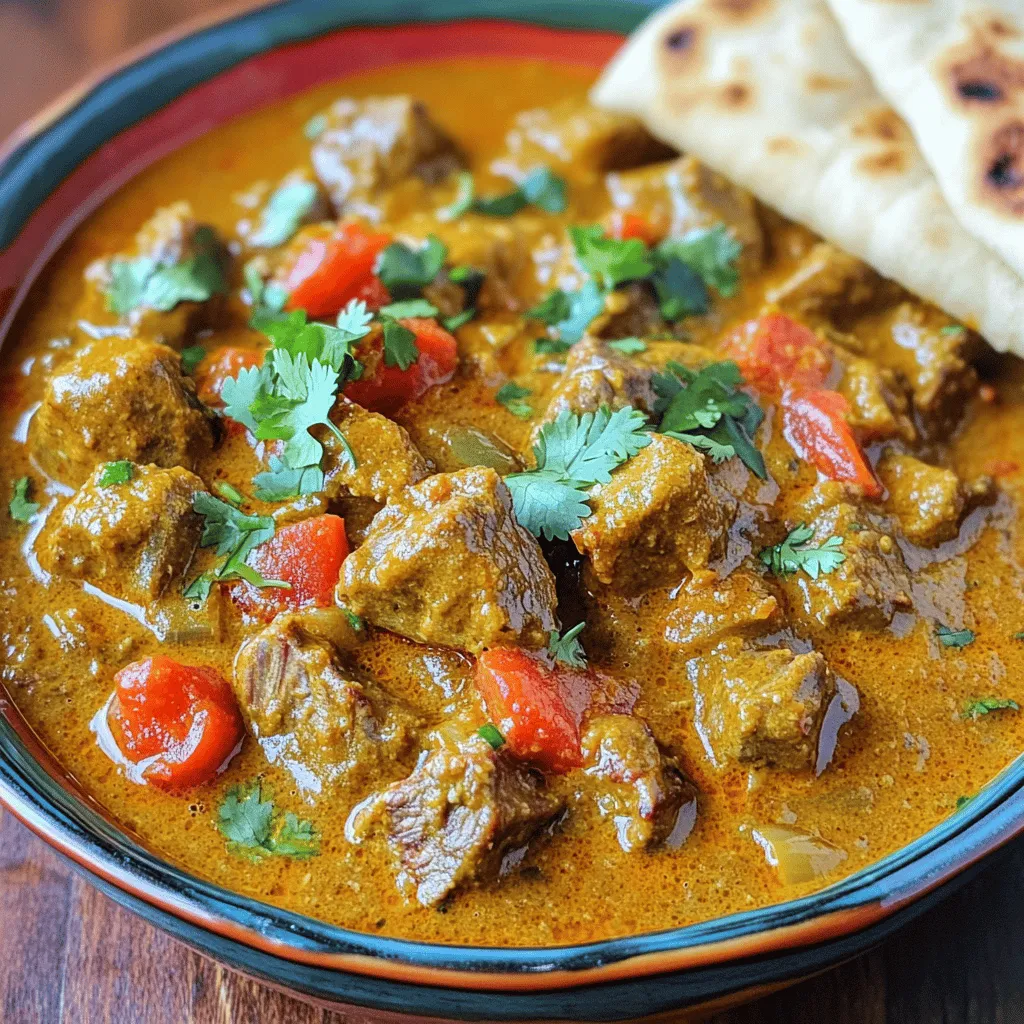 - 2 lbs lamb shoulder, cut into 1-inch cubes - 2 tablespoons vegetable oil - 2 large onions, finely chopped - 4 cloves garlic, minced - 1 tablespoon fresh ginger, minced - 3-4 green chilies, slit lengthwise - 2 teaspoons cumin seeds - 1 tablespoon coriander powder - 1 tablespoon garam masala - 1 teaspoon turmeric powder - 1 can (14 oz) diced tomatoes, with juice - 1 cup coconut milk - 1/2 cup plain yogurt - Salt to taste - Fresh cilantro, chopped for garnish Collect these ingredients before you start cooking. The lamb shoulder gives the dish a rich flavor. The spices, like cumin and garam masala, add warmth and depth. Coconut milk and yogurt create a creamy texture that balances the heat. Use fresh cilantro for a pop of color and flavor at the end. - Slow cooker - Large skillet - Measuring spoons and cups - Chopping board and knife Gather your tools. The slow cooker is key for tender lamb. A large skillet helps with the initial sautéing of the onions and spices. Use a chopping board and a sharp knife for prepping your ingredients. Having everything ready makes cooking easy and fun. For the full recipe, check out the complete details in the instructions section. Sautéing the Onions Start by heating the vegetable oil in a large skillet over medium heat. Once the oil is hot, add the cumin seeds. Let them sizzle for about 30 seconds. You will smell a wonderful aroma. Now, toss in the finely chopped onions. Cook them for about 8-10 minutes. Stir them occasionally until they turn golden brown. Adding Garlic, Ginger, and Chilies Next, add the minced garlic and ginger to the skillet. Also, include the slit green chilies. Cook this mixture for 2-3 minutes. You want it to smell fragrant. This step adds depth to your curry. Precooking Meat and Vegetables In your slow cooker, place the cubed lamb shoulder. Season it well with salt. Pour the sautéed onion and spice mix over the lamb. Make sure the lamb is covered evenly. This helps the meat soak in all the flavors. Layering Ingredients in the Slow Cooker Now, add the diced tomatoes along with their juice. After that, pour in the coconut milk and plain yogurt. Stir everything gently. Ensure the lamb is well coated in this delicious sauce. Slow Cooking Process Cover your slow cooker with its lid. Set it to cook on low for 6-8 hours or on high for 4-5 hours. The lamb should become fork-tender. This slow cooking makes the meat juicy and tasty. Finishing Touches Before Serving Once the cooking time is up, taste the curry. Adjust salt if needed. Stir the dish well and let it rest for 10 minutes. This resting time helps the flavors blend nicely. Just before serving, sprinkle fresh chopped cilantro on top for a fresh kick. Enjoy this tasty meal! For the full recipe, check [Full Recipe]. How to Select the Best Cuts of Lamb When making lamb curry, choose lamb shoulder. It has the right fat and flavor. Look for a deep red color and some marbling. This cut stays tender during slow cooking. Avoid lean cuts like lamb loin. They dry out too easily. Adjusting Spice Levels for Your Taste Spice can make or break your curry. If you like it milder, use fewer green chilies. You can also remove the seeds for less heat. For more kick, add extra chilies or a pinch of cayenne. Taste as you go. This way, you can find your perfect balance. Marinating Tips for Richer Flavor Marinating your lamb boosts its flavor. Use yogurt, garlic, and spices to coat the meat. Let it sit in the fridge for at least one hour. Overnight is even better. This step helps the spices soak in well. Importance of Resting Time Before Serving Once your curry is done, let it rest for ten minutes. This time helps blend the flavors. The curry will taste better after resting. It also cools slightly, making it safer to eat. Serve it alongside warm naan or rice for a complete meal. Check the [Full Recipe] for detailed instructions! {{image_4}} You can change the protein in this lamb curry. Here are some ideas: - Beef: Use chuck roast for a rich taste. - Chicken: Chicken thighs work well; they stay tender. - Vegetarian Options: Use chickpeas or lentils for a hearty meal. Try using different spices and herbs too. Here are some suggestions: - Aromatics: Add leeks or shallots for a sweet note. - Spices: Experiment with cardamom or cinnamon for warmth. These small changes keep your meals exciting and fresh. You have options for cooking this curry. You can choose between stovetop, slow cooker, or even an Instant Pot. - Stovetop Version: Brown the lamb first. Then, add the aromatics and spices. Finally, simmer until tender. This method takes less time, but you must watch it closely. - Slow Cooker: Follow the full recipe as written. It allows the flavors to blend beautifully over hours. You can set it in the morning and return to a warm meal. - Instant Pot Adaptation: Use the sauté function for the aromatics. Then, add the lamb and other ingredients. Cook on high pressure for about 35 minutes. This method is quicker and still delivers great flavor. Feel free to mix and match these methods with the ingredient swaps for a unique twist on this easy slow-cooked Indian lamb curry. - Refrigeration Guidelines: After enjoying your lamb curry, let it cool to room temperature. Place the curry in an airtight container. It will last in the fridge for about 3 to 4 days. Always ensure the container is sealed well to keep out air. - Freezing Tips for Longer Storage: If you want to keep your lamb curry longer, freezing is a great option. Use a freezer-safe container or heavy-duty freezer bags. Make sure to remove as much air as possible. You can store it for up to 3 months. When ready to eat, thaw it in the fridge overnight. - Best Methods for Reheated Curry: Reheat your curry in a pot over low heat. Stir it often to prevent sticking. You can also use the microwave. Place the curry in a microwave-safe bowl and cover it. Heat in short bursts, stirring in between. - Maintaining Flavor and Texture: To keep the flavors fresh, add a splash of coconut milk or yogurt when reheating. This keeps the curry creamy and delicious. Make sure to taste and adjust the salt if needed before serving again. How long can I store slow cooked lamb curry? You can store slow cooked lamb curry in the fridge for up to four days. Make sure to keep it in an airtight container. If you want to keep it longer, you can freeze it for up to three months. Can I use frozen lamb for this recipe? Yes, you can use frozen lamb. Just make sure to thaw it before cooking. This helps the lamb cook evenly and absorb all the flavors. What to serve with Indian lamb curry? I love serving lamb curry with warm naan or fluffy basmati rice. You can also add a side of raita or a fresh salad for balance. What is the ideal cooking temperature for lamb? The ideal cooking temperature for lamb is around 145°F (63°C) for medium-rare. Use a meat thermometer to check doneness. Can I add vegetables to the curry? Absolutely! You can add vegetables like peas, carrots, or potatoes. Just add them about an hour before the curry finishes cooking. What to do if the curry is too spicy? If the curry is too spicy, add a bit of yogurt or coconut milk. This will help cool down the heat and balance the flavors. How to thicken the curry if it’s too watery? To thicken the curry, you can mash some of the cooked lamb or add a spoonful of cornstarch mixed with water. Stir it in and let it simmer for a few minutes. This blog post covered key steps to make a tasty lamb curry. We discussed ingredients, cooking methods, and tips for perfecting your dish. Remember, choose the best lamb cuts and adjust spices to your taste. You can also try different proteins or cooking methods. Store leftovers properly for fresh meals later. Cooking can be fun, so don't hesitate to experiment. Enjoy the journey of making your curry delicious!