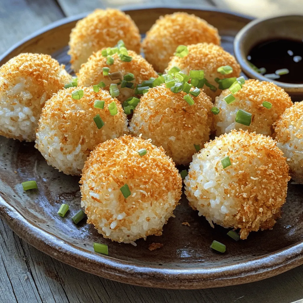 - 2 cups cooked sushi rice - 1/2 teaspoon salt - 1 tablespoon rice vinegar - 1/2 cup panko breadcrumbs - 1/4 cup finely chopped green onions - 1/4 cup grated Parmesan cheese - 1 large egg, beaten - 1/4 teaspoon garlic powder - 1/4 teaspoon ground black pepper - Oil for frying (vegetable or canola) When making crispy rice balls, you need the right mix of ingredients. The sushi rice is key for its stickiness. This helps the balls hold their shape. The salt and rice vinegar add flavor and enhance the rice. Panko breadcrumbs are light and give a great crunch. Green onions add a fresh taste, while Parmesan brings a savory richness. The egg helps bind everything together. Garlic powder and black pepper add a nice touch of spice. - Additional seasonings (e.g., sesame oil, chili flakes) - Various dipping sauces (e.g., soy sauce, spicy mayo) You can customize your crispy rice balls with extra flavors. Try adding sesame oil for a nutty touch or chili flakes for heat. Dipping sauces like soy sauce or spicy mayo can make each bite even better. - Calories and nutritional content per serving - Dietary considerations (e.g., gluten-free options) Crispy rice balls offer a tasty treat, but be mindful of the calories. Each serving has around 120-150 calories, depending on the ingredients. For a gluten-free version, just swap the panko breadcrumbs with gluten-free options. Always check labels to ensure they meet your needs. You can find the full recipe for more precise details. First, combine 2 cups of cooked sushi rice, 1/2 teaspoon of salt, and 1 tablespoon of rice vinegar in a large mixing bowl. I use a spatula or my fingers to mix gently. This helps the rice absorb the vinegar. Make sure not to mash the rice, as you want it to stay sticky. After mixing, let the rice cool for a few minutes. This makes it easier to handle. Once cool, add 1/4 cup of finely chopped green onions, 1/4 cup of grated Parmesan cheese, 1/4 teaspoon of garlic powder, and 1/4 teaspoon of ground black pepper. Stir until everything is mixed well. Next, it’s time to shape the rice balls. Wet your hands slightly to stop the rice from sticking. Take about 2 tablespoons of the rice mixture and roll it into a compact ball. This step takes practice, but you can do it! Make sure to press firmly enough to hold the shape. Repeat this process until all the rice mixture becomes balls. Aim for a uniform size for even cooking. Now, let’s set up the breading station. In one bowl, pour in one beaten egg. In another bowl, add 1/2 cup of panko breadcrumbs. Dip each rice ball into the egg, coating it fully. Then, roll it in the panko breadcrumbs. Press lightly to make sure they stick well. For frying, heat about 1 inch of oil in a deep pan over medium heat. You want the oil to shimmer, which means it’s around 350°F or 175°C. Carefully add the breaded rice balls in small batches. This prevents overcrowding. Fry each side for about 3-4 minutes, until they turn golden brown and crispy. Once cooked, remove them from the oil and drain them on a plate lined with paper towels. Serve warm and enjoy your crispy rice balls! For the Full Recipe, refer back to the beginning. To make great crispy rice balls, rice stickiness is key. Use sushi rice, as it holds together well. After cooking, let it cool slightly before mixing in salt and rice vinegar. This helps the rice absorb flavors. Frying temperature matters too. Heat your oil to about 350°F (175°C). If it's too cool, your rice balls will soak up oil and turn soggy. If it’s too hot, they will burn. A good shimmer on the oil shows it’s ready. Shaping rice balls can be tricky. To prevent sticking, wet your hands with water. This helps the rice slide off easily. You can also use a small amount of oil on your hands. Just a little will do the trick! To make your rice balls pop, add herbs and spices. Try mixing in some chopped basil or cilantro. A dash of chili flakes can bring heat. Dipping sauce can elevate the dish. Pair them with soy sauce, spicy mayo, or even a sweet chili sauce. Each sauce adds a new layer of flavor to your crispy rice balls. For the full recipe, check the detailed instructions above! {{image_4}} You can change the flavors by swapping ingredients. Try different cheeses, like mozzarella or cheddar. You can also add veggies like mushrooms, peppers, or peas. This will give your rice balls new tastes. For grains, consider using quinoa or brown rice instead of sushi rice. These options add nutrition and flavor, making each batch unique. If you want a lighter dish, bake your rice balls instead of frying them. Preheat your oven to 400°F (200°C). Place the breaded rice balls on a baking sheet lined with parchment paper. Bake for about 15-20 minutes, turning them halfway through. This method gives you a crispy outside while keeping the inside soft and tasty. You can also take inspiration from different cuisines. Add spices like curry for an Indian twist. Try mixing in some herbs de Provence for a French flair. Each region has its own special touch, so feel free to experiment. You might find a favorite that surprises you! To keep your crispy rice balls fresh, store them in the fridge. Place them in an airtight container to prevent drying out. You can also layer them with parchment paper to avoid sticking. This way, they stay tasty for up to three days. When it's time to enjoy your leftovers, reheating correctly is key. Use a toaster oven or an air fryer. This helps keep them crisp. Heat them at 350°F (175°C) for about 5-7 minutes. Avoid using a microwave, as this can make them soggy. If you want to save some for later, freezing is a great option. Place the cooled rice balls on a baking sheet. Freeze them for about an hour until firm. Then, transfer them to a freezer bag. They can last for up to three months. To thaw, leave them in the fridge overnight. Reheat them in the oven or air fryer, following the same steps as before. Enjoy your crispy rice balls anytime! For the Full Recipe, check back to the ingredients and instructions. Yes, you can prepare them ahead of time. Here are my best practices: - Make the rice mixture. Combine the ingredients as directed in the Full Recipe. - Shape the rice balls. Form the balls, but do not fry them yet. - Store properly. Place the shaped rice balls on a tray. Cover them with plastic wrap and refrigerate. They can last up to 24 hours. - Fry before serving. When ready, heat oil and fry the rice balls fresh for the best texture. To maintain crispiness after cooking, follow these tips: - Use hot oil. Fry the rice balls at the right temperature, around 350°F (175°C). This gives them a golden, crispy shell. - Drain well. After frying, place the rice balls on paper towels. This removes excess oil and keeps them crispy. - Serve immediately. Enjoy them fresh for the best crunch. If you need to keep them warm, use an oven set to low heat. Crispy rice balls have both benefits and drawbacks. Let’s break it down: - Nutrition. They provide carbs from the rice and some protein from the egg and cheese. - Frying concerns. They are fried, which adds extra fat and calories. However, you can reduce oil for a lighter version. - Customization. You can add veggies for more fiber and nutrients. This can make them healthier without losing taste. Each of these points helps you understand what makes these treats tasty and how to enjoy them in a balanced way. In this blog post, we covered how to make crispy rice balls. You learned about essential ingredients like sushi rice, panko breadcrumbs, and Parmesan cheese. I shared step-by-step instructions for mixing, shaping, and frying. Plus, we discussed tips for texture and flavor. Crispy rice balls are versatile, with options for seasoning and dipping sauces. Try different ingredients and methods to make them your own. Whether baked or fried, these treats are fun to make and enjoy. Keep experimenting for the best results!