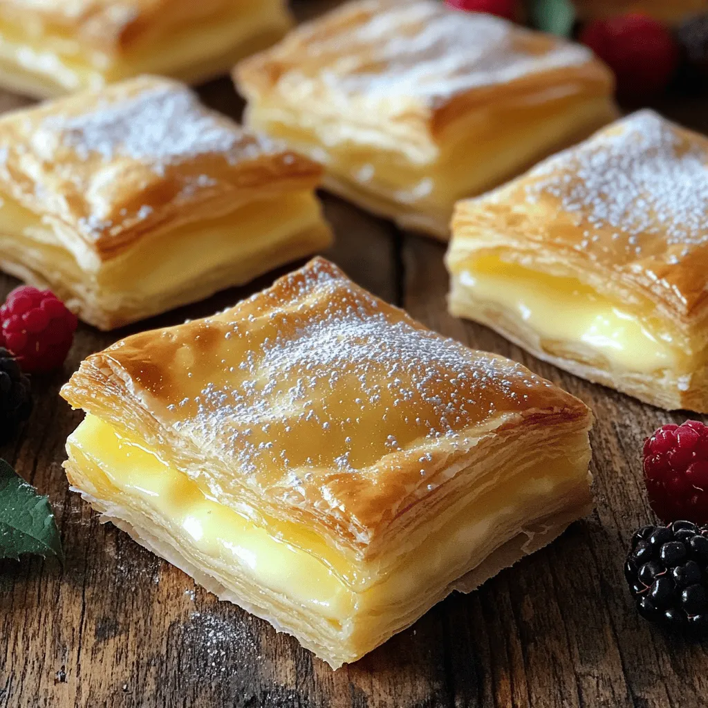 To make Puff Pastry Vanilla Custard Squares, you need the following ingredients: - 1 sheet of puff pastry, thawed - 2 cups whole milk - 1/2 cup granulated sugar - 1/4 cup cornstarch - 4 large egg yolks - 2 teaspoons pure vanilla extract - 1/4 teaspoon salt - Powdered sugar for dusting - Fresh berries (for garnish, optional) You can make some easy swaps for this recipe. If you want a lighter custard, use low-fat milk. For a richer flavor, try heavy cream instead of whole milk. If you are out of cornstarch, use all-purpose flour. You can also use almond or coconut milk for a dairy-free version. For sweetener, maple syrup can work, but adjust the amount to taste. When choosing your ingredients, always go for the best quality. For puff pastry, look for brands that use real butter. Fresh eggs make a big difference in flavor. Choose large, free-range eggs if possible. Use pure vanilla extract instead of imitation for a more delicious taste. Fresh berries should be vibrant and firm. This ensures your final dish looks and tastes great. To start, preheat your oven to 400°F (200°C). Grab a baking sheet and line it with parchment paper. This helps the squares not stick. Now, take your thawed puff pastry and place it on a lightly floured surface. Roll it out gently to smooth out any creases. Cut the pastry into 3x3 inch squares. You should have several little squares ready to go. Next, transfer these squares to your lined baking sheet. Use a sharp knife to score a smaller square inside each piece. Do not cut all the way through; leave about 1/2 inch around the edge. This scoring helps create a nice puffed border when you bake them. In a medium saucepan, mix together 2 cups of whole milk, 1/4 cup of granulated sugar, and 1/4 teaspoon of salt. Heat this over medium heat. Watch for it to steam but do not let it boil. While this heats up, take a separate bowl. Whisk together 4 large egg yolks, 1/4 cup of cornstarch, and the other 1/4 cup of sugar until smooth. This is your egg mixture. Now, slowly pour about 1/3 of the hot milk mixture into the egg mixture. Whisk it all the time to keep the eggs from curdling. This step is key to making your custard silky and smooth. After tempering, pour the egg mix back into the saucepan with the rest of the milk. Keep cooking and whisking until the custard thickens. This should take about 3-5 minutes. When it starts to boil, remove it from heat and stir in 2 teaspoons of pure vanilla extract. Let it cool a bit before using. Now, let’s assemble! Once your puff pastry squares have cooled, gently press down in the center of each square. This will create a little space for the custard. Spoon the vanilla custard into each square, filling them generously. Next, place the filled squares in the refrigerator for at least 30 minutes. This helps the custard set well. While you wait, you can prepare some fresh berries for garnish if you like. When you’re ready to serve, dust the tops of your squares with powdered sugar. This gives them a lovely finish. Enjoy your Puff Pastry Vanilla Custard Squares! For a full recipe, check the Full Recipe section. To get that perfect flaky puff pastry, keep it cold. Heat makes the butter melt, which ruins the layers. Here are some tips: - Chill the Dough: Before rolling, chill your dough for 15 minutes. - Use Cold Tools: Use a cold rolling pin and work on a chilled surface. - Don’t Overwork: Roll gently. Too much handling will make it tough. - Rest Between Rolls: Let the dough rest if it starts to shrink back. These steps help create those lovely layers that puff up beautifully. Even the best cooks can make mistakes. Here are some common pitfalls: - Skipping the Chilling: Always chill the dough. This keeps the butter solid. - Too Much Flour: Use just enough flour to prevent sticking. Too much can dry it out. - Not Scoring Properly: Score lightly. Go too deep, and your pastry won’t rise well. - Ignoring Oven Temp: Use a hot oven. This helps the pastry puff quickly. Avoid these mistakes, and you'll have stunning pastry every time. The vanilla custard is the heart of this treat. Here are ways to boost its flavor: - Use Fresh Vanilla Beans: Scrape seeds from a vanilla bean for a richer taste. - Add a Pinch of Nutmeg: This adds warmth and depth to your custard. - Infuse the Milk: Heat the milk with a cinnamon stick or lemon zest for extra flavor. - Experiment with Liqueurs: A splash of almond or coffee liqueur can add a unique twist. These ideas will make your custard even more delightful. For the full recipe, check the details above. {{image_4}} You can switch up the vanilla custard in this recipe. Here are some fun ideas: - Chocolate: Add 1/3 cup cocoa powder to the milk mixture for a rich, chocolatey twist. - Coffee: Mix in 2 tablespoons of instant coffee for a delightful caffeine kick. - Citrus: Use lemon or orange zest for a bright, fresh flavor. Just add 1 tablespoon to the milk. - Almond: Replace vanilla extract with almond extract for a nutty taste. Experimenting with flavors brings new life to your puff pastry squares. Toppings can change the look and taste of your dessert. Here are some options: - Whipped Cream: A dollop of fresh whipped cream adds creaminess and texture. - Caramel Sauce: Drizzle caramel for a sweet finish that pairs well with custard. - Chopped Nuts: Sprinkle crushed pistachios or almonds for a crunchy contrast. - Edible Flowers: Use violets or pansies for a beautiful, natural touch. These toppings can make your squares more festive. How you serve these squares can enhance the whole experience. Here are some ideas: - Individual Plates: Place each square on a small plate with a side of berries. - Dessert Platter: Arrange several squares on a large platter for sharing. - Ice Cream Pairing: Serve with a scoop of vanilla or chocolate ice cream for a warm and cool combo. - Tea Time Treat: Offer these with a pot of tea for a lovely afternoon snack. Try these ideas to make your dessert stand out. For the full recipe, check the earlier section. Enjoy! To keep your puff pastry vanilla custard squares fresh, store them in an airtight container. This helps prevent them from drying out. Place a layer of parchment paper between the layers if you stack them. It keeps the squares from sticking together. Store the container in the fridge to maintain the custard's creaminess. You can freeze these squares for later enjoyment. First, wrap each square tightly in plastic wrap. Then, place them in a freezer-safe bag or container. They can last up to two months in the freezer. When ready to enjoy, thaw them in the fridge overnight. This keeps the texture nice and smooth. Puff pastry vanilla custard squares taste best within three days. After this, the pastry may lose its crispness. If you notice any changes in smell or texture, it's best to toss them. Always check the custard for any signs of spoilage before serving. Enjoy them fresh for the best flavor and texture! For the full recipe, refer back to the instructions provided. Yes, you can prepare Puff Pastry Vanilla Custard Squares ahead of time. Make the custard and bake the pastry a day in advance. Store the baked pastry in an airtight container. Keep the custard in the fridge in a separate container. When ready to serve, fill the pastry with the custard. This keeps the pastry crisp and fresh. To reheat leftovers, preheat your oven to 350°F (175°C). Place the squares on a baking sheet. Warm them for about 5-10 minutes. This method helps keep the pastry flaky and the custard creamy. Avoid using the microwave, as it can make the pastry soggy. Enjoy warm for the best taste! To make a dairy-free version, swap the whole milk for almond milk or coconut milk. Use a dairy-free butter for the puff pastry. Check the labels to ensure all ingredients are dairy-free. This way, you can enjoy the same great taste without dairy! For the full recipe, follow the steps carefully. This blog post covered everything you need for puff pastry vanilla custard squares. You learned about the right ingredients, how to prepare them, and step-by-step baking instructions. I shared key tips to avoid mistakes and boost flavor. You also found creative variations and storage tips for these treats. In summary, mastering this recipe will impress your friends and family. Enjoy the process, and let your creativity shine in the kitchen!