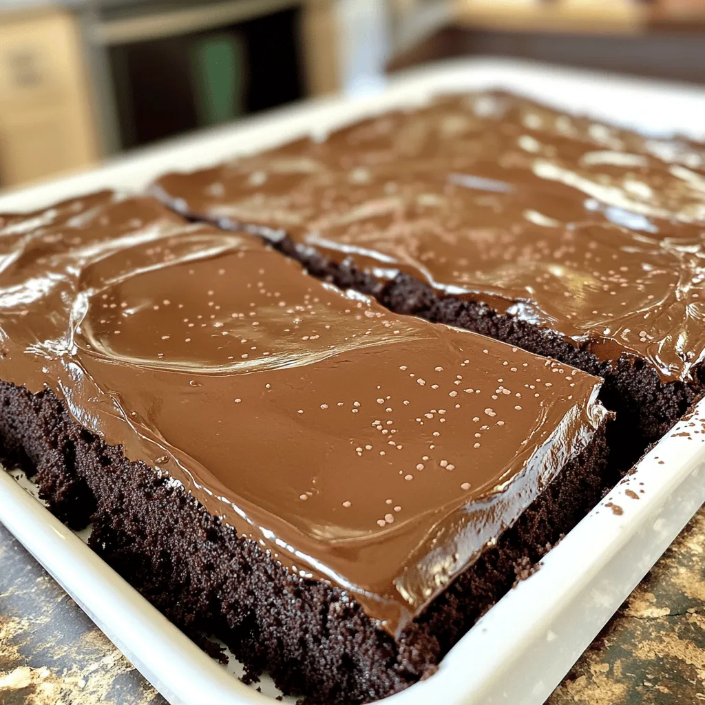 - 2 cups all-purpose flour - 2 cups granulated sugar - 1 cup unsalted butter - 1/2 cup unsweetened cocoa powder The main ingredients make this cake rich and moist. The flour gives structure. Sugar adds sweetness. Butter brings a lovely texture. Cocoa powder delivers the deep chocolate flavor. - 1 teaspoon baking soda - 1/2 teaspoon salt - 1/2 cup buttermilk - 2 large eggs Baking soda helps the cake rise and stay fluffy. Salt enhances all the flavors. Buttermilk adds moisture and tang. Eggs bind the mixture for a smooth and cohesive batter. - 1/2 cup unsalted butter, softened - 2/3 cup unsweetened cocoa powder - 3 cups powdered sugar - 1/3 cup milk Frosting is what makes this cake special. Softened butter creates a creamy base. Cocoa powder gives it a chocolate kick. Powdered sugar sweetens the mix. Milk helps achieve the perfect spreadable texture. For the complete recipe, check out the [Full Recipe]. - Preheat the oven to 350°F (175°C). - Grease and flour the sheet pan. Start by setting your oven to 350°F (175°C). This temperature helps the cake rise well. Next, take a 15x10-inch sheet pan. Grease it with some butter. Then, dust it with flour. This step is key for easy cake removal later. - Combine the dry ingredients in a mixing bowl. - Create the chocolate mixture in a saucepan. In a large mixing bowl, add the dry ingredients: 2 cups of all-purpose flour, 2 cups of granulated sugar, 1 teaspoon of baking soda, and 1/2 teaspoon of salt. Whisk these together until they blend well. Next, grab a medium saucepan. Over medium heat, melt 1 cup of unsalted butter. Once it melts, stir in 1 cup of water and 1/2 cup of cocoa powder. Bring this mixture to a gentle boil. This step gives the cake a rich chocolate flavor. - Mix the batters and pour into the pan. - Bake and prepare the frosting simultaneously. Now, combine the warm chocolate mixture with the dry ingredients. Stir just until mixed. Do not over-mix. In a separate bowl, whisk together 1/2 cup of buttermilk, 2 large eggs, and 1 teaspoon of vanilla extract. Pour this into the chocolate batter and stir until smooth. Pour the batter into the prepared sheet pan. Spread it evenly with a spatula. Bake it in the oven for 20 to 25 minutes. You can check if it's done by inserting a toothpick. It should come out clean. While the cake bakes, make the frosting. In another saucepan, melt 1/2 cup of softened butter over medium heat. Add 2/3 cup of cocoa powder and whisk until smooth. Then, remove it from heat and add 3 cups of powdered sugar, 1/3 cup of milk, and 1 teaspoon of vanilla extract. Whisk until creamy and smooth. Once the cake is baked, let it cool in the pan for about 10 minutes. While it’s warm, pour the frosting over the top. Spread it evenly with a spatula. Let the cake cool completely before slicing it into squares. Enjoy every delicious bite! For the full recipe, check the section above. To get a light and fluffy cake, use room temperature ingredients. This helps them mix well. Cold eggs or butter can make the batter dense. Also, avoid overmixing the batter. Stir until everything is just combined. Overmixing can lead to a tough cake. For the best frosting, aim for a creamy texture. Melt the butter and cocoa together first. Then, whisk in the powdered sugar and milk. The frosting should be spreadable but not runny. Timing is key. Frost the cake while it is still warm. This helps the frosting soak in a bit. Want to boost the flavor? Here are some suggestions. You can add a teaspoon of espresso powder to the batter. This deepens the chocolate taste. For the frosting, try using high-quality cocoa powder. It makes a noticeable difference in taste and richness. Ready to make this cake? Check out the Full Recipe for all the steps! {{image_4}} You might want to switch up your frosting for a new taste. Cream cheese frosting makes a great choice. It adds a tangy flavor that pairs well with the sweet cake. To make it special, try adding espresso or mint to the frosting. A hint of coffee enhances the chocolate, while mint gives a refreshing twist. Both options keep your cake exciting and full of flavor. Not everyone can enjoy traditional cake, but that’s okay! You can make gluten-free versions. Substitute all-purpose flour with a gluten-free blend. This keeps the texture light and fluffy. For those who follow a vegan diet, you can swap eggs with flaxseed or applesauce. Use almond milk instead of buttermilk. These changes make the cake accessible for everyone to enjoy. Want to level up your cake? Consider adding fun mix-ins! Chopped nuts, like pecans or walnuts, add a nice crunch. You can also toss in chocolate chips for extra richness. Diced fruit, like strawberries or raspberries, can bring a fresh taste. These add-ins let you customize the cake to fit your mood or occasion. To keep your leftover cake fresh, wrap it tightly in plastic wrap. This helps prevent it from drying out. You can also place it in an airtight container. For long-term storage, freeze the cake. Slice it first, then wrap each piece in plastic wrap. Place the slices in a freezer-safe bag or container. This method keeps them tasty for later. At room temperature, the cake stays fresh for about three days. Make sure to keep it covered, so it does not dry out. If you choose to refrigerate it, the cake can last up to a week. However, refrigeration can change its texture. It may become a bit denser and less moist. If you want to enjoy a slice warm, gently reheat it. Place a slice on a microwave-safe plate. Heat it for about 10-15 seconds. This warms it without drying it out. You can also use an oven. Preheat it to 350°F (175°C). Wrap the slice in foil and heat for about 5-10 minutes. This keeps the cake moist and tasty. This Texas Sheet Cake shines because of its rich, moist texture and deep chocolate flavor. The key ingredients are: - All-purpose flour for structure - Granulated sugar for sweetness - Cocoa powder for that intense chocolate taste - Buttermilk for moisture and tang - Unsalted butter for richness Each ingredient works together to create a cake that melts in your mouth. The balance of sweetness and chocolate is unmatched. Yes, you can easily prepare this cake ahead of time. Bake the cake and allow it to cool completely. Then, cover it tightly with plastic wrap or foil. This keeps it fresh for two to three days. You can frost it just before serving to maintain that creamy texture. To check if your cake is done, look for these signs: - The edges will pull away from the pan slightly. - The top should spring back when gently pressed. - A toothpick inserted in the center should come out clean or with a few moist crumbs. Using these tips ensures your cake is perfectly baked every time. You can double the recipe, but remember to adjust your baking time. Use a larger pan, such as a half sheet pan or two pans. Check for doneness a bit earlier than the original time. This way, you avoid overbaking. For a party, slice the cake into squares for easy serving. You can dust the top with powdered sugar for a nice touch. Adding a scoop of vanilla ice cream beside each slice elevates the experience. If you don't have buttermilk, you can make a quick substitute. Mix one cup of milk with one tablespoon of vinegar or lemon juice. Let it sit for about five minutes. This creates a similar tangy flavor and consistency to buttermilk. This article shared how to make a delicious Texas Sheet Cake. We covered key ingredients, step-by-step instructions, and tips for perfect texture and flavor. Remember to use room temperature ingredients for better mixing. You can even try different frostings or dietary adjustments to suit your needs. With proper storage, your cake will stay fresh and tasty. I hope this guide inspires you to bake your own amazing cake soon. Enjoy making and sharing this treat with family and friends!