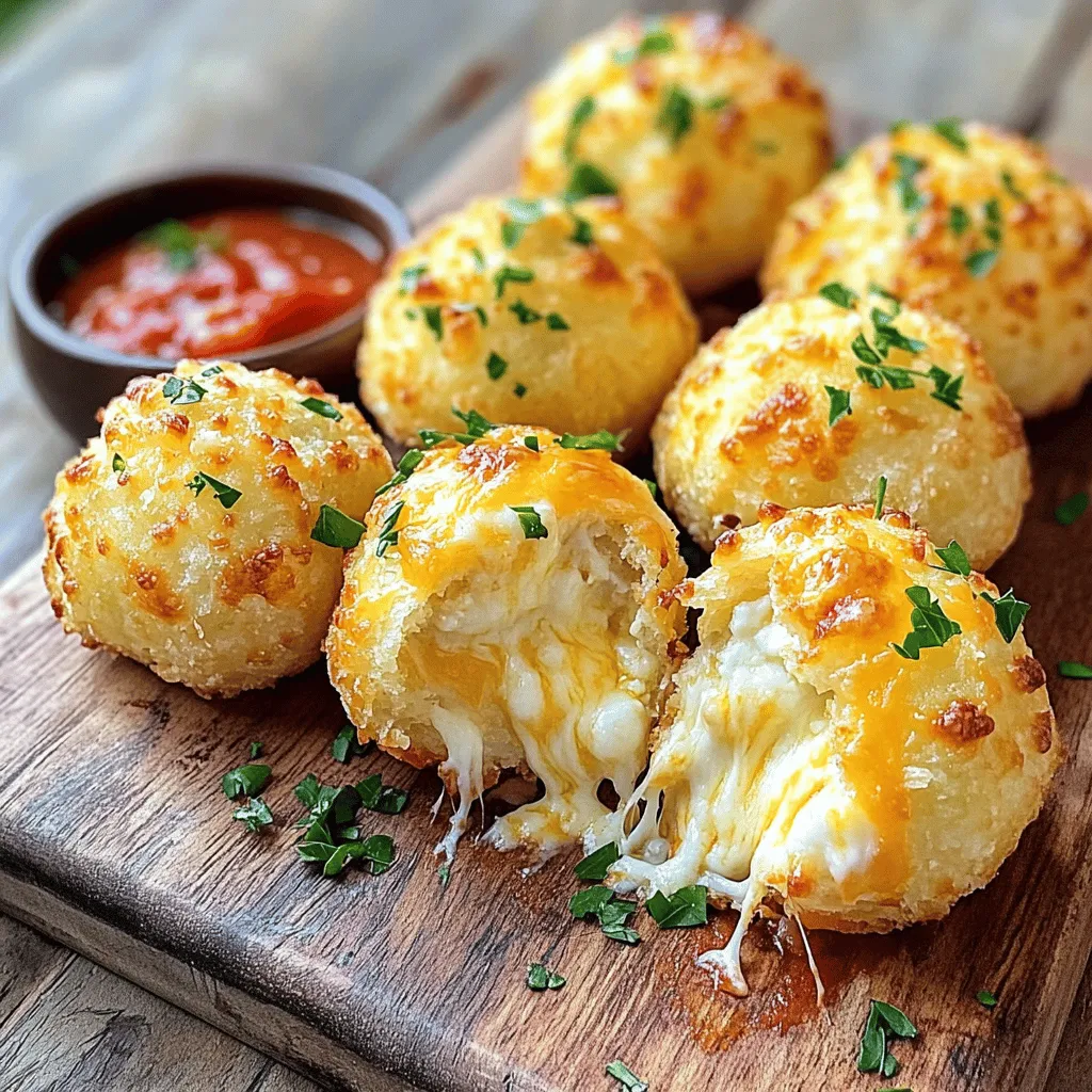 To make these delicious bites, gather the following ingredients: - 1 cup shredded mozzarella cheese - 1/2 cup freshly grated Parmesan cheese - 1/2 cup all-purpose flour - 1 large egg - 1/2 teaspoon garlic powder - 1/2 teaspoon dried Italian herbs (oregano, basil, and thyme) - Salt and pepper to taste - 1/4 cup panko breadcrumbs (for crunch) - Cooking oil (for frying) - Fresh parsley, finely chopped (for garnish) These ingredients blend to create cheesy, crispy goodness that you will love. If you need to adjust the recipe, don’t worry! Here are some easy swaps: - Gluten-Free: Use gluten-free flour and breadcrumbs. - Dairy-Free: Try vegan cheese. Just keep in mind the texture may change. - Egg-Free: Substitute the egg with a flaxseed mixture (1 tablespoon of ground flaxseed mixed with 3 tablespoons of water). These swaps still let you enjoy the cheesy bites without missing out. Presentation matters! Here are some fun ideas for garnishes: - Fresh parsley adds a nice touch of color. - Try sprinkling red pepper flakes for a spicy kick. - Serve with marinara sauce or a yogurt dip for added flavor. These garnishes elevate your cheesy bites and make them even more irresistible! First, gather all your ingredients. You’ll need mozzarella cheese, Parmesan cheese, flour, an egg, garlic powder, dried herbs, salt, pepper, breadcrumbs, and oil for frying. In a mixing bowl, combine the shredded mozzarella and grated Parmesan. Mix them well until they blend nicely. Next, in another bowl, whisk together the flour, garlic powder, dried herbs, salt, and pepper. This adds great flavor. Set the flour mix aside. Now, beat the egg in a small bowl until it looks frothy. Using your hands, scoop about a tablespoon of the cheese mix. Roll it into a small ball. Keep going until you shape all the mixture into bites. You should get about 12 to 15 balls. To fry these bites, heat about an inch of cooking oil in a skillet over medium heat. You can test if the oil is hot by dropping in a small piece of bread. If it sizzles, it’s ready. Carefully place a few mozzarella bites into the oil. Fry them for 2-3 minutes on each side. Look for a golden brown color and a crispy texture. Once they are cooked, use a slotted spoon to remove the bites from the oil. Place them on a plate lined with paper towels to soak up any extra oil. This step helps keep them crispy. When shaping the bites, make sure your hands are slightly damp. This helps the cheese mixture stick together better. For the breading, coat each cheese ball in the flour mix first. Then, dip it in the beaten egg, letting the excess drip off. Finally, roll it in panko breadcrumbs for that extra crunch. If you want, you can add herbs or spices to the breadcrumbs for even more flavor. The Full Recipe has all the details for you to follow. Enjoy these cheesy bites warm! If your mozzarella bites break apart when frying, check the coating. Make sure each ball is well-coated in flour, egg, and breadcrumbs. This helps hold them together. If they are not crispy, your oil might not be hot enough. Test it with a small piece of bread. It should sizzle right away. To boost flavor, consider adding spices. A pinch of cayenne pepper adds heat. You can also use fresh herbs like basil or chives. Mix these into your cheese blend for a tasty twist. Try adding a splash of lemon juice for brightness. It can make the flavors pop even more. For crispy bites, fry in small batches. This keeps the oil hot. If you stack them, they can get soggy. Use a wire rack to keep them crisp after frying. If you need to hold them, place them in a warm oven until serving. This way, they'll stay crunchy and delicious. {{image_4}} You can swap mozzarella for other cheeses. Try cheddar or provolone for a new taste. For a healthier twist, use whole wheat flour instead of all-purpose flour. You can also add chopped spinach or roasted red peppers to the cheese mix. This adds color and flavor. Want a kick? Add cayenne pepper or crushed red pepper flakes to the cheese mix. For a fresh taste, mix in herbs like basil or dill. You can even try different spice blends like taco seasoning for a fun twist. Each option gives a unique flavor to your cheesy bites. Frying gives a crispy texture, but baking is a great choice too. To bake, preheat your oven to 400°F (200°C). Place the coated bites on a baking sheet lined with parchment paper. Bake for about 15-20 minutes until golden. This method is healthier and still tasty. Each method offers a different experience, so try both! For the full recipe, check out the earlier section. To keep your mozzarella bites fresh, let them cool to room temperature. Place them in an airtight container. If you have many, layer them with parchment paper to avoid sticking. Store them in the fridge for up to three days. This way, they stay tasty and safe to eat. When you're ready to enjoy your leftovers, reheating is key. Preheat your oven to 375°F (190°C). Spread the bites on a baking sheet. Heat them for about 10-12 minutes. This method keeps them crispy outside and gooey inside. You can also use an air fryer for a few minutes at 350°F (175°C) for a quicker option. Freezing mozzarella bites is easy and great for meal prep. To freeze, first, let them cool completely. Arrange them in a single layer on a baking sheet. Freeze for 1-2 hours until solid. Then, transfer them to a freezer bag. They can last for up to three months. When you want to eat them, cook from frozen using the oven or air fryer for best results. Enjoy the cheesy goodness anytime! For the full recipe, check back to make these bites perfectly! Yes, you can prepare these bites in advance. Shape the cheese balls and coat them with the flour and panko. Place them on a tray and cover with plastic wrap. Store them in the fridge for up to 24 hours. This saves time on cooking day. Just fry them when you are ready to serve. To make gluten-free Cheesy Parmesan Mozzarella Bites, swap the all-purpose flour with a gluten-free flour blend. Ensure your panko breadcrumbs are also gluten-free. This way, you can enjoy these bites without gluten. Several dips work well with Cheesy Mozzarella Bites. Here are a few tasty options: - Marinara sauce - Ranch dressing - Garlic aioli - Spicy buffalo sauce Each adds a unique flavor to the cheesy goodness. Yes, baking is an option! Preheat your oven to 400°F (200°C). Arrange the coated bites on a baking sheet. Spray them lightly with cooking oil. Bake for about 15-20 minutes or until they are golden brown. This method is healthier and still delicious. For the best results, use the Full Recipe for baking instructions. In this post, we explored how to make Cheesy Parmesan Mozzarella Bites. We covered essential ingredients, options for different diets, and tasty garnishes. I shared step-by-step preparation methods, cooking techniques, and tips for perfect bites. We also discussed creative variations, storage tips, and answered common questions. You now have all the tools you need to craft these delicious snacks. Enjoy experimenting and sharing them with friends. Happy cooking!