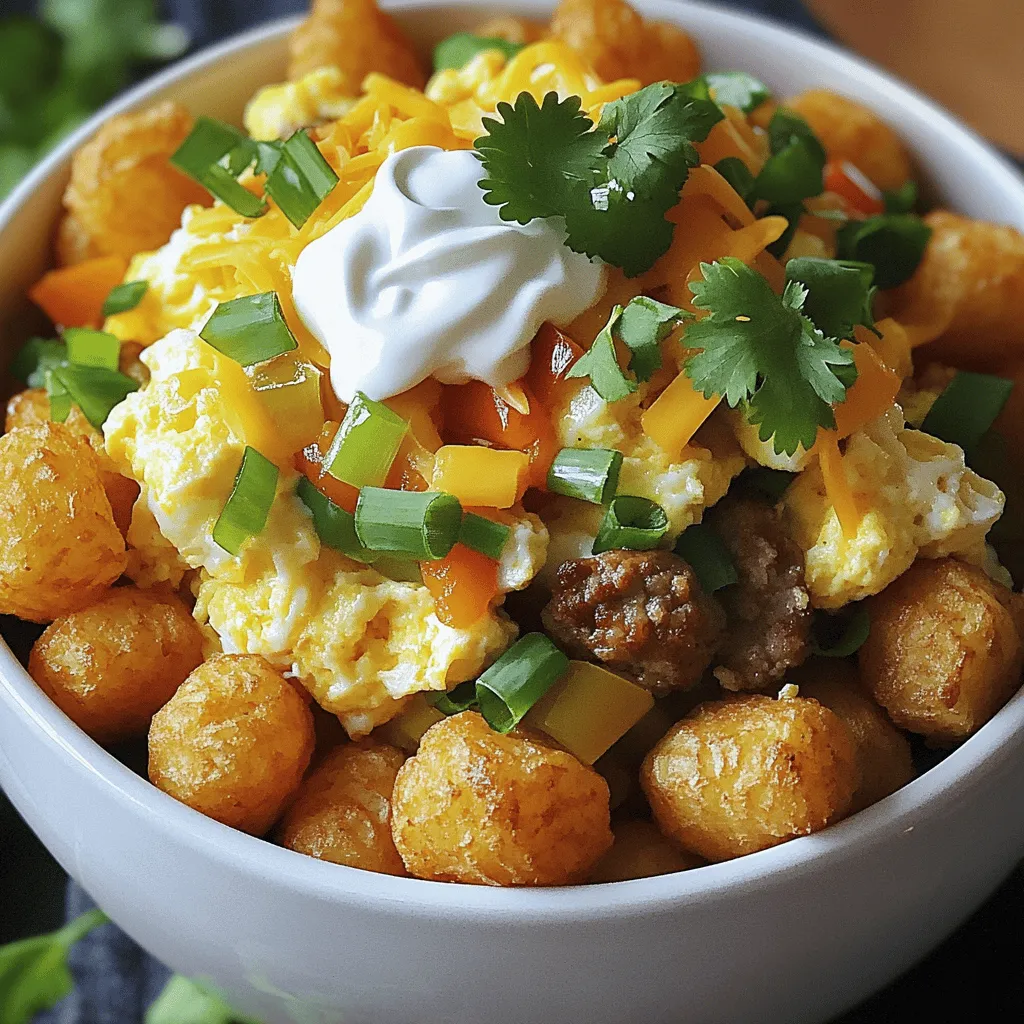 When making a Tater Tot Breakfast Bowl, you'll need some key ingredients. Here’s what you should gather: - 4 cups frozen tater tots - 4 large eggs - 1 cup cooked breakfast sausage, crumbled - 1 cup shredded cheddar cheese - 1/2 cup diced bell peppers (mix of red, yellow, and green) - 1/4 cup finely chopped green onions - 1/2 teaspoon garlic powder - 1/2 teaspoon paprika - Salt and freshly ground black pepper, to taste - 1/4 cup sour cream (for serving) - Fresh cilantro or parsley for garnish (optional) These ingredients create a warm and hearty meal. The tater tots give crunch, while the eggs and sausage offer protein. The cheese adds creaminess, and the veggies bring color and flavor. This dish is fun to make and even better to eat. Check the [Full Recipe] for exact steps and tips! - Preheat the oven to 425°F (220°C). - Spread tater tots in a single layer on a baking sheet. - Bake for 25-30 minutes, flipping halfway. I love starting with the tater tots because they add a crunchy base. Make sure they are spread out. This helps them cook evenly. When they come out golden brown, they will look amazing! - Heat a non-stick skillet over medium heat. - Add diced bell peppers and sauté for 3-4 minutes. While the tater tots bake, I cook the veggies. The bell peppers add color and flavor. I stir them gently so they do not stick. The smell is mouthwatering as they soften. - Introduce crumbled sausage to the skillet. - Prepare the egg mixture with seasoning and cook. Next, I add crumbled sausage to the skillet. It cooks for about 4-5 minutes. This step mixes the sausage flavors with the veggies. In a bowl, I whisk the eggs with garlic powder and paprika. I pour this into the skillet and stir until the eggs are fluffy and cooked. - Layer baked tater tots with scrambled egg mixture. - Add cheddar cheese on top to melt. Once the tater tots are ready, it’s time to build the bowl. I place the crispy tater tots at the bottom. Then, I spoon the egg and sausage mix on top. Finally, I sprinkle the shredded cheddar cheese. As it melts, the bowl looks so inviting. For the full recipe, check out the complete details to get started on this delightful morning meal! To make great tater tots, spread them out. Avoid crowding the baking sheet. This helps them cook evenly. For an extra crispy finish, broil them for a few minutes at the end. Just watch closely so they do not burn. For fluffy scrambled eggs, whisk them well. Mix air into the eggs for a light texture. Cook them on low heat, stirring gently. This keeps them soft and moist. Overcooking can make them dry, so stay alert while cooking. Garnish your bowl with green onions and sour cream. This adds flavor and color. You can add fresh herbs like cilantro or parsley for a pop of freshness. For drinks, consider coffee, juice, or herbal tea. They pair well with the meal. {{image_4}} You can make your Tater Tot Breakfast Bowl even better with some fun twists. Here are some ideas to try. - Substitute sausage with plant-based alternatives. Options like tempeh or veggie sausage work great. - Add more veggies like spinach or mushrooms. These add flavor and nutrition to your meal. - Swap cheddar with other cheeses like feta or mozzarella. Both melt nicely and add unique flavors. - Consider dairy-free options like nutritional yeast or vegan cheese for a creamy taste. - Experiment with different herbs or sauces. Try fresh basil, cilantro, or a spicy sauce for a kick. - Ideas for spicy twists include jalapeños or hot sauce. These can make your breakfast bowl extra exciting. Explore these variations to create your perfect bowl. You can mix and match to find what you love! Check out the Full Recipe for more ideas. To keep your Tater Tot Breakfast Bowl fresh, store leftovers in the fridge. Use airtight containers to prevent moisture loss. Place the bowl in the fridge within two hours of cooking. This helps keep your breakfast safe and tasty. Enjoy the leftovers within three days for the best flavor. Yes, you can freeze the Tater Tot Breakfast Bowl! To freeze, let the bowl cool completely. Divide it into portions and place them in freezer-safe containers. Seal them tightly to avoid freezer burn. When ready to eat, thaw in the fridge overnight before reheating. To reheat without losing texture, use the oven. Preheat your oven to 350°F (175°C). Place the bowl in an oven-safe dish. Cover it with foil to keep it moist. Heat for about 20 minutes. You can also use a microwave for quick reheating. Microwave on medium power for 2-3 minutes, stirring halfway through. Enjoy your meal warm and delicious! To make a Tater Tot Breakfast Bowl, first, preheat your oven to 425°F. Spread frozen tater tots on a baking sheet. Bake them for 25-30 minutes until crispy. While they bake, sauté diced bell peppers in a skillet. After a few minutes, add crumbled breakfast sausage. Cook until the sausage is warm. Whisk eggs with garlic powder and paprika, then pour this mix into the skillet. Stir until the eggs are fluffy. Layer baked tater tots with the egg mixture and top with cheese. Serve warm with sour cream and green onions. You can find the full recipe above. Yes, you can prepare parts of this bowl in advance. Bake the tater tots and cook the sausage and peppers a day before. Store them in the fridge. In the morning, just reheat them and scramble the eggs fresh. You can also layer everything in bowls and keep them in the fridge. Just warm them up when you're ready to eat. If you need an egg substitute, you have options. You can use tofu, flaxseed meal, or chickpea flour. Silken tofu works well when blended for a creamy texture. Flaxseed meal mixed with water can mimic eggs in scrambles. For a quick option, use chickpea flour mixed with water to create a batter. These options allow you to enjoy the bowl without eggs. To adjust the spice level, add more paprika or some cayenne pepper. If you like mild flavors, keep it simple with garlic powder and salt. For those who enjoy heat, consider adding jalapeños or hot sauce. Start small, taste, and add more until you find your perfect spice balance. Yes, this recipe is great for meal prepping! You can batch cook the tater tots, sausage, and peppers. Store them in separate containers in the fridge. When ready to eat, just reheat and add fresh eggs. This way, you have a quick and tasty breakfast ready to go all week. The Tater Tot Breakfast Bowl is a tasty and easy meal. We covered all the key ingredients and steps, from baking tater tots to making fluffy scrambled eggs. Don't forget the tips for crispiness and cool variations to suit your tastes. This dish is versatile and fun. You can make it faster or customize it any way you like. Give it a try; it’s a meal your whole family will love. Enjoy your cooking and the delicious results!