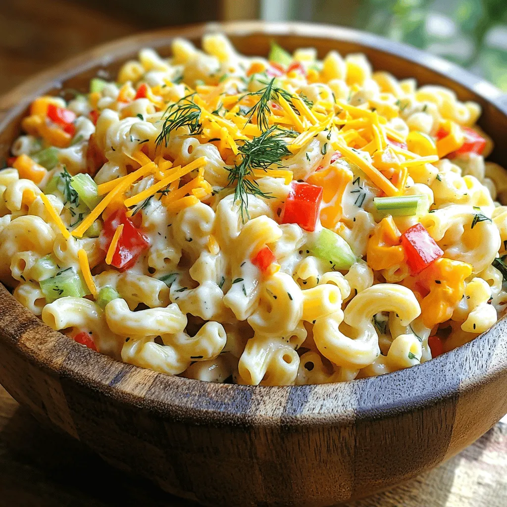 To make Guy Fieri's macaroni salad, you need some key ingredients. Here they are: - 2 cups elbow macaroni - 1 cup mayonnaise - 2 tablespoons Dijon mustard - 1 tablespoon apple cider vinegar - 1 cup red bell pepper, diced - 1 cup celery, diced - 1/2 cup red onion, finely chopped - 1/2 cup sweet pickles, chopped - 1/4 cup green onions, sliced - 1/2 cup shredded sharp cheddar cheese - Salt and pepper, to taste - 1 tablespoon fresh dill, finely chopped (or 1 teaspoon dried dill) These items create a creamy and flavorful dish. The elbow macaroni provides a nice base, while the veggies add crunch. You can add some optional ingredients for a flavor boost. Consider these: - Hard-boiled eggs, chopped - Cooked bacon, crumbled - Sweet corn, canned or fresh - A dash of hot sauce for spice These additions can enhance the taste and texture of your salad. Feel free to mix and match based on what you like! Using fresh and quality ingredients makes a big difference. Here are some tips: - Choose whole-grain elbow macaroni for more fiber. - Use real mayonnaise for a creamy texture. - Select ripe vegetables for the best flavor. - Look for sharp cheddar cheese for a stronger taste. With good ingredients, your macaroni salad will shine. For the full recipe, check out Guy Fieri's Ultimate Macaroni Salad. Start by boiling water in a large pot. Add a pinch of salt to the water. Once it boils, add 2 cups of elbow macaroni. Cook it for about 7 to 9 minutes. You want it to be al dente, which means firm but not hard. After cooking, drain the pasta in a colander. Rinse it with cold water to stop the cooking. Let it drain well. In a big mixing bowl, add 1 cup of mayonnaise. Then, pour in 2 tablespoons of Dijon mustard and 1 tablespoon of apple cider vinegar. Use a whisk to mix these until smooth. This dressing will be tangy and creamy. It will coat the pasta perfectly. Now, it’s time for the veggies. Add 1 cup of diced red bell pepper, 1 cup of diced celery, and 1/2 cup of finely chopped red onion. Toss in 1/2 cup of chopped sweet pickles and 1/4 cup of sliced green onions. Stir gently to mix all the ingredients well with the dressing. Make sure every piece gets some dressing. Next, add the cooled macaroni to the bowl. Be gentle when you fold the macaroni into the vegetable mixture. Use a spatula or a big spoon. You want to mix it well without breaking the pasta. This way, every bite has flavor. Now, fold in 1/2 cup of shredded sharp cheddar cheese. This adds a nice richness to the salad. Season with salt and pepper to taste. Add 1 tablespoon of fresh dill if you like. If you use dried dill, just 1 teaspoon will do. Mix again to ensure all ingredients are well combined. Cover the bowl with plastic wrap or put the salad in an airtight container. Chill it in the fridge for at least 1 hour. This helps all the flavors blend nicely. When ready to serve, stir it again to mix everything. Serve it in a colorful bowl. For a nice touch, sprinkle some extra green onions and dill on top. Enjoy your Guy Fieri’s macaroni salad! When making Guy Fieri's macaroni salad, avoid overcooking the pasta. If you cook it too long, the noodles can become mushy. Also, don’t skip rinsing the pasta. This step cools it down and prevents clumping. If you forget to chill the salad, the flavors won’t blend well. Always let it sit in the fridge for at least one hour. Lastly, measure your salt. Too much can overpower the other flavors. To boost the taste, think about using fresh herbs. I love adding parsley or basil for a fresh twist. You can also try adding a dash of smoked paprika for warmth. For a little kick, add some cayenne pepper. If you want a tangy flavor, a splash of lemon juice works wonders. Always taste as you go. Adjust the seasonings to match your personal preference. You can prepare this macaroni salad a day before serving. Just follow the full recipe and store it in an airtight container. This gives the flavors more time to develop. If you make it early, keep a little extra dressing on the side. Before serving, mix in the extra dressing if the salad seems dry. This will keep it creamy and delicious. {{image_4}} You can easily make Guy Fieri's macaroni salad vegan. Simply swap the mayonnaise for a plant-based option. There are many tasty vegan mayo brands available. You can also add extra veggies like carrots or peas for more texture. Fresh herbs like basil or parsley can enhance the flavor. This makes the salad colorful and healthy. Want to boost the protein in your macaroni salad? Adding cooked chicken or canned tuna works great. Chicken adds a hearty touch. Tuna gives a nice, savory flavor. Just mix in your choice of protein when you combine the pasta and dressing. It makes the dish more filling and satisfying. Cheese can change the taste of your salad. While sharp cheddar is classic, you can try other types. Creamy mozzarella or tangy feta are great options. They add unique flavors and textures. You can even mix different cheeses for a fun twist. Just remember to adjust the amount based on your taste preference. For the full recipe, check out Guy Fieri's Ultimate Macaroni Salad. To keep Guy Fieri's macaroni salad fresh, store it in an airtight container. This helps prevent the salad from absorbing other odors from your fridge. Make sure the salad is completely cooled before sealing it. If you have leftovers, try to eat them within a few days for the best taste. When stored correctly, this macaroni salad lasts about 3 to 5 days in the fridge. The flavors will deepen as it sits, but the vegetables can lose their crunch. Always check for any off smells or changes in color before eating. Freezing macaroni salad is not ideal but possible. If you plan to freeze it, leave out the mayonnaise and cheese. Freeze the pasta and veggies separately. When ready to eat, thaw in the fridge overnight, then mix with fresh dressing and cheese for the best taste. Yes, you can use other pasta shapes. Penne or rotini work well too. Just make sure to cook it al dente. This keeps the pasta firm in the salad. Each shape adds a unique look and texture. To make it gluten-free, use gluten-free pasta. Many brands offer this option. Check the label to ensure it is certified gluten-free. All other ingredients in the recipe are usually gluten-free. Yes, making it the night before is great! The flavors blend better when it sits. Just cover it tightly and chill in the fridge. Stir it well before serving for the best taste. If you want to avoid mayonnaise, use Greek yogurt. It adds creaminess and a tangy flavor. You can also try vegan mayo for a plant-based option. Both will work well in the salad. To add spice, mix in chopped jalapeños or hot sauce. You can also sprinkle in cayenne pepper for some heat. Start with a little and taste as you go. This way, you can find your perfect spice level! For the full recipe, check out the detailed steps above! In this blog post, we explored Guy Fieri’s Macaroni Salad, highlighting key ingredients and step-by-step instructions. You learned how to make a creamy dressing and mix in fresh veggies. I also shared tips to avoid common mistakes and enhance flavors. Don’t forget about delicious variations like adding proteins or making it vegan. With the right storage tips, your salad can last longer. Enjoy making this dish, and feel free to experiment with your own twist. Your macaroni salad will impress everyone at your next gathering!