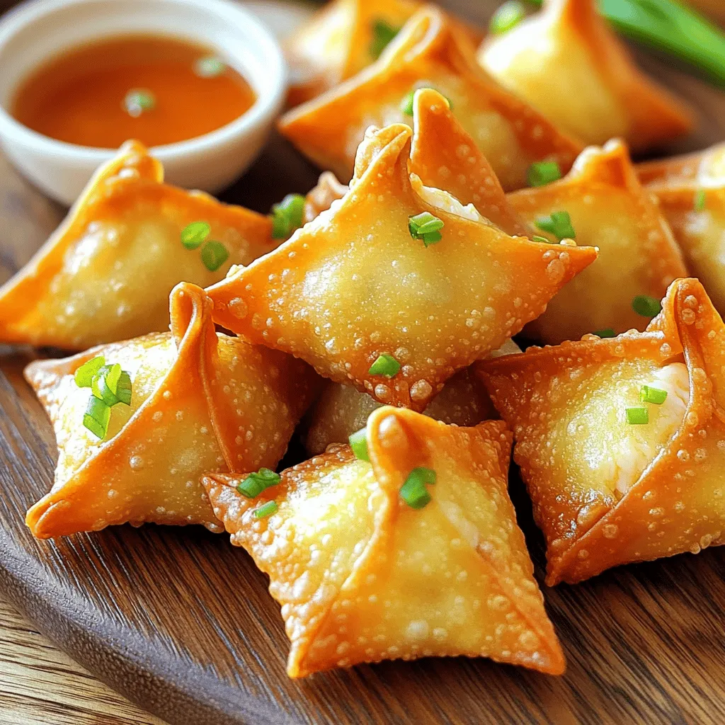 - Cream Cheese: Cream cheese is the star. It gives the rangoons a rich, creamy base. Softened cream cheese makes it easy to blend with other ingredients. This smooth texture makes each bite delightful. - Lump Crab Meat: For the best flavor, use sweet lump crab meat. Look for fresh crab at seafood counters. Canned crab can work in a pinch, but fresh is best. It adds a sweet, ocean taste that pairs perfectly with cream cheese. - Seasonings: Seasonings are key to great flavor. Use green onions for a fresh crunch. Soy sauce adds umami and depth. Garlic powder and ground ginger bring warmth. Sesame oil gives a nutty finish that ties it all together. Wonton wrappers are thin sheets that hold the filling. You can find them in the refrigerated section of grocery stores. Brands like Nasoya and Twin Dragon offer quality options. If you need a gluten-free choice, look for rice paper or gluten-free wonton wrappers. - Sweet and Sour Sauce: You can make a quick sweet and sour sauce with 1/4 cup sugar, 1/4 cup vinegar, and 1 tablespoon soy sauce. Mix and heat until the sugar dissolves. This sauce adds a nice tangy flavor to your crab rangoons. - Other Dipping Sauce Suggestions: Try soy sauce for a salty touch. You can also serve with chili sauce for a spicy kick. Experiment with your favorite sauces to find the best match! To start, blend the cream cheese and crab meat. I use a large bowl for this. First, soften the cream cheese to room temperature. This makes it easier to mix. Add the lump crab meat next. Choose sweet crab for the best taste. Then, add chopped green onions, soy sauce, garlic powder, ground ginger, and sesame oil. Mix it all until creamy and well combined. You want every bite to be packed with flavor. For balance, keep the seasonings in check. Too much soy sauce can be salty. If you want a kick, add more garlic powder or ground ginger. Taste as you go. This will help you find the right mix. Now it's time to assemble the rangoons. Start with a clean, flat surface. Lay out the wonton wrappers neatly. Place about 1 teaspoon of the crab mixture in the center of each wrapper. Don’t overfill! Dampen the edges of the wrapper with water using your finger or a pastry brush. This helps the edges stick together. Fold the wrapper in half diagonally to form a triangle. Press down firmly to seal the edges well. Next, take the two corners of the triangle and bring them together. Pinch tightly to secure them. Make sure there are no gaps. Sealing is key to stopping any filling from leaking while frying. Frying is where the magic happens. Heat vegetable oil in a deep frying pan over medium heat. Aim for a temperature of about 350°F (175°C). You want enough oil to fully submerge the rangoons. When the oil is hot, gently add the rangoons in batches. Avoid overcrowding the pan; this helps them cook evenly. Fry for about 3-4 minutes. Look for a golden brown color and a crispy texture. Once they are done, use a slotted spoon to lift them out. Let them drain on paper towels to remove excess oil. This step keeps them crispy. Enjoy your crispy, flavorful snack! For the full recipe, refer to the section above. To ensure crispy rangoons, use fresh wonton wrappers. Old wrappers can become dry and tough. Make sure your oil is hot enough, around 350°F (175°C). If the oil is not hot enough, the rangoons will soak up oil and become soggy. Fry them in small batches. This keeps the oil temperature steady and helps your rangoons cook evenly. Avoiding sogginess in fried foods is key. After frying, let the rangoons drain on paper towels. This removes excess oil and keeps them crispy. Serve them right away to enjoy that perfect crunch! Add extra herbs or spices to boost flavor. Fresh cilantro or chives can brighten the mix. A pinch of cayenne pepper adds a nice kick. If you want a sweeter taste, mix in a little sugar or honey. For saltiness, adjust the soy sauce to your liking. Just remember to balance flavors so none are too strong. Garnishing ideas for serving can elevate your dish. Sprinkle chopped green onions or sesame seeds on top of the rangoons. This adds color and texture. You can also serve them with a bowl of sweet and sour sauce in the center. Creating an appealing platter display is simple. Arrange the crispy rangoons in a circle around the sauce. This makes your dish look inviting and fun. Remember, we eat with our eyes first! Enjoy the process of making your crab rangoons shine. For the full recipe, check the Ultimate Crab Rangoon section. {{image_4}} To make vegetarian or vegan crab rangoon, swap cream cheese for a dairy-free option. Try using cashew cream or tofu as a base. For crab meat, use heart of palm or artichoke. Both mimic the texture well. You can also play with flavors. Add nutritional yeast for a cheesy taste. Mix in fresh herbs like dill or chives. You can spice it up with a squeeze of lemon juice for brightness. To add heat to your crab rangoon, consider spices like cayenne or red pepper flakes. You can also use hot sauce for a kick. Sriracha is a great option here! For an extra layer of flavor, mix in finely chopped jalapeños. They add crunch and heat. Adjust the amount based on your spice level preference. If you want a healthier version, try baking your crab rangoon. Preheat your oven to 375°F (190°C). Place the assembled rangoons on a baking sheet lined with parchment paper. Brush the tops with a little oil to help them crisp up. Bake for about 15-20 minutes, or until golden brown. Keep an eye on them to avoid overcooking. Baked rangoons are still tasty and lower in fat! For the full recipe, check out the Ultimate Crab Rangoon. To keep leftover crab rangoon fresh, place them in an airtight container. This helps maintain their flavor and texture. Store the container in the refrigerator. These tasty snacks last about 3 to 4 days in the fridge. Make sure they cool completely before sealing them up. This prevents moisture build-up, which can make them soggy. You can freeze crab rangoon for later enjoyment. For uncooked rangoons, lay them flat on a baking sheet. Freeze them until firm, then transfer to a freezer bag. This prevents them from sticking together. Cooked rangoons can also be frozen. Once cooled, place them in a freezer-safe container. They stay good for about 2 to 3 months. To thaw, just place them in the fridge overnight. For reheating, I like using the oven. Set it to 375°F (190°C) and bake for about 10-15 minutes. This keeps them crispy. To maintain crispiness, reheat your leftover crab rangoon in an oven or air fryer. Avoid using a microwave, as it makes them soggy. If using an oven, place them on a baking sheet. Heat for about 10 minutes, or until they warm up and crisp up again. For air fryers, set it to 350°F (175°C) and heat for 5-7 minutes. If you notice some sogginess, you can brush them lightly with oil before reheating. This helps restore their crunchiness and makes them taste fresh again. Yes, you can prepare Crab Rangoon ahead of time. Make the filling and assemble the rangoons. Store them in the fridge for up to one day. For longer storage, freeze them before frying. Just layer them between parchment paper to avoid sticking. When ready to cook, fry them straight from the freezer. This keeps them fresh and tasty. You have many options for dipping sauces. Sweet and sour sauce is a classic choice. It balances the rich flavor of crab and cream cheese. You can also try soy sauce for a salty kick. Hot sauce adds heat if you like spice. For a twist, mix mayo with a bit of sriracha. This gives a creamy and spicy dip. Look for a golden brown color on the rangoons. They usually take about 3-4 minutes to fry. Start with a test rangoons to check cooking time. Use a thermometer to ensure the oil is at 350°F (175°C). This temperature helps them cook evenly. If they float to the top, they are likely done. Let them drain on paper towels for extra crispiness. In this blog post, we explored how to make the ultimate Crab Rangoon. We covered the main ingredients like cream cheese and crab meat, plus important seasonings. We also discussed the best wonton wrappers and dipping sauces to try. With these tips and tricks, you can craft crispy, flavorful rangoons every time. Don't forget to try fun variations and proper storage methods. Enjoy your cooking, and share these tasty treats with friends and family!