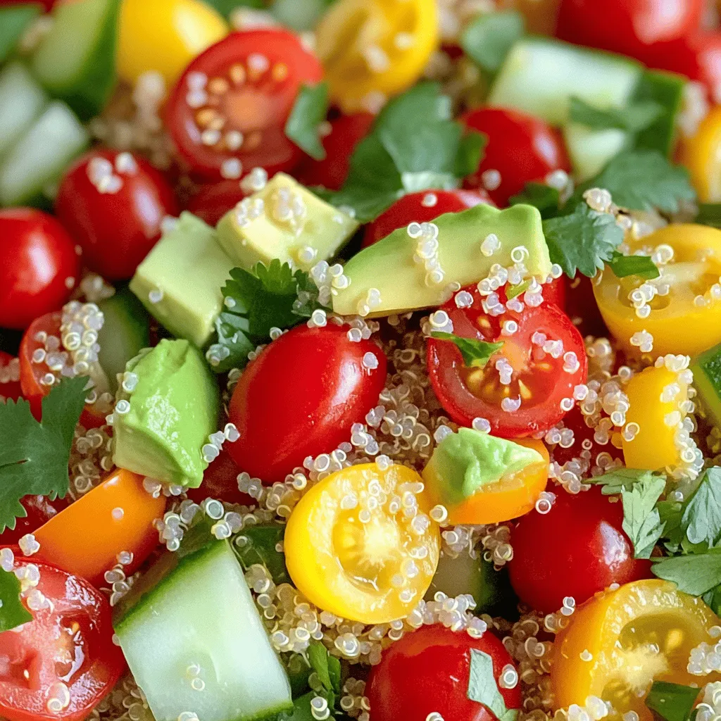To create a vibrant Rainbow Quinoa Salad, you'll need these key items: - 1 cup quinoa, thoroughly rinsed - 2 cups water or vegetable broth for flavor - 1 red bell pepper, finely diced - 1 yellow bell pepper, finely diced - 1 cup cherry tomatoes, halved - 1 cup cucumber, diced - 1/2 red onion, finely chopped - 1 ripe avocado, diced - 1/4 cup fresh cilantro, coarsely chopped - Juice of 2 limes for brightness - 3 tablespoons olive oil, plus extra for drizzling - Salt and pepper to taste - 1/4 teaspoon ground cumin (optional) For a Mediterranean Chickpea Salad, gather these items from your pantry: - 1 can (15 oz) chickpeas, drained and rinsed - 1 cup cherry tomatoes, halved - 1 cucumber, diced - 1/2 red onion, finely chopped - 1/2 cup feta cheese, crumbled - 1/4 cup Kalamata olives, pitted and sliced - 2 tablespoons fresh parsley, chopped - Juice of 1 lemon - 3 tablespoons olive oil - Salt and pepper to taste To make a delicious Tropical Fruit Salad, use fresh fruits like: - 1 cup pineapple, diced - 1 cup mango, diced - 1 cup strawberries, sliced - 1 banana, sliced - 1/2 cup blueberries - 1/4 cup shredded coconut - Juice of 1 lime - 1 tablespoon honey (optional) - Fresh mint leaves for garnish Each of these salads brings a unique taste and look to your table. Feel free to mix and match ingredients based on your preferences. For the full recipe, please refer to the earlier sections. 1. Cook the quinoa: Start by rinsing 1 cup of quinoa. In a medium saucepan, add the quinoa and 2 cups of water or vegetable broth. Bring this to a boil. Once boiling, lower the heat, cover, and let it simmer for about 15 minutes. The quinoa will be fluffy when done. 2. Cool and mix: After cooking, let the quinoa sit for 5 minutes. Fluff it with a fork and let it cool. In a large bowl, combine the cooled quinoa with 1 red bell pepper, 1 yellow bell pepper, 1 cup of cherry tomatoes, 1 cup of cucumber, 1/2 red onion, and 1 ripe avocado. 3. Make the dressing: In a separate bowl, whisk together the juice of 2 limes, 3 tablespoons of olive oil, salt, pepper, and 1/4 teaspoon of cumin if you want warmth. 4. Combine: Pour the dressing over the salad mix and toss gently. Top with 1/4 cup of fresh cilantro before serving. 1. Mix the salad: Grab a large bowl. Add 1 can of chickpeas, 1 cup of halved cherry tomatoes, 1 diced cucumber, and 1/2 red onion. Crumble in 1/2 cup of feta cheese and add 1/4 cup of sliced Kalamata olives. 2. Prepare the dressing: In a small bowl, whisk together the juice of 1 lemon, 3 tablespoons of olive oil, salt, and pepper. 3. Combine: Drizzle the dressing over the salad and toss gently to coat everything. Finally, sprinkle 2 tablespoons of chopped parsley on top for a fresh look. 1. Chop the fruit: In a large bowl, combine 1 cup of diced pineapple, 1 cup of diced mango, 1 cup of sliced strawberries, 1 sliced banana, and 1/2 cup of blueberries. 2. Make the dressing: Mix the juice of 1 lime with 1 tablespoon of honey if you want it sweeter. Stir well. 3. Combine: Drizzle this mixture over the fruit salad, mixing gently to keep the fruit intact. 4. Finish up: Top with 1/4 cup of shredded coconut and fresh mint leaves for a beautiful finish. Each salad recipe brings color, flavor, and nutrition to your plate. Enjoy these step-by-step guides to create healthy and tasty meals! To cook quinoa perfectly, rinse it well. This removes the bitter coating. Use a two-to-one water ratio. Bring it to a boil, then simmer on low. Let it sit covered after cooking. This ensures fluffy grains. For kale, massage it with salt. This softens the leaves and enhances flavor. Just a few minutes of massaging works wonders. It changes the texture and makes it more tasty. Salads are full of nutrients. Quinoa is high in protein and fiber. It helps you feel full and satisfied. Kale is packed with vitamins A, C, and K. It is great for your skin and bones. Bell peppers add vitamin C and antioxidants. They help boost your immune system. Avocados provide healthy fats that are good for your heart. Tomatoes are low in calories and add freshness. Make your salad look appealing. Use colorful ingredients for a vibrant mix. Layer them in a clear bowl to show off the colors. Add herbs like cilantro or parsley for a fresh pop. Serve with lime wedges to enhance flavors. A drizzle of olive oil adds shine and richness. Use a large bowl for a family-style presentation. This invites everyone to dig in together. For a unique twist, consider serving salads in hollowed-out fruits. This adds a fun touch and makes your salad stand out. {{image_4}} You can play with your Rainbow Quinoa Salad. Try adding nuts like walnuts or pecans. They give a nice crunch. You can also swap the veggies. Try roasted zucchini or asparagus for a warm touch. Adding fruits like pomegranate seeds gives a sweet burst. Experiment with different herbs too. Basil or mint can brighten the flavor. You can even try different dressings. A honey mustard or tahini dressing can change everything. Each twist brings new life to this classic dish. To enhance your Mediterranean Chickpea Salad, consider adding roasted red peppers for a smoky flavor. Sun-dried tomatoes can also add a nice tang. If you want more protein, toss in some grilled chicken or shrimp. Avocado can make it creamy and rich. You might like to add a sprinkle of sesame seeds for extra texture. Fresh herbs like dill or oregano can elevate the taste. These additions will make your salad even more satisfying and delicious. You can change up your Tropical Fruit Salad easily. Try different fruits like kiwi or papaya for a fun twist. Berries like raspberries or blackberries can add color and zest. You can also use different citrus fruits like oranges or grapefruit. They add a nice tang. If you want a crunchy bite, include granola or nuts. For a touch of creaminess, consider a dollop of yogurt. Each change can make your fruit salad unique and exciting. To keep your rainbow quinoa salad fresh, store it in an airtight container. This helps prevent air from wilting your greens. You can keep it in the fridge for up to three days. If you want more crunch, store the dressing separately. Mix it in just before you eat. This keeps the salad vibrant and tasty. Mediterranean chickpea salad stays fresh in the fridge for about four days. Use a glass container with a tight lid. This keeps the flavors intact. If you add feta cheese, it may need to be consumed sooner. If you want to keep the salad extra fresh, wait to add olives until serving. Tropical fruit salad is best eaten fresh. You can store it in the fridge for a day. Use a sealed container to keep it from drying out. If you see browning on bananas or apples, squeeze a bit of lime juice on them. This helps slow down the browning. Enjoy your tropical fruit salad within a day for the best taste and texture. The best way to dress salads is to use a simple vinaigrette. A basic vinaigrette combines oil and acid. You can use olive oil and vinegar. For extra flavor, add mustard or honey. Mix one part acid to three parts oil for the right balance. Pour the dressing over the salad just before serving. This keeps the greens crisp. Always toss the salad gently to coat all ingredients evenly. Prepared salads can be stored in the fridge for three to five days. However, some ingredients, like avocado, may brown quickly. To keep your salad fresh longer, store the dressing separately. This way, your greens will stay crisp. Use an airtight container to prevent moisture loss. Remember to check for freshness before eating. If it looks or smells off, it’s best to discard it. Yes, you can customize these salad recipes to fit your diet. If you are vegan, skip cheese or use vegan options. For gluten-free diets, ensure all ingredients are gluten-free. Add more protein by including nuts, seeds, or beans. You can also switch up the veggies based on what you like. This makes salads fun and personal. Explore different dressings and spices to find your favorites. One great option is the Rainbow Quinoa Salad, which you can adjust to your taste. [Full Recipe] Salads are fun, fresh, and easy to make. We explored key ingredients for three tasty salads: Rainbow Quinoa, Mediterranean Chickpea, and Tropical Fruit. I shared step-by-step guides to prepare each dish, along with tips for presenting your salads beautifully. You can easily customize these recipes to fit your taste and needs. Remember to store your salads correctly to keep them fresh longer. With these simple ideas, you can make healthy eating enjoyable and exciting. Try them out and enjoy your fresh creations!