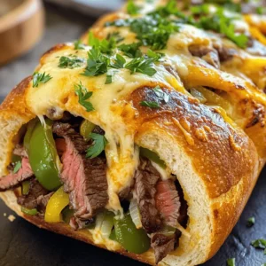 - 1 large baguette or Italian loaf - 1 pound ribeye steak, thinly sliced - 1 tablespoon olive oil - 1 green bell pepper, sliced into thin strips - 1 small onion, sliced into half-rings - 2 cups mozzarella cheese, shredded - 1 cup provolone cheese, shredded - 2 tablespoons mayonnaise - 1 teaspoon garlic powder - Salt and freshly cracked black pepper to taste - Fresh parsley, chopped for garnish (optional) The core of this dish centers on a good loaf of bread and tender ribeye steak. For the bread, I love using a large baguette or an Italian loaf. They provide a perfect base that holds all the cheesy goodness. The ribeye steak must be thinly sliced. It cooks quickly and stays juicy. Next, add the flavor enhancers. A green bell pepper and a small onion bring sweetness and crunch. They add depth to the savory steak. For cheese, I choose mozzarella and provolone. The mozzarella melts beautifully, while provolone adds a nice bite. To finish, we need seasoning. Mayonnaise adds creaminess, while garlic powder boosts flavor. Salt and black pepper round it all off. Fresh parsley is optional but adds a nice color. This combination makes the perfect Philly cheesesteak cheesy bread. Check out the Full Recipe to get all the steps and tips! - Preheat the Oven: Set your oven to 375°F (190°C). This gets it hot and ready. - Sauté the Vegetables: In a large skillet, heat 1 tablespoon of olive oil. Add sliced onions and green bell peppers. Cook them for about 5 minutes. They should soften and turn slightly brown. - Introduce the Ribeye Steak: Take 1 pound of thinly sliced ribeye steak. Season it with salt, black pepper, and 1 teaspoon of garlic powder. Add it to the skillet with the veggies. Stir-fry for 3-4 minutes until the steak is browned and cooked through. - Remove from heat and set aside: Once the steak is ready, take the skillet off the heat. Let it sit while you prepare the bread. - Prepare the Bread: Get your large baguette or Italian loaf. Slice it in half lengthwise. Gently scoop out the middle. This makes space for the filling. - Add Mayonnaise and Filling: Spread 2 tablespoons of mayonnaise on both inner sides of the bread. Next, spoon the steak and veggie mixture into each half. - Layer the Cheese: Sprinkle both 2 cups of mozzarella and 1 cup of provolone cheese over the filling. Make sure every bite has cheese. - Bake and Serve: Place the cheesy bread halves on a baking sheet. Bake for about 10-12 minutes. You want the cheese to melt and bubble with golden spots. When done, take it out and let it cool for a minute. Slice the bread into portions. You can garnish with chopped parsley if you like. For a complete guide, check out the Full Recipe. Enjoy your cheesy creation! - Choosing the Right Bread: A good bread gives the best texture. I love using a large baguette or an Italian loaf. These breads hold the filling well and give a nice crunch. Their crust is strong enough to contain all the cheesy goodness. - Hollowing Technique: To scoop out the bread, take a small knife. Cut along the edge of the bread, being careful not to pierce the crust. Use your fingers or a spoon to gently remove the inner bread. This creates a nice hollow space for the filling without breaking the bread. - Alternative Cheeses: Want to mix things up? Try using sharp cheddar or pepper jack cheese. Both add a unique flavor that pairs well with the steak. You can also blend different cheeses for a richer taste. - Spice It Up: Add extra seasonings to boost flavor. A pinch of smoked paprika or cayenne pepper adds warmth. You could also try Italian herbs like oregano or basil for a fresh kick. - Ideal Pairing: Serve your Philly cheesesteak cheesy bread with a side of marinara sauce. This adds a nice dip and complements the flavors. A simple salad also works great for a fresh balance. - Presentation Ideas: For a fun serving style, place the cheesy bread on a wooden cutting board. Slice it into portions for easy sharing. Garnish with chopped parsley for a pop of color and serve with extra dipping sauce on the side. {{image_4}} You can switch meats for a tasty twist. Use chicken, turkey, or a plant-based option like tempeh. Each choice gives a new flavor. For a veggie boost, add more vegetables. Try mushrooms, zucchini, or spinach. This makes the dish healthier and colorful. Want more heat? Add jalapeños or a splash of hot sauce. This gives your cheesy bread a fun kick. If you prefer something sweet, try caramelized onions or sautéed mushrooms. These add depth and richness to the flavors. Mixing cheeses can change the game. Try cheddar, Gouda, or Swiss for different tastes. Each cheese adds its unique flavor and creaminess to your dish. If you need a dairy-free option, use plant-based cheese. Look for brands that melt well to keep the cheesy goodness intact. For the Full Recipe, be sure to check out the detailed steps! To store leftover Philly cheesesteak cheesy bread, wrap it tightly in foil or plastic wrap. This keeps the bread moist. Place it in the fridge for up to three days. When you want to eat it, simply reheat the bread. For freezing, place the uncooked cheesy bread in a freezer bag. It can last for up to two months. If you freeze cooked cheesy bread, wrap it well and store it the same way. The best way to reheat cheesy bread is in the oven. Preheat the oven to 350°F (175°C). Place the bread on a baking sheet and heat for about 10 minutes. This method keeps the bread crispy. You can use the microwave, but it may make the bread soggy. To avoid this, heat in short bursts and check often. Philly cheesesteak cheesy bread can last in the fridge for three days. If you freeze it, it will stay good for about two months. To check freshness, look for any signs of mold or off smells. Always trust your senses to keep food safe! What is the origin of Philly Cheesesteak Cheesy Bread? Philly cheesesteak first came from Philadelphia. It started in the 1930s. People loved the combo of steak and cheese in a sandwich. Cheesy bread is a fun twist on this classic. It mixes the same flavors into a tasty bread dish. Can I make this recipe ahead of time? Yes, you can prep this dish ahead. You can chop the veggies and slice the meat in advance. Just keep them in the fridge. Assemble the cheesy bread when you are ready to bake. This way, it stays fresh and delicious. Is this recipe gluten-free? No, this recipe is not gluten-free. The baguette or Italian loaf contains gluten. If you need a gluten-free option, use gluten-free bread. You can find many good choices at stores today. How can I make a low-carb version? To make a low-carb version, skip the bread. Use large bell pepper halves instead. Fill them with the steak and cheese mix. Bake them until the cheese melts. This way, you keep the flavors but cut the carbs. Can I grill the Philly Cheesesteak Cheesy Bread instead of baking it? Yes, you can grill it! Just wrap the cheesy bread in foil. Place it on the grill over medium heat. Grill for about 10-12 minutes, checking to see if the cheese is melted. It will give a nice smoky flavor. What’s the best way to ensure the steak is tender? To keep the steak tender, slice it thinly against the grain. This helps break down the muscle fibers. Also, don’t overcook it. Cook just until browned, about 3-4 minutes. This way, it stays juicy and soft in your cheesy bread. You now have all the details to make delicious Philly Cheesesteak Cheesy Bread. Start with fresh, quality ingredients like ribeye steak, vegetables, and gooey cheese. Follow each step for perfect results. Remember, there are many ways to customize this dish. Try new meats, add spices, or swap cheeses. Store leftovers properly to enjoy them again. With these tips and ideas, you can impress friends and family. Enjoy every bite of your creation!