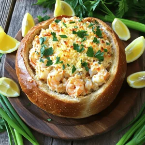To make the stuffed seafood bread bowl, gather these main ingredients: - 1 round sourdough bread loaf - 1 cup cooked shrimp, roughly chopped - 1 cup cooked crab meat, preferably lump crab meat - 1/2 cup cream cheese, softened - 1/2 cup mayonnaise - 1/4 cup sour cream - 1 tablespoon fresh lemon juice - 1 teaspoon Old Bay seasoning - 2 green onions, finely sliced - 1/4 cup grated Parmesan cheese, plus extra for topping - Sea salt and freshly cracked black pepper to taste - Fresh parsley, finely chopped, for garnish These ingredients create a rich and creamy filling. The sourdough bread adds a crunchy texture. The shrimp and crab bring a delightful seafood flavor. You can mix and match the seafood if you wish. Adding garnishes enhances the dish. Here are some options: - Finely chopped fresh parsley - Extra Parmesan cheese - Lemon wedges for a fresh touch - Sliced green onions for color These garnishes add flavor and make the dish look appealing. They brighten up the seafood filling and give it a fresh note. You will need a few simple tools to prepare your stuffed seafood bread bowl: - A sharp bread knife - A large mixing bowl - A baking sheet - A spoon for filling These tools make the process easy and fun. The knife allows you to hollow out the bread without much effort. The mixing bowl helps you combine all the tasty ingredients. Using a baking sheet catches any drips during baking. - Preheat the Oven Set your oven to 350°F (175°C). This heat will help the bread bowl bake perfectly. - Prepare the Sourdough Bread Take a round sourdough bread loaf. Slice the top off to create a lid. Hollow out the inside carefully. Leave about 1 inch of bread for strength. You can save the removed bread for dipping later. - Combining Ingredients In a large bowl, mix 1 cup of cooked shrimp and 1 cup of lump crab meat. Add 1/2 cup of softened cream cheese, 1/2 cup of mayonnaise, 1/4 cup of sour cream, and 1 tablespoon of fresh lemon juice. Don’t forget to add 1 teaspoon of Old Bay seasoning and 2 finely sliced green onions. Finally, mix in 1/4 cup of grated Parmesan cheese. - Seasoning to Taste Taste your mixture. Add sea salt and cracked black pepper to your liking. You want it to be flavorful and delicious. - Filling the Bowl Spoon the seafood mixture into your hollowed bread bowl. Pack it tightly to prevent any mess. - Baking and Cooling Instructions Sprinkle the top with more grated Parmesan cheese. Place the filled bread bowl on a baking sheet. Bake it for 25 to 30 minutes until the top is golden and bubbly. After baking, let it cool for a few minutes. This helps enhance the flavors and texture before serving. Now you can enjoy your stuffed seafood bread bowl! For the complete recipe, check the Full Recipe section. When you choose seafood, freshness is key. Look for shrimp and crab that smell like the ocean, not fishy. If possible, buy seafood from a trusted market. Fresh shrimp should have a firm texture, and crab meat should be moist and flaky. If you use frozen seafood, ensure it is thawed properly. This keeps the flavors bright and tasty in your stuffed seafood bread bowl. For a great bread bowl, use a round sourdough loaf. The crust adds a nice crunch, while the inside stays soft. When hollowing it out, leave about an inch of bread along the sides. This helps the bowl hold its shape and keeps the filling from leaking. Bake the bread bowl until golden and slightly crispy. This texture enhances the overall dish and makes every bite enjoyable. Serve your stuffed seafood bread bowl with fun sides. Lemon wedges add a zesty kick, while extra green onions bring color and flavor. Pair the bowl with a fresh salad to balance the richness of the seafood mix. You can also toast the reserved bread pieces for dipping. This adds a delightful crunch and makes for a complete meal that everyone will love. {{image_4}} You can swap seafood based on your taste. Use scallops, lobster, or even clams. These options bring unique flavors. For a twist, try smoked salmon for a rich taste. Always choose fresh seafood for the best results. Frozen seafood works too if fresh isn't available. You can create a vegetarian version of this dish easily. Replace seafood with hearty veggies. Consider using spinach, artichokes, and mushrooms. Add chickpeas or beans for protein. Cream cheese and sour cream will still work great. You can use vegan substitutes if needed. This makes a tasty option for non-meat eaters. Seasoning can change the whole dish. If you want more heat, add a pinch of cayenne pepper. For a fresh twist, try dill or cilantro. Adjust the lemon juice based on your taste. If you love garlic, add minced garlic to the mix. Experiment and find the perfect flavor for you. To keep your stuffed seafood bread bowl fresh, wrap it in plastic wrap. Place it in the fridge. You can store leftovers for up to three days. If you have leftover filling, store it in a separate airtight container. This helps maintain the bread's texture and flavor. To reheat, preheat your oven to 350°F (175°C). Place the stuffed bread bowl on a baking sheet. Cover it with foil to prevent burning. Heat for about 15-20 minutes. This warms the filling and keeps the bread soft. Check if it’s hot throughout before serving. You can freeze the stuffed seafood bread bowl for longer storage. First, wrap it tightly in plastic wrap. Then, place it in a freezer bag. It can freeze for up to two months. When ready to eat, thaw it in the fridge overnight. Reheat as mentioned above for best results. Yes, you can use other types of bread. Try a round ciabatta or a baguette. Each bread adds a unique taste and texture. Just ensure the bread is sturdy enough to hold the filling. A soft bread might get soggy too fast. The best seafood combines flavor and texture. Shrimp and crab are favorites for this recipe. You can also use lobster or scallops for a rich taste. Always use seafood that is fresh or properly cooked. This will enhance the overall flavor of your dish. You can prepare the filling a day in advance. Store it in the fridge to keep it fresh. Hollow out the bread bowl and stuff it just before baking. This keeps the bread from getting too soft. You’ll enjoy a warm, fresh meal with less stress! For the full recipe, check out the details above. This blog post covered how to make a stuffed seafood bread bowl. We explored the main ingredients, tools needed, and how to prepare the dish step by step. I shared tips for choosing seafood and achieving the perfect bread texture. You can also try different seafood or make a vegetarian option. Cooking can be fun and rewarding. Don't hesitate to get creative and make this dish your own! Enjoy every bite of your delicious creation.