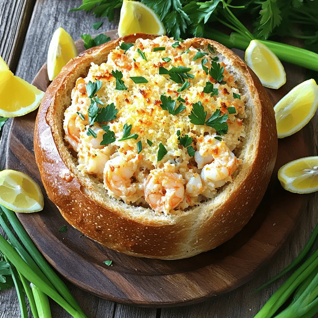 To make the stuffed seafood bread bowl, gather these main ingredients: - 1 round sourdough bread loaf - 1 cup cooked shrimp, roughly chopped - 1 cup cooked crab meat, preferably lump crab meat - 1/2 cup cream cheese, softened - 1/2 cup mayonnaise - 1/4 cup sour cream - 1 tablespoon fresh lemon juice - 1 teaspoon Old Bay seasoning - 2 green onions, finely sliced - 1/4 cup grated Parmesan cheese, plus extra for topping - Sea salt and freshly cracked black pepper to taste - Fresh parsley, finely chopped, for garnish These ingredients create a rich and creamy filling. The sourdough bread adds a crunchy texture. The shrimp and crab bring a delightful seafood flavor. You can mix and match the seafood if you wish. Adding garnishes enhances the dish. Here are some options: - Finely chopped fresh parsley - Extra Parmesan cheese - Lemon wedges for a fresh touch - Sliced green onions for color These garnishes add flavor and make the dish look appealing. They brighten up the seafood filling and give it a fresh note. You will need a few simple tools to prepare your stuffed seafood bread bowl: - A sharp bread knife - A large mixing bowl - A baking sheet - A spoon for filling These tools make the process easy and fun. The knife allows you to hollow out the bread without much effort. The mixing bowl helps you combine all the tasty ingredients. Using a baking sheet catches any drips during baking. - Preheat the Oven Set your oven to 350°F (175°C). This heat will help the bread bowl bake perfectly. - Prepare the Sourdough Bread Take a round sourdough bread loaf. Slice the top off to create a lid. Hollow out the inside carefully. Leave about 1 inch of bread for strength. You can save the removed bread for dipping later. - Combining Ingredients In a large bowl, mix 1 cup of cooked shrimp and 1 cup of lump crab meat. Add 1/2 cup of softened cream cheese, 1/2 cup of mayonnaise, 1/4 cup of sour cream, and 1 tablespoon of fresh lemon juice. Don’t forget to add 1 teaspoon of Old Bay seasoning and 2 finely sliced green onions. Finally, mix in 1/4 cup of grated Parmesan cheese. - Seasoning to Taste Taste your mixture. Add sea salt and cracked black pepper to your liking. You want it to be flavorful and delicious. - Filling the Bowl Spoon the seafood mixture into your hollowed bread bowl. Pack it tightly to prevent any mess. - Baking and Cooling Instructions Sprinkle the top with more grated Parmesan cheese. Place the filled bread bowl on a baking sheet. Bake it for 25 to 30 minutes until the top is golden and bubbly. After baking, let it cool for a few minutes. This helps enhance the flavors and texture before serving. Now you can enjoy your stuffed seafood bread bowl! For the complete recipe, check the Full Recipe section. When you choose seafood, freshness is key. Look for shrimp and crab that smell like the ocean, not fishy. If possible, buy seafood from a trusted market. Fresh shrimp should have a firm texture, and crab meat should be moist and flaky. If you use frozen seafood, ensure it is thawed properly. This keeps the flavors bright and tasty in your stuffed seafood bread bowl. For a great bread bowl, use a round sourdough loaf. The crust adds a nice crunch, while the inside stays soft. When hollowing it out, leave about an inch of bread along the sides. This helps the bowl hold its shape and keeps the filling from leaking. Bake the bread bowl until golden and slightly crispy. This texture enhances the overall dish and makes every bite enjoyable. Serve your stuffed seafood bread bowl with fun sides. Lemon wedges add a zesty kick, while extra green onions bring color and flavor. Pair the bowl with a fresh salad to balance the richness of the seafood mix. You can also toast the reserved bread pieces for dipping. This adds a delightful crunch and makes for a complete meal that everyone will love. {{image_4}} You can swap seafood based on your taste. Use scallops, lobster, or even clams. These options bring unique flavors. For a twist, try smoked salmon for a rich taste. Always choose fresh seafood for the best results. Frozen seafood works too if fresh isn't available. You can create a vegetarian version of this dish easily. Replace seafood with hearty veggies. Consider using spinach, artichokes, and mushrooms. Add chickpeas or beans for protein. Cream cheese and sour cream will still work great. You can use vegan substitutes if needed. This makes a tasty option for non-meat eaters. Seasoning can change the whole dish. If you want more heat, add a pinch of cayenne pepper. For a fresh twist, try dill or cilantro. Adjust the lemon juice based on your taste. If you love garlic, add minced garlic to the mix. Experiment and find the perfect flavor for you. To keep your stuffed seafood bread bowl fresh, wrap it in plastic wrap. Place it in the fridge. You can store leftovers for up to three days. If you have leftover filling, store it in a separate airtight container. This helps maintain the bread's texture and flavor. To reheat, preheat your oven to 350°F (175°C). Place the stuffed bread bowl on a baking sheet. Cover it with foil to prevent burning. Heat for about 15-20 minutes. This warms the filling and keeps the bread soft. Check if it’s hot throughout before serving. You can freeze the stuffed seafood bread bowl for longer storage. First, wrap it tightly in plastic wrap. Then, place it in a freezer bag. It can freeze for up to two months. When ready to eat, thaw it in the fridge overnight. Reheat as mentioned above for best results. Yes, you can use other types of bread. Try a round ciabatta or a baguette. Each bread adds a unique taste and texture. Just ensure the bread is sturdy enough to hold the filling. A soft bread might get soggy too fast. The best seafood combines flavor and texture. Shrimp and crab are favorites for this recipe. You can also use lobster or scallops for a rich taste. Always use seafood that is fresh or properly cooked. This will enhance the overall flavor of your dish. You can prepare the filling a day in advance. Store it in the fridge to keep it fresh. Hollow out the bread bowl and stuff it just before baking. This keeps the bread from getting too soft. You’ll enjoy a warm, fresh meal with less stress! For the full recipe, check out the details above. This blog post covered how to make a stuffed seafood bread bowl. We explored the main ingredients, tools needed, and how to prepare the dish step by step. I shared tips for choosing seafood and achieving the perfect bread texture. You can also try different seafood or make a vegetarian option. Cooking can be fun and rewarding. Don't hesitate to get creative and make this dish your own! Enjoy every bite of your delicious creation.