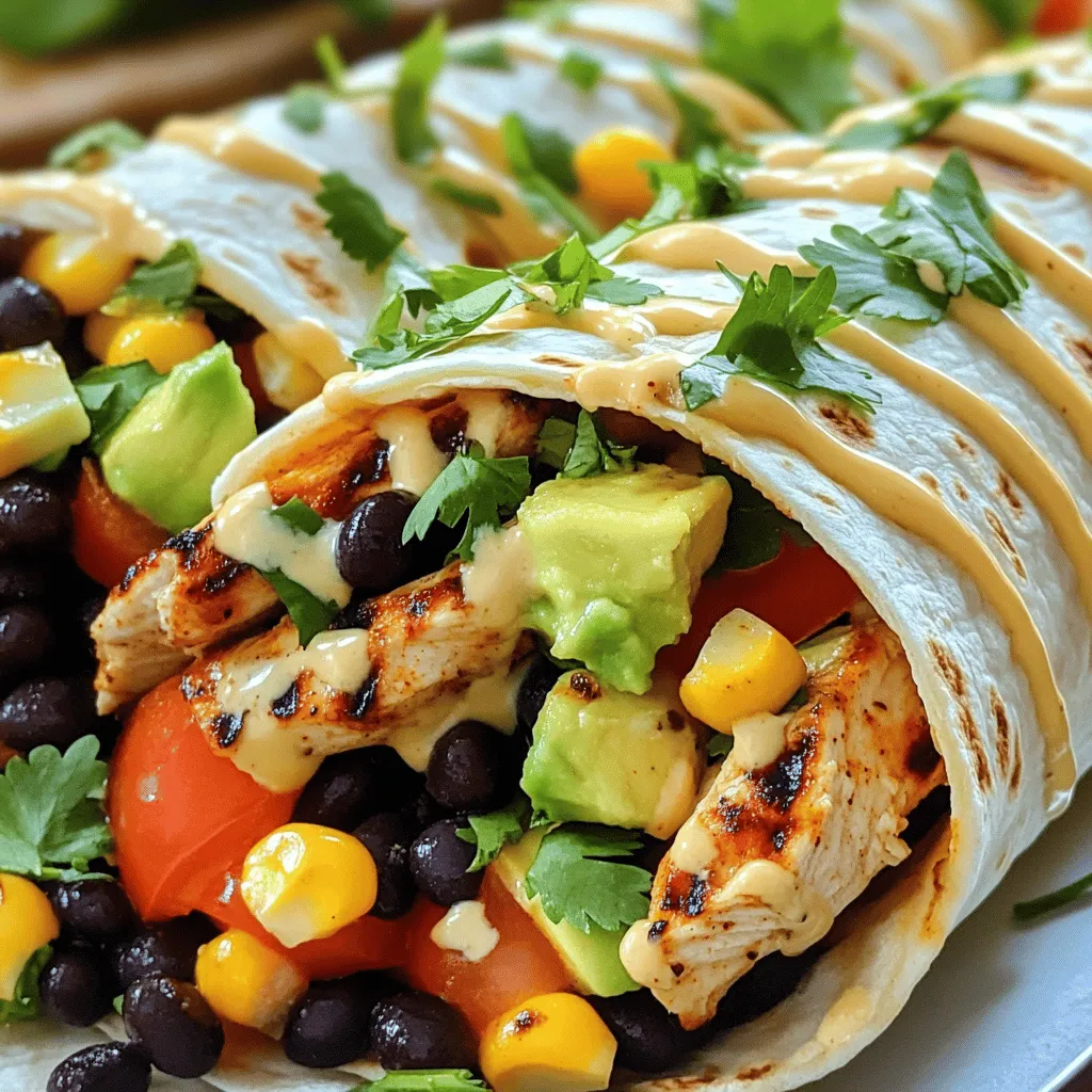 - 2 boneless, skinless chicken breasts - 1 tablespoon olive oil - 1 tablespoon chipotle seasoning - Salt and black pepper, to taste - 1 cup cooked brown rice - 1 cup black beans, rinsed and drained - 1 cup corn kernels (fresh or frozen) - 1 medium tomato, diced - 1/2 red onion, finely chopped - 1 ripe avocado, sliced - 1 cup shredded cheese (cheddar or Mexican blend) - 1/2 cup chipotle ranch dressing - 4 large flour tortillas - Fresh cilantro, for garnish In this recipe, we focus on simple yet flavorful ingredients. The chicken is the star, seasoned with chipotle spice. This adds a smoky taste that makes your taste buds dance. Olive oil helps the seasoning stick and keeps the chicken juicy. For the burrito filling, we use wholesome brown rice and black beans. Together, they provide a great texture and protein. Corn adds a sweet crunch, while fresh tomatoes and onions bring brightness. Sliced avocado adds creaminess, and cheese ties all the flavors together. Don't forget the chipotle ranch dressing! It gives a creamy, zesty kick to the burrito. Finally, flour tortillas wrap it all up. They hold the tasty filling well. Fresh cilantro on top makes every bite pop. For the full recipe, be sure to check the instructions after gathering these ingredients. Enjoy every step of making this delightful burrito! - Whisk together olive oil, chipotle seasoning, salt, and pepper. - Coat chicken breasts with the marinade and refrigerate. Marinating the chicken is key. It lets the flavors soak in. I usually let it rest for 30 minutes, but you can go longer. Two hours gives a stronger taste. - Preheat your grill or grill pan. - Grill chicken until cooked through and juices run clear. Heat your grill to medium-high. Remove the chicken from the marinade, shaking off extra. Grill for about 6-7 minutes per side. The chicken should reach 165°F inside. This makes it juicy and safe to eat. - Combine rice, beans, corn, tomato, and onion in a bowl. - Drizzle with chipotle ranch dressing and mix. In a large bowl, mix cooked brown rice, rinsed black beans, corn, diced tomato, and red onion. Pour in half of the chipotle ranch dressing. This adds flavor and ties it all together. - Layer filling ingredients on flour tortilla. - Include grilled chicken, avocado, cheese, and dressing. On a large flour tortilla, place a scoop of the rice mixture. Add slices of grilled chicken, avocado, and shredded cheese. Drizzle more chipotle ranch on top. - Fold and roll burritos securely. - Grill wrapped burritos for added crisp. To wrap, fold in the sides of the tortilla. Then, roll it from the bottom up. Press gently to keep it tight. If you want, grill the wrapped burritos for 2-3 minutes. This gives a nice crunch. - Cut burritos in half and garnish with cilantro. Slice each burrito in half for a nice look. Sprinkle fresh cilantro on top. You can serve it with extra chipotle ranch dressing for dipping. Enjoy your homemade Chipotle Ranch Grilled Chicken Burrito! For the complete recipe, check out the Full Recipe. To get the best flavor, marinate the chicken for at least 30 minutes. For a bolder taste, go for up to 2 hours. The longer you let it sit, the more the flavors soak in. For those beautiful grill marks, preheat your grill or pan well. When you place the chicken on the grill, don’t move it for the first few minutes. This helps create nice sear marks on the meat. To keep the filling from falling out, don’t overstuff the burrito. A good amount is about one cup of filling. This way, it all stays snug inside. When rolling the burrito, start from the bottom. Fold in the sides tightly before rolling it upwards. This helps keep everything in place and makes a neat burrito. Make your burrito shine with fresh garnishes. Chopped cilantro and lime wedges add great color and flavor. You can also sprinkle some extra cheese on top for a delicious touch. Serve the burrito on a bright platter. Pair it with sides like chips and salsa or a fresh salad. This adds to the visual appeal and makes for a complete meal. {{image_4}} You can easily change this recipe to fit a vegetarian diet. Simply substitute chicken with grilled veggies like zucchini, bell peppers, or mushrooms. These veggies add great flavor and texture. You can also add extra beans or tofu for protein. Black beans or pinto beans work well and keep the burrito filling. Tofu is a great source of protein and can absorb flavors well when marinated. If you want to switch things up, try different sauces. Swap the chipotle ranch for spicy mayo or your favorite salsa. Both options can add a fun kick to your burrito. You can also make homemade sauce variations. For a simple spicy mayo, mix mayonnaise with hot sauce. To make a fresh salsa, combine tomatoes, onion, cilantro, lime juice, and salt. These sauces can change the whole taste of the burrito. You can take this burrito apart and turn it into a burrito bowl. Start with a base of brown rice. Then layer in black beans, corn, diced tomatoes, and grilled chicken. Add avocado slices and cheese on top. For a salad style, skip the rice and use lettuce instead. Drizzle your chipotle ranch on top for flavor, or use a different sauce if you prefer. This way, you can enjoy all the flavors without the tortilla. To keep your burritos fresh, wrap them tightly in plastic wrap. You can also use aluminum foil for extra protection. Store them in a container with a lid to prevent moisture loss. This method keeps the flavors intact and the burrito from drying out. To freeze burritos, wrap each one in plastic wrap, then place them in a freezer bag. Remove excess air from the bag to prevent freezer burn. When you’re ready to eat, take a burrito out and thaw it in the fridge overnight. Reheat it in the microwave or oven until hot. This keeps the taste and texture just right. In the fridge, your burritos last about 3-4 days. In the freezer, they can stay good for up to 3 months. Always check for signs of spoilage, like an off smell or unusual texture. If something seems off, it’s better to toss it. You can use many proteins instead of chicken. Try beef, turkey, or pork for a different taste. If you want a vegetarian option, consider grilled veggies or tofu. These choices add flavor and texture to your burrito. Yes, you can prepare burritos in advance. Make them up to a day ahead. Wrap each burrito in foil or plastic wrap. Store them in the fridge until you are ready to eat. This makes meal prep easy and fast. Reheating is simple. You can use the microwave or oven. For the microwave, place the burrito on a plate and cover it with a damp paper towel. Heat for about one to two minutes. For the oven, wrap it in foil and heat it at 350°F for about 15-20 minutes. This keeps it warm and tasty. Cheddar cheese works great for burritos. It melts nicely and adds a rich flavor. You can also use a Mexican cheese blend for added taste. Both options give your burrito a creamy, delicious finish. Yes, you can make a gluten-free burrito. Use gluten-free tortillas instead of flour tortillas. Check the chipotle ranch dressing to ensure it is gluten-free as well. This way, everyone can enjoy the burrito delight! To wrap it all up, we explored the key ingredients for delicious burritos, including chicken, rice, and beans. Then, we walked through easy steps for grilling and assembling your meal. Don't forget the tips for perfect flavor and presentation. You can also mix things up with vegetarian options or burrito bowls. With the right storage, your leftovers can last. Enjoy making these tasty burritos and share them with friends. Your cooking skills will shine, and everyone will love the results!