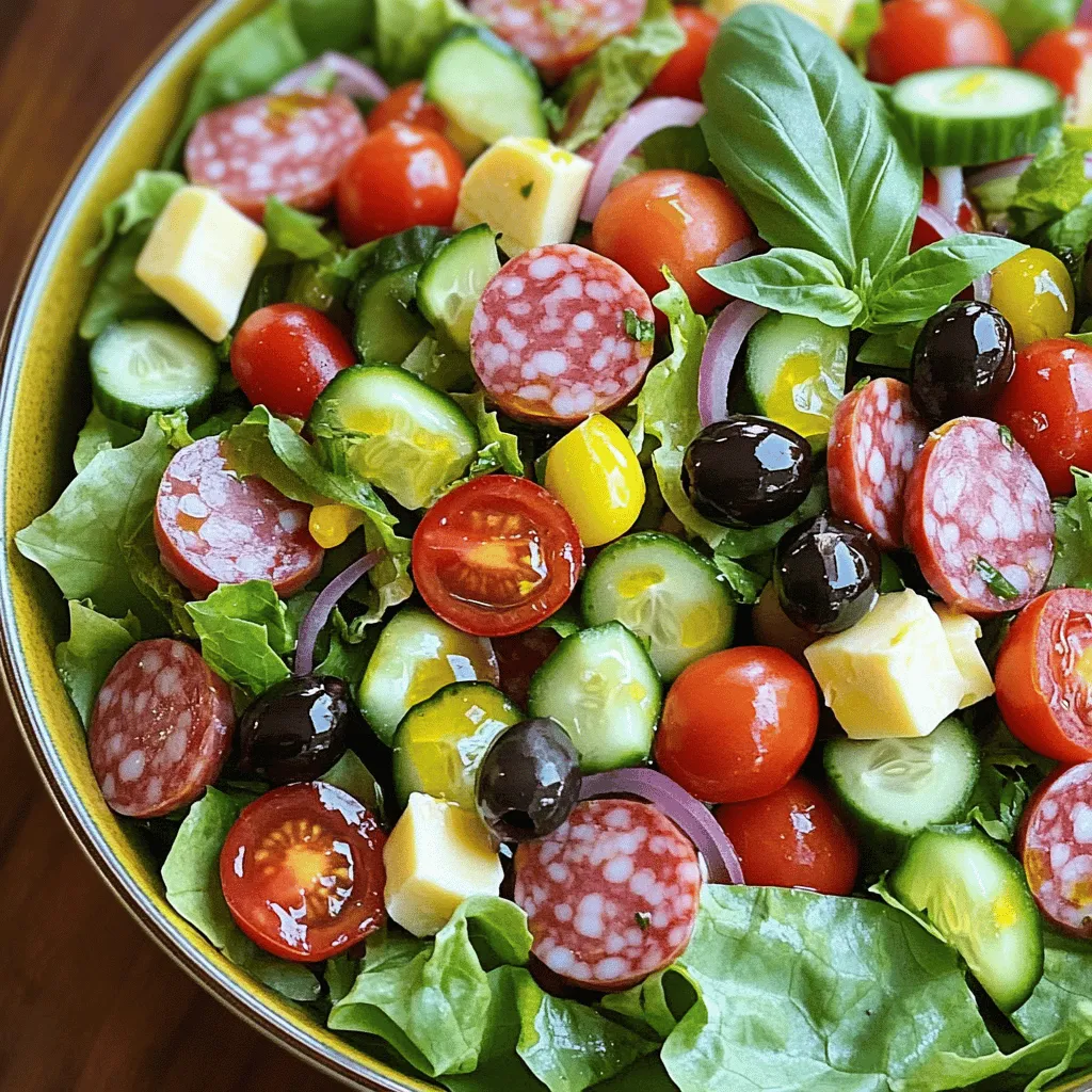To start, gather fresh veggies for the base of your salad. You’ll need: - 2 cups of crisp romaine lettuce, chopped - 1 cup of sweet cherry tomatoes, halved - 1 cup of refreshing cucumbers, diced - 1/2 cup of vibrant red onion, thinly sliced - 1/2 cup of tangy pepperoncini peppers, sliced - 1/2 cup of briny black olives, pitted and sliced These fresh vegetables add color, crunch, and flavor. They also keep the salad light and bright, perfect for a low carb meal. Next up, let’s add proteins and cheeses. You’ll need: - 1 cup of savory salami, chopped - 1 cup of creamy provolone cheese, cubed Salami brings a rich flavor, while provolone adds a nice creaminess. Together, they create a satisfying bite that pairs well with the veggies. Finally, we need a tasty dressing. Gather these ingredients: - 1/4 cup of high-quality olive oil - 2 tablespoons of red wine vinegar (or apple cider vinegar) - 1 teaspoon of fragrant Italian seasoning - Salt and pepper to taste - Fresh basil leaves for garnish The olive oil and vinegar give a nice tang. Italian seasoning enhances the flavor profile. Fresh basil on top adds a pop of color and aroma. For the full recipe, check the instructions above. To start, grab a big salad bowl. Add 2 cups of chopped romaine lettuce. Then, toss in 1 cup of halved cherry tomatoes. Next, add 1 cup of diced cucumbers. Slice up 1/2 cup of red onion and add that too. Don’t forget the 1/2 cup of sliced pepperoncini peppers and 1/2 cup of sliced black olives. Use a gentle tossing motion to mix all these colorful veggies well. Now, it’s time for the proteins. Take 1 cup of chopped salami and sprinkle it over the salad. Then, add 1 cup of cubed provolone cheese. Gently fold these ingredients into the salad. Make sure everything is well mixed but try not to mash anything down. For the dressing, grab a small mixing bowl. Whisk together 1/4 cup of olive oil and 2 tablespoons of red wine vinegar. If you prefer, you can use apple cider vinegar instead. Add 1 teaspoon of Italian seasoning, plus a pinch of salt and pepper. Whisk until it looks smooth and well combined. Now, drizzle the dressing over the salad. Use a gentle tossing motion to coat all the ingredients. Take a moment to taste it. You might want to add more salt, pepper, or vinegar to make it just right. Finally, add some fresh basil leaves on top for a lovely finish. This whole process is quick and simple. In just 15 minutes, you can enjoy a tasty Low Carb Italian Grinder Salad. For the full recipe, refer to the details above. You can change this salad to match your taste. Like it spicy? Add jalapeños or red pepper flakes. Want a sweeter touch? Toss in some diced bell peppers or avocado. For a zesty kick, squeeze some lemon juice over the top. You can also swap the salami for turkey or chicken. This way, you can customize each bite to your liking. The key to a great salad is texture. Crunchy veggies make it fun to eat. Use fresh lettuce, cucumbers, and olives for that nice bite. Make sure your cheese is creamy, but not too soft. If you want a crunch, add nuts like walnuts or almonds. Just remember to chop them small, so they blend well with the other ingredients. A beautiful salad makes everyone excited to eat. Serve it in a large, shallow bowl or on colorful plates. You can drizzle a little extra olive oil on top for a shiny look. Arrange fresh basil leaves around the salad for a pop of color. This way, your salad will look as good as it tastes! For the full recipe, check out the detailed instructions above. {{image_4}} You can easily boost the salad’s crunch and flavor by adding more fresh veggies. Try adding bell peppers for a sweet taste. Radishes give a nice bite and color. You can also toss in shredded carrots for a hint of sweetness. Each veggie adds a unique twist to the classic salad. If you want to change the protein, there are many great options. You can swap salami for grilled chicken or turkey. This keeps it low carb while adding a lean source of protein. For a vegetarian option, try chickpeas or diced tofu. Both options pack in protein and keep the salad hearty. The dressing can change the whole feel of your salad. If you want a creamier texture, try a yogurt-based dressing. A lemon vinaigrette adds a bright zing. You can also mix balsamic vinegar with olive oil for a different flavor. Each dressing will bring out new tastes in your salad. Explore these variations to make your Low Carb Italian Grinder Salad even more exciting. For the full recipe, check out the detailed steps above. To keep your Low Carb Italian Grinder Salad fresh, store it in an airtight container. This will prevent air from spoiling your leftovers. If you have a lot of dressing, keep it separate. Just add dressing right before you eat. This keeps the salad crisp and tasty. When stored properly, your salad will last about 3 days in the fridge. After that, the veggies may lose their crunch. If you notice any sogginess or strange smells, it’s best to toss it out. Always trust your senses when it comes to food safety. This salad is best served cold, so reheating is not necessary. If you prefer your salad warm, consider warming the salami and cheese separately. You can then mix them into the salad for a unique twist. Just remember, warm salad may change the texture and taste. Enjoy the fresh crunch instead! This salad is low carb due to its choice of ingredients. It uses fresh veggies instead of grains or legumes. The main ingredients, like romaine lettuce and cucumbers, are low in carbs. Salami and cheese add flavor without many carbs. This makes it a great option for low-carb diets. Yes, you can prepare this salad ahead of time. Just keep the dressing separate until you are ready to serve. This helps the veggies stay crisp. You can mix everything else and store it in the fridge. Just remember to toss in the dressing before serving. To make this salad vegan or vegetarian, swap out the salami and cheese. Use plant-based meats or chickpeas for protein. You can also add more veggies or nuts for crunch. Choose a vegan dressing made from olive oil and vinegar. This keeps the flavors bright and fresh. This salad pairs well with grilled chicken or shrimp. You can also serve it with a side of roasted vegetables. For a light meal, try it with a piece of crusty bread. If you want a full dinner, add some pasta on the side. Check out the Full Recipe for more ideas. This blog post covered how to make a delicious Low Carb Italian Grinder Salad. We explored the best fresh vegetables, proteins, and cheeses to use. I shared step-by-step instructions to make your salad perfect. You learned tips for customizing flavors and ensuring great texture. I also provided variations to keep it interesting and information on storing leftovers. A tasty salad can fit your diet and boost health. Enjoy making this dish your own!