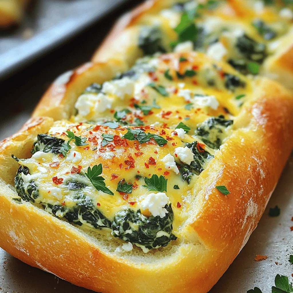 To make Feta Spinach Stuffed French Bread, gather these key ingredients: - 1 large French bread loaf - 1 cup fresh spinach, finely chopped - 1 cup feta cheese, crumbled - 1/2 cup cream cheese, softened - 1/4 cup sour cream - 2 tablespoons extra virgin olive oil - 2 cloves garlic, minced - 1/4 teaspoon red pepper flakes (optional) - Salt and freshly cracked black pepper to taste - Fresh parsley, finely chopped (for garnish) For the best flavor, choose high-quality feta cheese. Look for creamy, rich varieties. Fresh spinach is key, too. It packs in nutrients and flavor. Opt for organic when possible to boost taste and health. Use fresh garlic instead of powder; it adds great aroma. The cream cheese should be softened well. This helps mix the filling smoothly. Feel free to get creative with seasonings! A pinch of nutmeg can enhance the spinach flavor. You might consider adding sun-dried tomatoes for a sweet twist. If you love more spice, increase the red pepper flakes. Fresh herbs like dill or basil can give a fresh kick too. Just remember, balance is key to keep flavors bright and enjoyable. Start by preheating your oven to 375°F (190°C). This step is key to getting crispy bread. While the oven heats, line a baking sheet with parchment paper. This helps prevent the bread from sticking and makes cleanup easier. In a medium skillet, pour in two tablespoons of extra virgin olive oil. Heat it over medium heat. After a minute, add the minced garlic. Sauté it until it smells great, but do not let it brown. Next, toss in one cup of finely chopped fresh spinach. Stir it for about 2-3 minutes until it wilts. Remove the skillet from the heat and set it aside to cool a bit. In a large bowl, mix the wilted spinach with one cup of crumbled feta cheese, half a cup of softened cream cheese, and a quarter cup of sour cream. If you like a little heat, add a pinch of red pepper flakes. Stir everything well until it forms a smooth blend. Taste it and add salt and freshly cracked black pepper to your liking. Take your large French bread loaf and slice it in half lengthwise. This will create a top and bottom half. To fit the filling, gently hollow out some soft bread from the middle of each half. Be careful not to cut through the crust. Spread the creamy spinach and feta filling evenly over the bottom half of the loaf. Place the top half back on and press it down gently. Wrap the entire loaf in aluminum foil, sealing it well. Place it on the prepared baking sheet and put it in the preheated oven. Bake for 15 minutes, then carefully unwrap the foil. Bake for another 10 minutes to get a nice, crispy crust. Once done, take it out and let it cool for a few minutes. Finally, slice it into pieces and serve. Enjoy your Feta Spinach Stuffed French Bread! Pick a large French bread loaf. Look for one with a soft inside and a crusty outside. This gives a good balance of texture. A fresh loaf will hold the filling well and taste great. Check your local bakery or grocery store for the best options. Mix the filling until it is smooth, but not too runny. The cream cheese helps bind the spinach and feta. If it feels too thick, add a bit of sour cream. If it’s too thin, you can add more feta. The right texture keeps the filling inside the bread and makes every bite tasty. This stuffed bread is great for parties or family meals. Serve it warm, sliced into pieces. Pair it with a salad or a light soup for a complete meal. You can also serve it as an appetizer. Add dips like hummus or tzatziki on the side for extra flavor. This dish is sure to impress your guests. For the full recipe, check out the instructions above! {{image_4}} If you want to change up the taste, try different cheeses. Goat cheese adds a tangy bite. Cream cheese gives a creamy touch. Mozzarella melts nicely for a gooey filling. You can also use ricotta for a lighter texture. Mix and match to find your favorite flavor! Want to make this dish heartier? Add protein! Cooked chicken works well. Simply shred it and mix it into the filling. If you prefer plant-based, use tofu. Press it to remove excess moisture. Crumble it into the filling for a healthy boost. Either way, you create a filling meal! Need a gluten-free option? Look for gluten-free French bread. Many stores offer it now. Make sure to check the texture and taste. You want a nice crust and soft inside. This way, everyone can enjoy this tasty treat without worry. After enjoying your Feta Spinach Stuffed French Bread, store any leftovers in an airtight container. This keeps the bread fresh and prevents it from drying out. If you leave it at room temperature, it may get stale quickly. For best results, place it in the fridge if you plan to eat it within a few days. To reheat your stuffed bread, preheat your oven to 350°F (175°C). Wrap the bread in foil to keep the filling moist. Heat for about 10-15 minutes, or until warm. This method helps maintain the crispy crust and creamy filling. Avoid using a microwave, as it can make the bread chewy. If you want to save some for later, freezing is a great option. Wrap the stuffed loaf tightly in plastic wrap, then aluminum foil to prevent freezer burn. It can stay frozen for up to three months. When ready to eat, thaw it in the fridge overnight. Reheat in the oven for that fresh-baked taste. Try this method to enjoy your Feta Spinach Stuffed French Bread anytime! For the full recipe, check out the above section. You can prepare this dish a day before serving. First, follow the recipe to make the filling. Then, stuff the French bread and wrap it tightly in foil. Store it in the fridge overnight. When ready to bake, just take it out and preheat the oven. Bake as directed. This makes it easy for parties or busy nights. Yes, frozen spinach works well! Just thaw it and squeeze out the water. This keeps the filling from getting too wet. Use the same amount as fresh spinach. It saves time and still tastes great. This stuffed bread pairs well with salads or soups. A light green salad with a lemon dress adds freshness. You can also serve it with a warm bowl of tomato soup. Both options balance the rich flavors of the bread. Yes, this dish is vegetarian. It contains no meat, making it a great choice for veggie lovers. You can enjoy it as a main dish or a side. Absolutely! While French bread is classic, you can try other breads too. Ciabatta or sourdough adds a nice twist. Just ensure the bread can hold the filling well. This way, you still enjoy every bite. This blog post explored how to make Feta Spinach Stuffed French Bread. We covered key ingredients, step-by-step baking, and tips for perfecting your dish. We also shared fun variations, storage tips, and common FAQs. Cooking is about trying new things. Use these ideas to create tasty meals. Enjoy the process and share your delicious results with others. Happy baking!