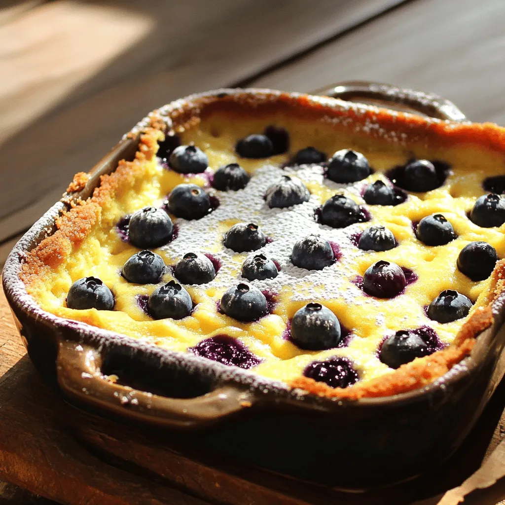 To make the perfect Blueberry Gooey Butter Cake, gather these simple ingredients: - 1 box of yellow cake mix - 1/2 cup unsalted butter, melted - 1 large egg - 8 oz cream cheese, softened to room temperature - 2 large eggs, at room temperature - 4 cups powdered sugar - 1 teaspoon vanilla extract - 2 cups fresh blueberries (or frozen blueberries, thawed and drained) - A pinch of salt Each ingredient has a role. The yellow cake mix provides a sweet base. The melted butter adds richness, while the eggs help bind everything. Cream cheese makes the filling creamy and smooth. Blueberries add a burst of flavor. You can use fresh or frozen, but make sure to drain frozen ones. Powdered sugar gives sweetness and helps with that gooey texture. Vanilla extract brings warmth, and the salt balances the sweetness. This combination creates a treat that is not only tasty but also comforting. Ready to bake? Check the full recipe for step-by-step instructions! Start by preheating your oven to 350°F (175°C). Grease a 9x13 inch baking pan well with butter or non-stick spray. This step helps the cake come out easily later. In a medium bowl, mix the yellow cake mix, melted butter, and 1 large egg. Stir with a spatula until smooth and fully blended. Then, press this mixture into the bottom of the greased pan. Use your fingers or the back of a measuring cup to create an even layer. In a large bowl, beat the softened cream cheese until it is creamy and smooth. Add the other 2 large eggs one at a time, mixing well after each addition. Gradually add the powdered sugar, vanilla extract, and a pinch of salt. Mix until everything is velvety and well combined. Gently fold in the fresh blueberries using a spatula. Be careful not to squish them. You want to spread them evenly throughout the cream cheese mixture. Pour the cream cheese and blueberry mix over the crust in the baking pan. Use a spatula to spread it out evenly. Make sure it covers the crust completely. Place the pan in the preheated oven and bake for 40-45 minutes. Watch it closely; the edges should turn a golden brown while the center stays soft and gooey. Insert a toothpick in the center; it may come out slightly wet but should not be too runny. After baking, remove the pan from the oven. Let the cake cool in the pan for at least 30 minutes. Once cooled, cut it into squares. For a lovely finish, dust the top with powdered sugar before serving. This adds sweetness and a nice look. Serve these squares on a decorative platter. You can add fresh blueberries and a mint sprig for color. Enjoy them with a scoop of vanilla ice cream for a special treat! For the full recipe, check the earlier section. To achieve the right gooey consistency in your Blueberry Gooey Butter Cake, focus on the baking time. Bake the cake until the edges turn golden brown, while the center remains soft. It’s okay if a toothpick comes out slightly wet; this means you nailed the gooeyness. If the cake cooks too long, it will become dry and lose its signature texture. You can boost the flavor of your cake with some simple additions. Consider adding a teaspoon of lemon zest for a bright twist. Almond extract can add a nice depth, too. For toppings, try fresh whipped cream or a scoop of vanilla ice cream. You can also sprinkle some powdered sugar on top for a beautiful finish. Maintaining moisture is key to a great Blueberry Gooey Butter Cake. Ensure you don’t over-bake it; check it a few minutes early. Lowering the oven temperature by 25°F can help if you have a hot oven. Always use room temperature ingredients, as they blend better and create a smoother batter. If you follow these tips, your cake will be moist and delicious every time. For the complete recipe, check out [Full Recipe]. {{image_4}} You can switch out blueberries for other fruits. Raspberries or blackberries work great! They add a fun twist to the cake. If you like strawberries, chop them up, and mix them in. Each fruit brings a unique flavor and color. Just remember to keep the amount the same. This keeps the cake gooey and delicious. If you need a gluten-free version, use gluten-free cake mix. This simple swap makes the dessert safe for all. Check the package for the right amount of liquid. You might need to adjust it. Follow the same steps as the original recipe. The cake will still be soft and gooey, just as it should be! Want to add more flavor? Think about mixing in some nuts or chocolate chips! Chopped pecans or walnuts add crunch. If you prefer chocolate, use semi-sweet or dark chips. This gives the cake a rich touch. Just fold in the add-ins gently to keep the gooey texture. Your friends will love the surprise in every bite! For the complete recipe, check the Full Recipe. To keep your Blueberry Gooey Butter Cake fresh, you need to cool it first. Let it sit at room temperature for about 30 minutes after baking. Once it cools, cover it with plastic wrap or foil. This helps keep it moist and prevents it from drying out. You can also place it in an airtight container. If you want to save some cake for later, freezing is a great option. First, let the cake cool completely. Next, cut it into squares. Wrap each piece tightly in plastic wrap. Then, place the wrapped pieces in a freezer bag. Seal the bag to keep out air. When you’re ready to enjoy it, take out a piece and let it thaw in the fridge overnight. When stored correctly, the cake lasts about 4 to 5 days in the fridge. If you freeze it, it can stay fresh for up to 3 months. Just remember, the sooner you eat it, the better it will taste! Yes, you can use frozen blueberries. Just thaw them first. Make sure to drain any excess water. This helps keep the cake from getting too wet. Frozen blueberries may not be as firm as fresh ones, but they still taste great. If you don’t have cream cheese, you can use mascarpone. It gives a similar creamy texture. Greek yogurt is another good choice. Just know that it may change the flavor a bit. Look for a golden edge on the cake. The center should be soft but not runny. You can gently shake the pan; if it jiggles slightly, it’s done. The cake will firm up as it cools. Yes, you can double the recipe for larger servings. Use a larger pan, like a 15x10 inch. Keep an eye on the baking time. It may take longer to bake through. Serve it warm with vanilla ice cream. Fresh whipped cream also works well. Add a sprinkle of cinnamon for extra flavor. You can also top it with more blueberries for a fresh touch. This cake started in the St. Louis area. It is a twist on the classic gooey butter cake. People love it for its rich flavor and easy prep. It has become a favorite dessert across the U.S. For the full recipe, check out the earlier section! You now have a quick and easy recipe for Blueberry Gooey Butter Cake. We covered the necessary ingredients, detailed steps, and helpful tips to perfect your bake. You can easily customize it with different fruits or make it gluten-free. Store leftovers properly to enjoy it longer. This cake is rich, gooey, and perfect for any occasion. Try it out, share it with friends, and enjoy every bite!