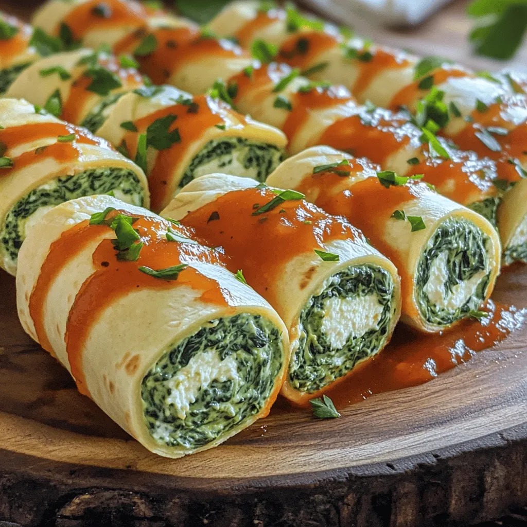 - 8 large flour tortillas - 2 cups fresh spinach, finely chopped - 1 cup ricotta cheese - 1 cup cream cheese, softened The main ingredients for your Creamy Spinach Roll Ups create a rich flavor. The combination of ricotta and cream cheese provides a creamy, smooth base. Fresh spinach adds a nice crunch and vibrant color. Flour tortillas serve as the perfect wrap, holding all that delicious filling inside. - 1/2 cup grated Parmesan cheese - 1/2 teaspoon garlic powder - 1/4 teaspoon freshly grated nutmeg - Salt and pepper, to taste Flavor enhancers take these roll-ups to the next level. Grated Parmesan adds a salty, nutty taste. Garlic powder gives a warm, savory kick. A hint of nutmeg offers a subtle sweetness. Salt and pepper balance all the flavors, making each bite delightful. - 1 cup marinara sauce (for dipping) - Fresh parsley, chopped (for garnish) Serving accompaniments make your dish even better. Marinara sauce is perfect for dipping. It adds a tangy contrast to the creamy filling. Chopped parsley brightens the dish and adds a touch of freshness. Together, they create a beautiful presentation and enhance the taste of your roll-ups. For the full recipe, check out the details above. 1. First, grab a large bowl. Combine the ricotta cheese, cream cheese, and Parmesan. 2. Mix well until the cheese is smooth. You want it evenly blended. 3. Now, fold in the chopped spinach. Add garlic powder, nutmeg, salt, and pepper. 4. Stir gently so the spinach spreads throughout the cheese mixture. 1. Take a tortilla and lay it flat on your counter. 2. Spread a generous layer of the creamy spinach filling over the tortilla. 3. Be sure to leave a small border around the edges. 4. Starting at one end, roll the tortilla tightly. Keep the filling inside. 5. Repeat this with all the tortillas and filling mixture. 1. Use a sharp knife to slice each roll into bite-sized pieces. Aim for about 1.5 inches thick. 2. Arrange the roll-ups on a platter. 3. Drizzle marinara sauce over the top. 4. For a nice finish, sprinkle with fresh parsley. For the full recipe, you can refer back to the main article. Enjoy your tasty snack! To make the best creamy spinach roll ups, follow these tips: - Refrigerate before slicing for easier handling. This helps the roll ups stay firm. The coolness makes slicing simple and neat. - Use fresh ingredients for the best flavor. Fresh spinach and high-quality cheeses boost taste. Freshness makes a big difference in your dish. When you are ready to serve, consider these ideas: - Serve on a large platter with marinara sauce in the center. This adds a nice touch. Guests can dip the roll-ups easily. - Garnish with additional herbs for a pop of color. Fresh herbs like parsley make your dish look vibrant. They also add a fresh taste. Using the right tools helps your prep go smoothly: - Sharp knife for slicing. A sharp knife gives clean cuts for a nice presentation. - Large mixing bowl for combining ingredients. This keeps everything in one place and makes mixing easy. - Spatula for spreading the filling. A spatula helps you spread the creamy mixture evenly on the tortillas. For the complete process, check the Full Recipe. Enjoy creating these tasty snacks! {{image_4}} You can make Creamy Spinach Roll Ups fit different diets. For gluten-free options, use corn or rice tortillas. These alternatives work well and taste great. For those who avoid dairy, try using vegan cream cheese and nutritional yeast. Both give a nice flavor and creamy texture. To mix things up, add new herbs or spices to your filling. Basil and dill add fresh notes. A pinch of red pepper flakes gives a little heat. You can also fold in cooked chicken or bacon for extra protein. This makes the roll-ups more filling and hearty. You can serve these roll-ups in different ways. They taste great cold as a light appetizer. If you prefer warm snacks, heat them in the oven for a few minutes. Pair them with different sauces for fun flavor twists. Try ranch dressing, tzatziki, or a spicy aioli. Each dip brings its own taste and fun to the meal. To keep your creamy spinach roll-ups fresh, store them in the fridge. Place them in an airtight container. This helps prevent them from drying out or absorbing other smells. Enjoy them within 3 to 4 days for the best taste. If you want to save some for later, freezing works great. Wrap each roll-up in plastic wrap. Then, place them in a freezer bag. This keeps air out and prevents freezer burn. When you're ready to eat them, thaw in the fridge overnight before reheating. To reheat your roll-ups, use the oven for even warmth. Preheat your oven to 350°F (175°C). Place the roll-ups on a baking sheet and cover with foil. Heat for about 10-15 minutes. This keeps them soft and tasty. You can also microwave them on a plate for 1-2 minutes. Just be careful not to overheat, or they may become tough. Yes, you can prep these roll-ups ahead of time. To do this, prepare the filling and assemble the roll-ups. Wrap them tightly in plastic wrap or foil. Store in the fridge for up to 24 hours. This keeps the flavors fresh. If you plan to serve later, wait to slice them until right before serving. This way, they hold their shape better. You can pair these roll-ups with many dishes. A fresh salad adds a nice crunch. Try a simple green salad with a light vinaigrette. You can also serve them with extra marinara sauce for dipping. Garlic bread or a cheese platter complements them well. These options bring variety and balance to your meal. Yes, cheese substitutes are easy to find. If you want a dairy-free option, try using cashew cream or a plant-based cream cheese. For a lighter choice, you can use Greek yogurt. If you need a lower-fat option, use low-fat ricotta or cottage cheese. Each choice will change the flavor, so pick what fits your taste. These roll-ups can last about 3 to 4 days in the fridge. Store them in an airtight container to keep them fresh. Always check for any signs of spoilage before eating. If they look or smell off, it's best to discard them. Enjoy them while they are still tasty and fresh! Creamy Spinach Roll Ups are easy and tasty. We covered the main ingredients, step-by-step instructions, and tips for great rolls. You can add variations to suit your taste or dietary needs. Storing and reheating keep them delicious longer. Try these roll ups at your next gathering or snack time. With fresh flavors and creamy texture, they are sure to impress. Enjoy making and sharing this delightful dish!