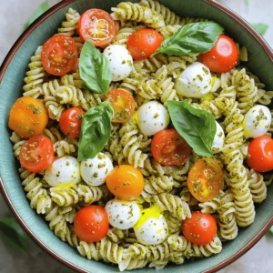 - 8 oz rotini pasta - 1 cup cherry tomatoes, halved - 1 cup fresh mozzarella balls, halved - 1 cup fresh basil leaves - 1/2 cup homemade or store-bought pesto - 1/2 cup Greek yogurt - 2 tablespoons extra virgin olive oil - Salt and freshly cracked black pepper, to taste - Optional: Shavings of Parmesan cheese for garnish The ingredients for Light and Creamy Pesto Caprese Pasta Salad are simple yet flavorful. The rotini pasta serves as the perfect base. It holds the creamy dressing well. Fresh cherry tomatoes add a juicy pop, while mozzarella balls bring a delightful creaminess. The basil leaves give a fresh herb taste that brightens the salad. You can customize your pasta salad with different ingredients. Add grilled chicken or shrimp for extra protein. For a vegan version, swap mozzarella for avocado or chickpeas. If you prefer a gluten-free option, use gluten-free pasta. This pasta salad is a fantastic choice. Each serving has around 300 calories. It provides about 12 grams of protein, 15 grams of fat, and 35 grams of carbohydrates. The Greek yogurt adds creaminess while keeping the dish lighter. For the full recipe, check out Light and Creamy Pesto Caprese Pasta Salad. To cook rotini pasta perfectly, start with a big pot. Fill it with water and add a good amount of salt. Bring the water to a rolling boil. Add the rotini and stir gently. Cook for about 8 to 10 minutes until the pasta is al dente. This means it should be firm but not hard. Once done, drain the pasta in a colander. Rinsing pasta is key to stop the cooking. Run cold water over it in the colander for a minute. This cools down the pasta and keeps it from getting mushy. In a large mixing bowl, combine the cooled rotini, halved cherry tomatoes, fresh mozzarella balls, and fresh basil leaves. It’s best to use a big bowl so you can mix well. Toss these ingredients gently. This helps to spread the flavors evenly through the salad. For the creamy pesto dressing, grab a small bowl. Add the pesto and Greek yogurt. Use a whisk or fork to blend them together until smooth. If you want a silkier texture, add the extra virgin olive oil and whisk again. This makes the dressing rich and creamy. Once the dressing is smooth, pour it over the pasta mixture. Use a spatula or large spoon to fold the dressing into the salad. Be careful not to break the mozzarella balls or tomatoes. This ensures every bite is full of flavor. Next, taste the pasta salad. Add salt and freshly cracked black pepper to your liking. For extra flavor, sprinkle some Parmesan cheese on top. Cover the bowl with plastic wrap or a lid. Let the salad chill in the fridge for at least 30 minutes. This time lets the flavors meld together. It also makes the salad nice and cool for serving. After chilling, serve the salad in a large bowl. For a beautiful touch, add extra basil leaves and a drizzle of olive oil. You can find the full recipe in the main article for more detailed steps. Homemade pesto beats store-bought in flavor. Fresh basil, garlic, and nuts shine. Use pine nuts or walnuts for a rich taste. Blend your ingredients until smooth. If you need a quick option, store-bought works fine. Just look for one with high-quality oils and no additives. To enhance flavors, consider adding nuts and cheese. A squeeze of lemon adds brightness. You can also mix in spinach for a twist. This boosts nutrition and keeps the color vibrant. Pair your pasta salad with grilled chicken or shrimp. These proteins complement the creamy pesto well. You can also serve it alongside a light soup for a full meal. This dish is perfect for picnics, barbecues, or potlucks. It’s colorful and easy to share, making it a crowd-pleaser. To store leftovers, place the pasta salad in an airtight container. This keeps it fresh for up to three days. If you want to keep the ingredients crisp, store the dressing separately. When ready to eat, mix the dressing in just before serving. This keeps the salad from becoming soggy. {{image_4}} You can easily change this recipe to fit different diets. For a vegetarian option, skip the cheese or use a plant-based alternative. If you want to make it vegan, use a dairy-free yogurt and replace mozzarella with tofu or cashew cheese. For gluten-free pasta, use rice or quinoa pasta. These options taste great and keep the dish light and fresh. Just cook them as you would regular pasta, and you’ll have a delicious meal. Want to add more protein? Grilled chicken or shrimp works well. Just cook them separately, slice them up, and toss them in with the pasta salad. This creates a heartier dish that is still light. You can also play with herbs and spices. Try adding some chopped parsley or a pinch of red pepper flakes for heat. Fresh herbs like dill or oregano can give the salad a new twist. Adjust ingredients based on what is fresh and in season. In spring, add peas or asparagus for a bright touch. In summer, consider ripe peaches or zucchini. These additions can elevate the flavors and add color. Don’t forget to mix in seasonal veggies. Roasted bell peppers or sweet corn are great in the summer. In fall, add roasted butternut squash for warmth. Each season brings new tastes to explore, making this salad fun all year long. For the complete recipe, check out Light and Creamy Pesto Caprese Pasta Salad. To make this pasta salad gluten-free, you can use gluten-free rotini pasta. Many brands offer great options made from rice, corn, or lentils. These types cook well and hold the pesto nicely. Look for brands that specify gluten-free on the package. Yes, you can make this salad ahead of time. To keep it fresh, mix all the ingredients except the dressing. Store the pasta and veggies in the fridge for up to a day. Add the dressing just before serving. This helps maintain the salad's texture and taste. If you want a dairy-free option, use unsweetened coconut yogurt or silken tofu. Both give creaminess without the dairy. You can also try cashew cream for a richer taste. Each option keeps the salad light and tasty. You can store leftovers in an airtight container in the fridge for about three days. After that, the pasta may become soggy. When you eat it again, give it a good stir and add a splash of olive oil for freshness. For meal prep, portion the salad into individual containers. This makes it easy to grab and go. You can also layer the ingredients to keep them fresh longer. Store the dressing separately to keep everything crisp until you're ready to eat. This blog post guided you through creating a delicious pasta salad. You learned about the main ingredients, how to cook pasta, and tips for mixing, dressing, and chilling. We explored variations for different diets and shared storage tips for leftovers. By following these steps, you can make a tasty salad for any occasion. Enjoy experimenting with flavors and ingredients. Your pasta salad will impress everyone at the table!
