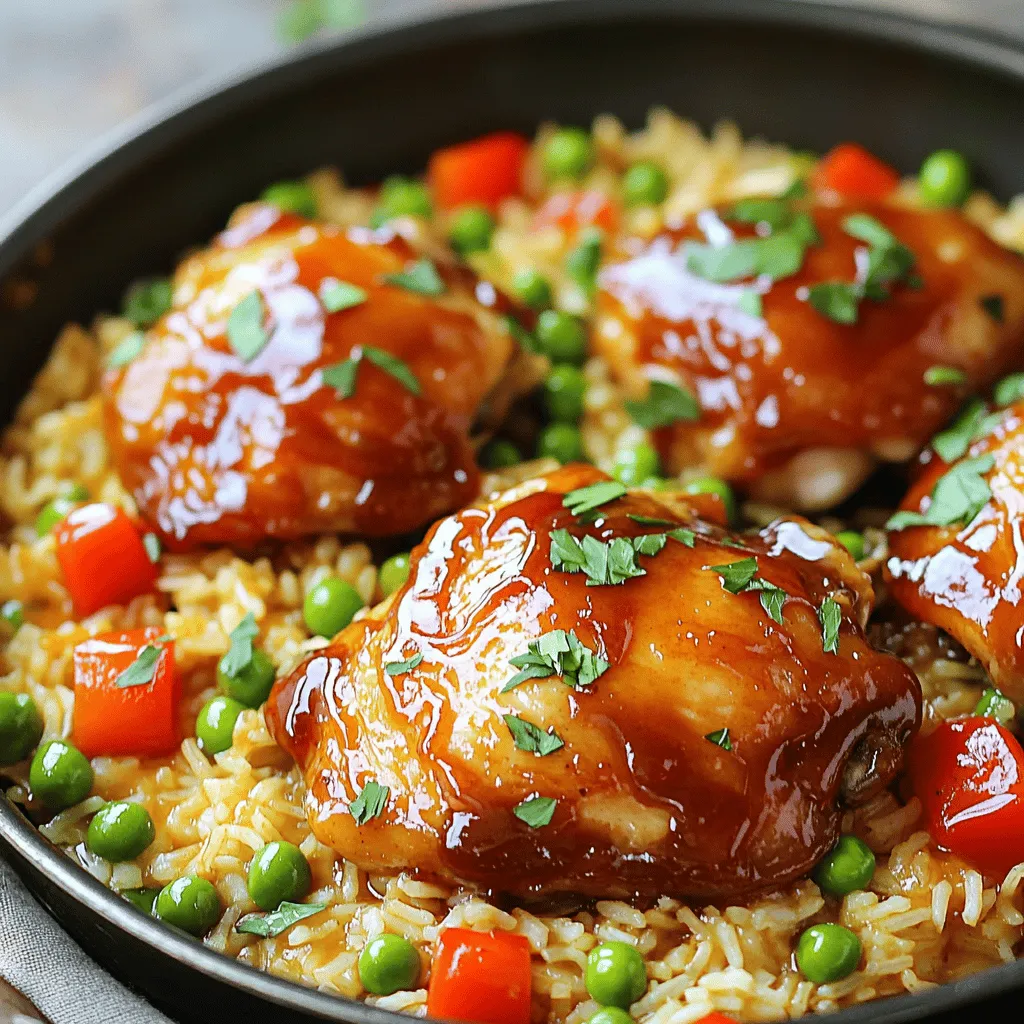 - 4 skinless, boneless chicken thighs - 1 cup long-grain rice - 2 cups chicken broth - 1 cup of your favorite BBQ sauce - 1 tablespoon honey - 1 red bell pepper, diced - 1 small onion, finely chopped - 2 cloves garlic, minced - Salt and pepper, to taste - Freshly chopped parsley, for garnish When you gather your ingredients, aim for freshness. The chicken thighs provide great flavor and moisture. The long-grain rice acts as a perfect base, soaking up the BBQ sauce and broth. For the flavor enhancers, pick a BBQ sauce you love. A good sauce makes all the difference in this dish. The honey adds a sweet touch that really elevates the dish. The diced red bell pepper adds color and crunch, making the meal visually appealing. Don’t forget your aromatics! The onion and garlic give a lovely base flavor. Salt and pepper are vital to bring all the flavors together. Lastly, fresh parsley not only brightens the dish but adds a nice finish. You can find the full recipe linked above. Enjoy making this easy family meal! First, heat olive oil in a large skillet over medium heat. Add finely chopped onion and minced garlic. Sauté for 2-3 minutes. You want the onion to turn soft and smell good. Next, season the chicken thighs with salt and pepper. Make sure both sides are well coated. Now, push the onion and garlic to the side of the pan. Add the chicken thighs. Sear them for about 5-6 minutes on each side. You want them to turn golden brown. While the chicken cooks, mix BBQ sauce and honey in a small bowl. Once the chicken is browned, pour this glaze over the chicken. Make sure each piece is covered well. After that, stir in the long-grain rice. Mix it well with the BBQ sauce and chicken juices. Then, carefully pour in the chicken broth. Stir gently to combine everything. Bring it to a boil, then lower the heat. Cover the pan and let it simmer for about 20 minutes. After 10 minutes, add diced red bell pepper and frozen peas. Cover and cook until the rice is tender and the broth is absorbed. Finally, let the dish sit for 5 minutes off the heat. Fluff the rice with a fork before serving. You can find the Full Recipe for more details on this delicious one-pan meal. To add depth to your One-Pan Honey BBQ Chicken Rice, consider using spices like paprika or cayenne. These spices can bring a nice warmth. You might also try a smoky BBQ sauce for a twist. Look for sauces with chipotle or hickory flavors. They can change the whole dish. For perfect rice, rinse it before cooking. This step removes excess starch and keeps the rice fluffy. Keep an eye on your chicken's sauté time. If you use thinner thighs, reduce the time to about 4-5 minutes per side. You want them golden but not dry. To save time, chop your veggies a day ahead. Store them in the fridge to keep them fresh. You can also marinate your chicken in the BBQ sauce overnight. If you're busy, this dish can be made ahead. Cook it fully, then store in the fridge. Reheat it on the stove or in the microwave. Enjoy this easy family meal without stress! For the complete recipe, check out the Full Recipe. {{image_4}} You can easily make this dish fit your needs. For gluten-free options, use rice alternatives like quinoa or brown rice. Both give you a nice texture and flavor. If you're watching carbs, try cauliflower rice instead. It’s light, tasty, and absorbs the honey BBQ sauce well. Want to spice things up? Add some chopped chilies for a spicy honey BBQ flavor. You could also mix in a sweet and tangy sauce. Try teriyaki or a honey mustard mix. Each twist gives a fresh take on the classic dish. To round out your meal, think about sides. A crisp salad pairs well with this dish. You could also serve it with warm bread to soak up the sauce. For a full meal experience, add a dessert like fruit salad or brownies. These simple touches make your one-pan chicken rice feel special. For the full recipe, check back at the beginning! After you make One-Pan Honey BBQ Chicken Rice, store leftovers in the fridge. Use airtight containers to keep the dish fresh. Make sure to cool it down to room temp first. I recommend glass containers for safe and easy reheating. When you're ready to eat, just reheat in the microwave or on the stove. Stir it well to heat evenly. If you want to save some for later, freezing works great. Let the dish cool completely. Then, portion it into freezer-safe bags or containers. Remove excess air to prevent freezer burn. It can last up to three months in the freezer. To reheat, thaw it in the fridge overnight. Then, heat it slowly on the stove or in the microwave. In the fridge, this dish lasts about three to four days. Always check for signs of spoilage. If it smells off or looks discolored, don't eat it. When stored correctly, you can enjoy your One-Pan Honey BBQ Chicken Rice at its best! Yes, you can use chicken breasts. They cook faster than thighs. Thighs stay moist and juicy. Chicken breasts may dry out if overcooked. Adjust your cooking time to about 4-5 minutes per side. Check for doneness to ensure they are safe to eat. The safe internal temperature for chicken is 165°F (75°C). Use a meat thermometer for accuracy. Insert it into the thickest part of the chicken. If it reads 165°F, your chicken is ready. If not, cook it a bit longer. You can use brown rice, but it needs more time. Brown rice takes about 40-45 minutes to cook. Increase the liquid by half a cup as well. This ensures it absorbs enough moisture. Check it often to avoid overcooking. Reheating in the oven helps maintain texture. Preheat your oven to 350°F (175°C). Place the chicken and rice in a baking dish. Add a splash of broth to keep it moist. Cover with foil and heat for about 20 minutes. Enjoy your meal without losing flavor! This blog post provided a clear guide for making a tasty BBQ chicken dish. You learned about key ingredients, cooking steps, and helpful tips. Remember, using chicken thighs adds moisture. Try different BBQ sauces to find your favorite. You can also adjust for diet needs, like gluten-free or low-carb options. Proper storage keeps your leftovers fresh. If you follow these steps, you’ll have a meal that delights your taste buds. Enjoy your cooking adventure and share your creations with others!