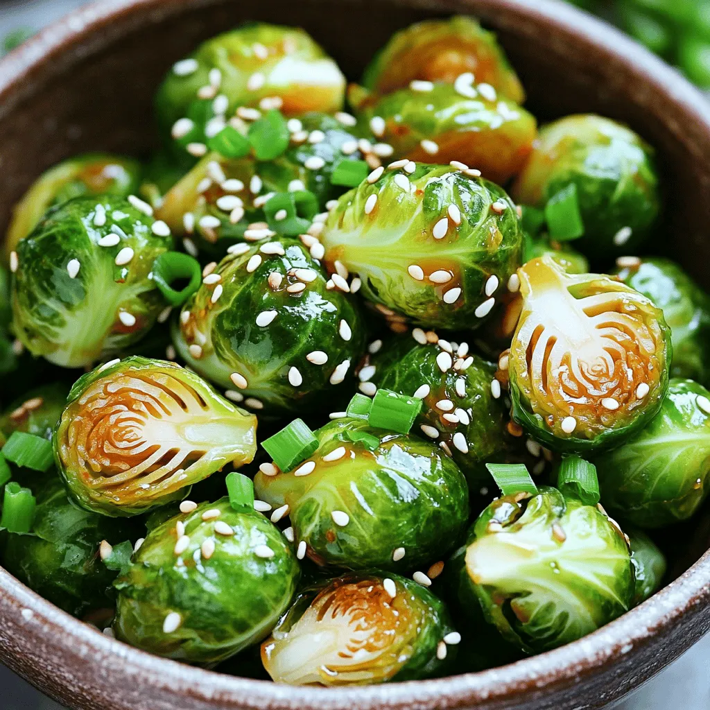 - 1 pound Brussels sprouts, cleaned, trimmed, and halved - 2 tablespoons extra virgin olive oil - 3 tablespoons sweet chili sauce - 1 tablespoon low-sodium soy sauce - 1 teaspoon garlic powder - Salt and freshly ground black pepper, to taste - 1 tablespoon toasted sesame seeds (for garnish) - 2 green onions, thinly sliced (for garnish) To make these savory sweet chili air fryer Brussels sprouts, gather the main ingredients first. Start with fresh Brussels sprouts, which are the star of this dish. Their earthy flavor pairs well with the sweet chili sauce. Next, you will need olive oil to help the sprouts crisp up nicely in the air fryer. For added depth, we mix in soy sauce and garlic powder. These ingredients enhance the flavor, making each bite a delight. Don't forget to season with salt and pepper. This will help balance the sweetness and bring out the sprouts' natural taste. Now, let's talk about garnishing. Toasted sesame seeds add a nutty crunch, while sliced green onions bring a fresh touch to the dish. This combination not only looks good but also adds layers of flavor. You can find the full recipe for these Sweet Chili Air Fryer Brussels Sprouts in the next section. Enjoy the process of making this dish; it’s simple yet rewarding! First, preheat your air fryer to 375°F (190°C). This step helps the sprouts cook evenly. Next, clean and trim your Brussels sprouts. Remove any yellow leaves and cut off the stem ends. Halve each sprout to ensure they cook well and soak up flavors. In a large bowl, combine the oil and sauces. Add 2 tablespoons of extra virgin olive oil, 3 tablespoons of sweet chili sauce, and 1 tablespoon of low-sodium soy sauce. Sprinkle in 1 teaspoon of garlic powder, along with salt and pepper to taste. Mix well, ensuring all ingredients blend together. Now, add the halved Brussels sprouts to the bowl. Toss them until each sprout gets a nice coat of the sauce mixture. Carefully spread the coated Brussels sprouts in a single layer in the air fryer basket. Avoid overcrowding; this helps them get crispy. Cook the sprouts for about 15 to 18 minutes. Remember to shake the basket halfway through. This ensures even cooking and crispiness. Keep an eye on them; they should be golden on the outside and tender inside. Once cooked, transfer the sprouts to a serving dish and enjoy your Sweet Chili Air Fryer Brussels Sprouts! For the full recipe, check out the detailed instructions above. - Spacing in the air fryer: Proper spacing is key. Make sure the Brussels sprouts are not crowded. Air needs room to flow for that crispness. A single layer works best. If you have too many, cook them in batches. - Monitoring cooking time: Keep an eye on the Brussels sprouts. Start checking them after 12 minutes. They should be golden brown and crispy. Adjust time if needed. - Additional seasoning suggestions: Want to kick it up a notch? Try adding a pinch of red pepper flakes for heat. You can also mix in some smoked paprika for a smoky twist. - Using different sauces: While sweet chili sauce shines here, you can swap it out. Try teriyaki or hoisin sauce for a different taste. Each sauce brings its own magic to the dish. For the full recipe, check out the [Full Recipe]. {{image_4}} You can easily boost the flavor and nutrition of your Brussels sprouts by adding protein. - Incorporating bacon or chicken: Cook crispy bacon and chop it into bits. Toss the bacon with the Brussels sprouts before air frying. You can also add diced chicken for a heartier dish. Season the chicken lightly with salt and pepper. Cook it until it's golden brown and safe to eat. - Vegetarian alternatives: If you want a vegetarian option, try adding chickpeas or edamame. These add protein and texture. Just mix them in with the Brussels sprouts before cooking. Don't be afraid to get creative with flavors in this recipe. - Spicy variations: If you like heat, add some red pepper flakes or sriracha to the sweet chili sauce. This adds a kick that balances the sweetness. Adjust the amount to fit your taste. - Use of other sauces: Try using teriyaki or hoisin sauce instead of sweet chili. This change will give your dish a different flair. You can also mix sauces for a unique taste. Just remember to keep the balance of flavors right. For the full recipe, check the Sweet Chili Air Fryer Brussels Sprouts section. To store leftover Sweet Chili Air Fryer Brussels Sprouts, first let them cool. Place them in an airtight container. You can keep them in the fridge for up to three days. If you want to keep them longer, freezing is an option. Just spread them on a baking sheet to freeze individually. Once frozen, transfer them to a freezer-safe bag. They can last up to three months in the freezer. When it’s time to enjoy your leftovers, the best method is to use the air fryer again. Preheat it to 350°F (175°C). Place the Brussels sprouts in the basket and heat for about 5-7 minutes. This method helps them stay crispy. You can also use an oven. Preheat it to 350°F (175°C) and spread the sprouts on a baking sheet. Heat for 10-15 minutes, checking for crispness. Avoid using a microwave as it can make them soggy. To make Sweet Chili Air Fryer Brussels Sprouts, follow these steps: 1. Preheat your air fryer to 375°F (190°C). 2. Clean and trim 1 pound of Brussels sprouts, then cut them in half. 3. In a large bowl, mix 2 tablespoons of olive oil, 3 tablespoons of sweet chili sauce, and 1 tablespoon of low-sodium soy sauce. 4. Sprinkle in 1 teaspoon of garlic powder, along with salt and pepper to taste. 5. Toss the halved Brussels sprouts in the sauce until well-coated. 6. Place the sprouts in the air fryer basket in a single layer. 7. Air fry for 15-18 minutes, shaking the basket halfway through. 8. When done, transfer to a serving dish and garnish with 1 tablespoon of toasted sesame seeds and 2 sliced green onions. This recipe is quick and very tasty! You can find the complete recipe above. Yes, you can use frozen Brussels sprouts! Just follow these steps: 1. Do not thaw the frozen Brussels sprouts. Use them straight from the freezer. 2. Increase the air frying time by a few minutes, about 20-22 minutes total. 3. Shake the basket halfway through, just like with fresh sprouts. 4. Check for crispiness and tenderness. They should turn out great! Frozen sprouts may not crisp up as much. But they still taste delicious! Brussels sprouts pair well with many dishes. Here are some great options: - Serve them alongside grilled chicken or steak. - Pair with mashed potatoes or rice for a filling meal. - Add to a salad for extra crunch and flavor. - They also work well with fish, like salmon or cod. Try these ideas to enjoy Brussels sprouts in different ways! Sweet Chili Air Fryer Brussels Sprouts are simple to make. You need just a few main ingredients, like Brussels sprouts, olive oil, and sweet chili sauce. Follow the steps to wash and prepare them, mix in flavors, and air fry for a tasty dish. Consider adding proteins or different sauces for variety. Store leftovers well, and reheat to keep them crispy. Enjoy experimenting with this fun, flavorful recipe!