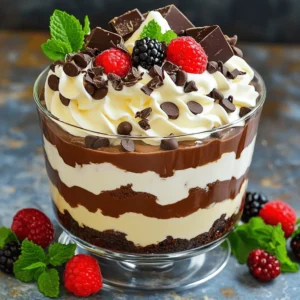 When making a Triple-Chocolate Trifle, you will need some key ingredients. Each one adds to the rich and creamy delight of this dessert. Here’s what you’ll need: - 1 cup dark chocolate pudding - 1 cup milk chocolate pudding - 1 cup white chocolate pudding - 2 cups whipped cream (store-bought for ease or homemade for a special touch) - 1 package chocolate cake mix (prepared as per the package instructions and cooled) - 1 cup chocolate chips (select semi-sweet or dark based on your taste) - 1 cup chocolate shavings (to make it look fancy) - Optional: fresh berries (like raspberries or strawberries) or mint leaves for a pretty garnish These ingredients come together to create layers of flavor and texture. Each chocolate pudding brings a unique taste. The whipped cream adds lightness. The chocolate cake provides a sturdy base. Feel free to mix and match with the optional garnishes for a personal touch. For the full recipe with instructions, check the [Full Recipe]. 1. Baking the cake: Start by baking the chocolate cake mix as the package says. Use your favorite chocolate cake mix for the best taste. Make sure to follow the steps carefully. The cake should bake until it’s springy to the touch. 2. Cooling and cutting the cake: Once the cake is done, take it out and let it cool. This is important! If the cake is hot, the layers will not hold well. When it’s cool, cut it into small cubes. You can also crumble it for a different texture. 1. First layer with chocolate cake cubes: In a big trifle dish or individual cups, start with the cake cubes. Spread them evenly across the bottom. This is the base of your trifle. 2. Adding pudding and whipped cream layers: Next, spoon a layer of dark chocolate pudding over the cake. Make sure it covers the cake fully. After pudding, add a layer of whipped cream. Use a spatula to smooth it out nicely. 3. Final assembly of the trifle: Repeat the layers! Add another layer of cake, then milk chocolate pudding, followed by whipped cream. Finish with one more layer of cake and top it with white chocolate pudding. For the final touch, add a big layer of whipped cream on top. Sprinkle chocolate chips and shavings to make it look fancy. 1. Importance of chilling the trifle: Place your trifle in the fridge. Let it chill for at least 2 hours. Chilling helps the layers bond together and makes the flavors pop. 2. Garnishing before serving: Just before serving, add fresh berries or mint leaves on top. This gives a bright look and a fresh taste to your dessert. Enjoy every bite of your triple-chocolate trifle! For the detailed recipe, check the Full Recipe. To make your triple-chocolate trifle shine, use different types of chocolate. Each chocolate adds its own flavor and richness. Dark chocolate offers a bold taste, while milk chocolate is sweet and creamy. White chocolate provides a smooth finish. You can mix and match to find your favorite combination! When it comes to whipped cream, you have a choice. Store-bought whipped cream is quick and easy. It saves time, especially when you’re in a hurry. But homemade whipped cream gives a personal touch. It is fresher and can be sweeter. Making it at home is a fun task too! Serving your trifle in individual glasses makes it special. It looks fancy and is easy to grab. Plus, each person gets their own treat! You can also layer the ingredients in clear cups. This way, everyone can see the beautiful layers of chocolate. For garnishing, think outside the box! Use chocolate shavings for an elegant look. Fresh berries add a pop of color and taste. Mint leaves give a refreshing twist. You can even drizzle chocolate sauce on top for extra flair! One common mistake is layering too thickly. If your layers are too thick, they can slide and mix together. Make sure each layer is even and manageable. This keeps the trifle looking neat and distinct. Another mistake is not chilling long enough. Chilling is key to setting the layers. If you don’t chill it for at least two hours, the trifle won’t hold its shape. The flavors also blend better when chilled. So, be patient and let it rest! For the full recipe, refer to the section above. Enjoy creating your delightful dessert! {{image_4}} You can easily change up the flavors in your trifle. Try using flavored puddings like vanilla or caramel. These add a fun twist to the classic chocolate taste. You can also add a splash of liqueur for a grown-up treat. Flavored liqueurs, like coffee or hazelnut, can enhance the chocolate flavors. Just be careful with the amounts; a little goes a long way! Making this trifle fit your diet is simple. For a gluten-free option, choose a chocolate cake mix that is gluten-free. Many brands offer tasty mixes that work well. If you need dairy-free choices, you can find plant-based puddings and whipped creams. Almond or coconut milk puddings can add great flavor. You can switch up your trifle for different seasons. For winter holidays, add peppermint flavor to your layers. You can use crushed candy canes or peppermint extract. In the fall, try pumpkin spice pudding for a cozy touch. During summer, mix in fresh fruits like peaches or tropical fruits. This adds color and flavor that brightens up your dessert. For the full recipe, refer to the [Full Recipe]. Enjoy crafting your unique version of this delightful dessert! To keep your triple-chocolate trifle fresh, store it in the fridge. Use an airtight container or cover it well with plastic wrap. This helps prevent drying out and allows the flavors to mix nicely. Your trifle can stay fresh for about 3 to 4 days in the fridge. After this time, the texture may change, and the flavors might fade. Can you freeze a trifle? Yes, but it’s tricky. Freezing can change the texture of the whipped cream and pudding. If you plan to freeze it, only freeze the cake layers. Store the puddings and whipped cream separately. When you’re ready, thaw the cake in the fridge overnight. To reassemble, layer the thawed cake with fresh pudding and whipped cream. This keeps your trifle’s taste and look at their best. Got leftover trifle? Repurpose it into a delicious parfait! Layer leftovers in a cup with fresh fruit or yogurt. This adds a new twist and makes a fun snack. You can also mix flavors for a unique treat. Try adding a scoop of ice cream to your trifle for a chocolate sundae spin. The options are endless! To make homemade chocolate pudding, you need simple ingredients. Here’s what you need: - 2 cups milk - 1/2 cup sugar - 1/3 cup cocoa powder - 1/4 cup cornstarch - 1/4 teaspoon salt - 1 teaspoon vanilla extract - 2 tablespoons butter 1. In a pot, mix the cocoa, sugar, cornstarch, and salt. 2. Gradually add milk and stir until smooth. 3. Cook over medium heat, stirring often. 4. Once it thickens, remove from heat. 5. Stir in butter and vanilla. 6. Let it cool before using. This pudding adds a rich taste to your triple-chocolate trifle! Yes! You can prepare the trifle a day ahead. Just follow these tips: - Layer the trifle as usual. - Cover it tightly with plastic wrap. - Chill it in the fridge overnight. This gives the flavors time to meld, making it even tastier! Transporting a trifle can be simple. Here are some ideas: - Use a trifle dish with a lid. - If you don’t have a lid, cover it with plastic wrap. - Alternatively, use individual cups for easy serving. This way, your dessert stays intact and looks great! To keep your layers separate, try these techniques: - Make sure each layer is set before adding the next one. - Use thicker layers of whipped cream between puddings. - Chill the trifle for a couple of hours before serving. This helps maintain those beautiful layers in your dessert! This post covered making a delicious chocolate trifle. We discussed ingredients and step-by-step instructions. You learned tips to perfect your trifle and avoid common mistakes. There are also variations to fit your taste and dietary needs. In closing, making a chocolate trifle is rewarding and fun. You can impress friends and family with your creation. Enjoy this treat, and let your creativity shine!