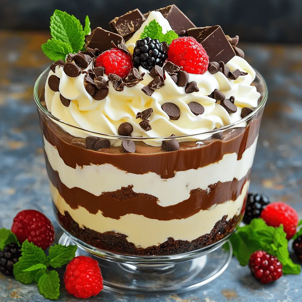 When making a Triple-Chocolate Trifle, you will need some key ingredients. Each one adds to the rich and creamy delight of this dessert. Here’s what you’ll need: - 1 cup dark chocolate pudding - 1 cup milk chocolate pudding - 1 cup white chocolate pudding - 2 cups whipped cream (store-bought for ease or homemade for a special touch) - 1 package chocolate cake mix (prepared as per the package instructions and cooled) - 1 cup chocolate chips (select semi-sweet or dark based on your taste) - 1 cup chocolate shavings (to make it look fancy) - Optional: fresh berries (like raspberries or strawberries) or mint leaves for a pretty garnish These ingredients come together to create layers of flavor and texture. Each chocolate pudding brings a unique taste. The whipped cream adds lightness. The chocolate cake provides a sturdy base. Feel free to mix and match with the optional garnishes for a personal touch. For the full recipe with instructions, check the [Full Recipe]. 1. Baking the cake: Start by baking the chocolate cake mix as the package says. Use your favorite chocolate cake mix for the best taste. Make sure to follow the steps carefully. The cake should bake until it’s springy to the touch. 2. Cooling and cutting the cake: Once the cake is done, take it out and let it cool. This is important! If the cake is hot, the layers will not hold well. When it’s cool, cut it into small cubes. You can also crumble it for a different texture. 1. First layer with chocolate cake cubes: In a big trifle dish or individual cups, start with the cake cubes. Spread them evenly across the bottom. This is the base of your trifle. 2. Adding pudding and whipped cream layers: Next, spoon a layer of dark chocolate pudding over the cake. Make sure it covers the cake fully. After pudding, add a layer of whipped cream. Use a spatula to smooth it out nicely. 3. Final assembly of the trifle: Repeat the layers! Add another layer of cake, then milk chocolate pudding, followed by whipped cream. Finish with one more layer of cake and top it with white chocolate pudding. For the final touch, add a big layer of whipped cream on top. Sprinkle chocolate chips and shavings to make it look fancy. 1. Importance of chilling the trifle: Place your trifle in the fridge. Let it chill for at least 2 hours. Chilling helps the layers bond together and makes the flavors pop. 2. Garnishing before serving: Just before serving, add fresh berries or mint leaves on top. This gives a bright look and a fresh taste to your dessert. Enjoy every bite of your triple-chocolate trifle! For the detailed recipe, check the Full Recipe. To make your triple-chocolate trifle shine, use different types of chocolate. Each chocolate adds its own flavor and richness. Dark chocolate offers a bold taste, while milk chocolate is sweet and creamy. White chocolate provides a smooth finish. You can mix and match to find your favorite combination! When it comes to whipped cream, you have a choice. Store-bought whipped cream is quick and easy. It saves time, especially when you’re in a hurry. But homemade whipped cream gives a personal touch. It is fresher and can be sweeter. Making it at home is a fun task too! Serving your trifle in individual glasses makes it special. It looks fancy and is easy to grab. Plus, each person gets their own treat! You can also layer the ingredients in clear cups. This way, everyone can see the beautiful layers of chocolate. For garnishing, think outside the box! Use chocolate shavings for an elegant look. Fresh berries add a pop of color and taste. Mint leaves give a refreshing twist. You can even drizzle chocolate sauce on top for extra flair! One common mistake is layering too thickly. If your layers are too thick, they can slide and mix together. Make sure each layer is even and manageable. This keeps the trifle looking neat and distinct. Another mistake is not chilling long enough. Chilling is key to setting the layers. If you don’t chill it for at least two hours, the trifle won’t hold its shape. The flavors also blend better when chilled. So, be patient and let it rest! For the full recipe, refer to the section above. Enjoy creating your delightful dessert! {{image_4}} You can easily change up the flavors in your trifle. Try using flavored puddings like vanilla or caramel. These add a fun twist to the classic chocolate taste. You can also add a splash of liqueur for a grown-up treat. Flavored liqueurs, like coffee or hazelnut, can enhance the chocolate flavors. Just be careful with the amounts; a little goes a long way! Making this trifle fit your diet is simple. For a gluten-free option, choose a chocolate cake mix that is gluten-free. Many brands offer tasty mixes that work well. If you need dairy-free choices, you can find plant-based puddings and whipped creams. Almond or coconut milk puddings can add great flavor. You can switch up your trifle for different seasons. For winter holidays, add peppermint flavor to your layers. You can use crushed candy canes or peppermint extract. In the fall, try pumpkin spice pudding for a cozy touch. During summer, mix in fresh fruits like peaches or tropical fruits. This adds color and flavor that brightens up your dessert. For the full recipe, refer to the [Full Recipe]. Enjoy crafting your unique version of this delightful dessert! To keep your triple-chocolate trifle fresh, store it in the fridge. Use an airtight container or cover it well with plastic wrap. This helps prevent drying out and allows the flavors to mix nicely. Your trifle can stay fresh for about 3 to 4 days in the fridge. After this time, the texture may change, and the flavors might fade. Can you freeze a trifle? Yes, but it’s tricky. Freezing can change the texture of the whipped cream and pudding. If you plan to freeze it, only freeze the cake layers. Store the puddings and whipped cream separately. When you’re ready, thaw the cake in the fridge overnight. To reassemble, layer the thawed cake with fresh pudding and whipped cream. This keeps your trifle’s taste and look at their best. Got leftover trifle? Repurpose it into a delicious parfait! Layer leftovers in a cup with fresh fruit or yogurt. This adds a new twist and makes a fun snack. You can also mix flavors for a unique treat. Try adding a scoop of ice cream to your trifle for a chocolate sundae spin. The options are endless! To make homemade chocolate pudding, you need simple ingredients. Here’s what you need: - 2 cups milk - 1/2 cup sugar - 1/3 cup cocoa powder - 1/4 cup cornstarch - 1/4 teaspoon salt - 1 teaspoon vanilla extract - 2 tablespoons butter 1. In a pot, mix the cocoa, sugar, cornstarch, and salt. 2. Gradually add milk and stir until smooth. 3. Cook over medium heat, stirring often. 4. Once it thickens, remove from heat. 5. Stir in butter and vanilla. 6. Let it cool before using. This pudding adds a rich taste to your triple-chocolate trifle! Yes! You can prepare the trifle a day ahead. Just follow these tips: - Layer the trifle as usual. - Cover it tightly with plastic wrap. - Chill it in the fridge overnight. This gives the flavors time to meld, making it even tastier! Transporting a trifle can be simple. Here are some ideas: - Use a trifle dish with a lid. - If you don’t have a lid, cover it with plastic wrap. - Alternatively, use individual cups for easy serving. This way, your dessert stays intact and looks great! To keep your layers separate, try these techniques: - Make sure each layer is set before adding the next one. - Use thicker layers of whipped cream between puddings. - Chill the trifle for a couple of hours before serving. This helps maintain those beautiful layers in your dessert! This post covered making a delicious chocolate trifle. We discussed ingredients and step-by-step instructions. You learned tips to perfect your trifle and avoid common mistakes. There are also variations to fit your taste and dietary needs. In closing, making a chocolate trifle is rewarding and fun. You can impress friends and family with your creation. Enjoy this treat, and let your creativity shine!