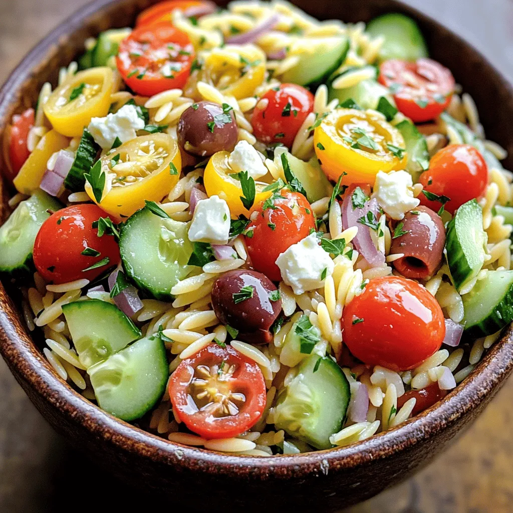 - 1 cup orzo pasta - 1 cup cherry tomatoes, halved - 1 cucumber, diced The main stars of this salad are the orzo, cherry tomatoes, and cucumber. Orzo adds a fun shape and texture. Cherry tomatoes give sweetness, and cucumbers add a fresh crunch. - 1/2 red onion, finely chopped - 1/2 cup Kalamata olives, pitted and sliced - 1/2 cup feta cheese, crumbled The red onion gives a mild bite, while Kalamata olives add a salty flavor. Crumbled feta cheese brings creaminess and tang to the dish. These ingredients mix well with the pasta and veggies. - 4 tablespoons extra virgin olive oil - 2 tablespoons fresh lemon juice - 1 teaspoon dried oregano For the dressing, olive oil adds richness. Fresh lemon juice brightens the flavors. Dried oregano gives an earthy taste, making the salad feel Mediterranean. You will want to drizzle this dressing over the salad for a tasty finish. I recommend checking the [Full Recipe] for exact steps to bring all these ingredients together. Start by bringing a large pot of salted water to a boil. This is key for flavor. Once it boils, add 1 cup of orzo pasta. Cook it for about 8-10 minutes until it is al dente. You want it firm, not mushy. After cooking, drain the orzo in a colander. Rinse it under cold water to stop the cooking. This step cools the pasta and keeps it from sticking. Now, grab a large mixing bowl. Combine the cooled orzo with your veggies and cheese. Use 1 cup of halved cherry tomatoes, 1 diced cucumber, 1/2 finely chopped red onion, 1/2 cup sliced Kalamata olives, and 1/2 cup crumbled feta cheese. Toss in 1/4 cup of chopped fresh parsley too. Mix gently but well. Make sure every ingredient is evenly distributed. This ensures each bite is full of flavor. In a small bowl, whisk together 4 tablespoons of extra virgin olive oil, 2 tablespoons of fresh lemon juice, and 1 teaspoon of dried oregano. Add a pinch of salt and pepper for taste. Mix until the dressing is smooth and slightly thick. Drizzle this dressing over your salad. Toss gently again to coat all the ingredients. Taste the salad and adjust the seasoning. You can add more salt or pepper if you like. Let the salad sit for 15-20 minutes. This time helps the flavors blend well together. Check out the [Full Recipe] for more details! For a stunning presentation, serve your Mediterranean orzo pasta salad in a large, colorful bowl. You can also use individual plates for a personal touch. Add a few whole Kalamata olives on top, and sprinkle extra feta cheese for that vibrant look. Serve the salad chilled; it tastes best at a cool temperature. Letting your salad rest is key. After mixing, cover it and let it sit for about 15-20 minutes. This resting time helps the flavors blend well. If you have leftovers, you can enjoy them later. Just add a little olive oil or lemon juice to freshen up the taste. Be careful when cooking the orzo. If you overcook it, the pasta will become mushy. Always check for that perfect al dente texture. Also, don't skip the resting period. This step is crucial for developing the best flavor in your salad. Following these tips will enhance your dish and make it truly delightful. For the complete recipe, you can refer to the Full Recipe. {{image_4}} If you can't find orzo, use quinoa or couscous. Both options work well and add unique textures. For feta cheese, try goat cheese or a dairy-free alternative. These swaps change the taste but keep the dish fresh. Adding proteins can make this salad heartier. You can include grilled chicken or shrimp for a tasty boost. Chickpeas also work well for a vegetarian option. Make sure to balance the flavors. Season your proteins to match the salad's Mediterranean vibe. You can explore other dressings for variety. Balsamic vinaigrette adds a sweet touch. A yogurt-based dressing offers creaminess without heaviness. Adjust the flavors with fresh herbs like basil or mint. Each dressing option gives a new twist to the dish. For the full recipe, check out the Mediterranean Orzo Pasta Salad. To keep your Mediterranean orzo pasta salad fresh, use an airtight container. Glass containers work best as they do not retain odors. Store the salad in the fridge. It stays fresh for about three to five days. Make sure to cover it tightly to keep moisture in. You can freeze orzo pasta salad, but it's not the best option for taste. If you choose to freeze it, place the salad in a freezer-safe container. Keep it in the freezer for up to three months. When you thaw it, expect some texture changes. The vegetables may become a bit mushy, but the flavor will still be good. When warming up the salad, do it gently. You can use the microwave on low heat. Stir it every 30 seconds to keep everything even. Avoid high heat; it can ruin the pasta's texture. If you want to keep the fresh ingredients intact, serve it cold or at room temperature. It tastes best that way! You can keep this salad in the fridge for about three to five days. After that, the veggies may lose their crunch. Signs of spoilage include a bad smell or visible mold. Always check before eating. Yes, you can use whole wheat orzo. It adds a nutty flavor and more fiber. Whole wheat pasta cooks differently, so watch the cooking time. It may take a few minutes longer to reach al dente. To make it more filling, add ingredients like chickpeas, grilled chicken, or diced avocado. These options boost protein and healthy fats. You can also toss in more veggies like bell peppers or artichoke hearts. Absolutely! This salad is perfect for meal prep. Make it ahead of time and store it in the fridge. Just keep the dressing separate until you're ready to eat. This keeps everything fresh and tasty. For the full recipe, check the section above! Mediterranean Orzo Pasta Salad is a flavorful and easy dish to make. You start with orzo, fresh vegetables, and a simple dressing. You can customize it with proteins and other dressings. Remember, let the salad rest for the best flavor. Store leftovers in the fridge, and enjoy them for days. This salad is great for meal prep too. Serve it cold, and impress your guests with a beautiful presentation. Enjoy making your own version of this vibrant dish!